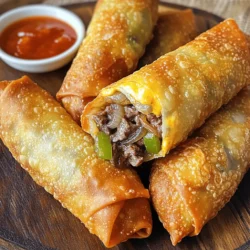 - 1 pound beef steak (ribeye or sirloin), thinly sliced - 1 medium onion, thinly sliced - 1 green bell pepper, thinly sliced - 2 cups shredded provolone cheese - 1 package egg roll wrappers - 2 tablespoons olive oil - Salt and pepper to taste - 1 teaspoon garlic powder - 1 teaspoon Italian seasoning - Oil for frying (vegetable or canola) When you gather these ingredients, you set the stage for a delicious treat. The beef steak brings flavor and richness. The onion and green bell pepper add sweetness and crunch. Provolone cheese melts beautifully, binding everything together. Egg roll wrappers create a crispy, golden shell that holds the filling. Each serving of Cheesy Philly Cheesesteak Egg Rolls contains approximately: - Calories: 250 - Fat: 15g - Protein: 10g - Carbohydrates: 20g This breakdown helps you understand the nutrition in each bite. If you want to switch things up, consider these alternatives: - Instead of beef, try chicken or turkey for a lighter option. - Swap provolone for mozzarella or cheddar for a different taste. - For gluten-free needs, use gluten-free egg roll wrappers. These substitutes keep the spirit of the dish while catering to your tastes or dietary needs. Start by cooking the onions and bell peppers. Heat a large skillet over medium heat and add two tablespoons of olive oil. Once the oil is hot, toss in one medium onion and one green bell pepper, both thinly sliced. Sauté these for about 5-7 minutes. You want them to soften and become slightly caramelized. This step adds great flavor! Next, season the beef with spices. After the veggies are ready, add one pound of thinly sliced beef steak to the skillet. I like to use ribeye or sirloin for the best taste. Season with salt, pepper, one teaspoon of garlic powder, and one teaspoon of Italian seasoning. Stir everything well. Cook the beef until it turns brown, which takes about 3-4 minutes. To ensure the beef cooks evenly, keep stirring. This keeps it from sticking and burning. You want every piece to get that nice brown color. After the beef is browned, check for doneness. The beef should be tender and flavorful. If it tastes good, it’s ready for the next step. Now, let’s add the cheese! Take the skillet off the heat and stir in two cups of shredded provolone cheese. Mix well until the cheese melts and combines with the beef and veggies. Let the mixture cool down a bit before you wrap the egg rolls. To assemble the egg rolls, lay one egg roll wrapper on a clean surface, with a corner facing you. Place about 2-3 tablespoons of the beef and cheese filling in the center. Fold the bottom corner over the filling, then fold in the sides. Roll it up tightly, making sure the filling stays inside. Use a little water to seal the top corner. This helps prevent leaks. Repeat this process with the remaining wrappers and filling. It’s like a little gift wrapped in crispy goodness! Now for the best part: frying! Heat oil in a deep skillet or frying pan over medium-high heat. The oil needs to be hot enough to fry the egg rolls. Aim for about 350°F (175°C). If you drop a small piece of bread in and it bubbles, you are ready! Carefully add the egg rolls in batches, making sure not to overcrowd the pan. Fry until they are golden brown and crispy, which takes about 3-4 minutes on each side. Keep an eye on them. Use a slotted spoon to remove the egg rolls and place them on paper towels. This will help drain any excess oil. For the full recipe, follow the steps and enjoy this tasty treat! To get the crispiest egg rolls, use the right oil and temperature. Heat your oil to 350°F. This helps the egg rolls fry fast, creating a crunchy outside. If the oil is too cool, your egg rolls can turn soggy. Frying in batches is key. If you crowd the pan, the oil cools down. This means less crunch. I usually fry 3-4 egg rolls at a time. This keeps the heat steady. You can also air fry or bake your egg rolls. Air frying gives them a nice crisp without all the oil. Set your air fryer to 400°F. Bake them at 425°F for a healthier twist. Just remember, the texture may be a bit different. When frying, I recommend vegetable or canola oil. These oils have a mild flavor that won’t overpower your filling. Olive oil can be used, too, but its taste is stronger. Pair your egg rolls with tasty dipping sauces. I suggest marinara, ranch, or spicy aioli. Each adds a different kick to your bites. For side dishes, think light and fresh. A simple salad or crispy fries works well. You can also serve them with pickles for a zesty crunch. Enjoy your Cheesy Philly Cheesesteak Egg Rolls with these tasty sides! {{image_2}} You can switch up the meat in your egg rolls. Try chicken, pork, or even turkey. Each meat brings a unique taste to the dish. If you want a veggie twist, use mushrooms, zucchini, or spinach. For a vegetarian or vegan option, swap the meat for beans or tofu. Use vegan cheese to keep it plant-based. This way, you can enjoy a cheesy flavor without the dairy. Want to spice things up? Add hot sauce or Worcestershire sauce to the filling. A dash of these sauces can really kick up the flavor. You can also try mixing in different cheeses. Cheddar, Monterey Jack, or even pepper jack can add a fun twist. Each cheese melts differently and brings its own taste. Experiment with what you like best! If you are looking for something different, consider gluten-free wrappers. They are easy to find and work just as well. You can also make your own wrappers at home. If you want a lighter option, use spring roll wrappers instead. They are thinner and give a nice crunch. No matter what wrapper you choose, the filling will shine through! For the full recipe, check out the details provided earlier! To keep your Cheesy Philly Cheesesteak Egg Rolls fresh, store them in an airtight container. Place parchment paper between layers to avoid sticking. They last in the fridge for about 3 to 4 days. Make sure to cool them to room temperature first. This step prevents condensation, which can make them soggy. You can freeze egg rolls before or after frying. To freeze before frying, wrap them tightly in plastic wrap. Then, place them in a freezer bag. They can stay frozen for up to 3 months. If you freeze them after frying, let them cool first. Then, follow the same wrapping method. To reheat, bake in the oven at 375°F for 15-20 minutes, until crispy. You can also use an air fryer at 350°F for about 10 minutes. Food safety is key for storing your egg rolls. Always refrigerate leftovers within two hours of cooking. Check for signs of spoilage before eating. If they smell off or look discolored, toss them out. Trust your senses! Keeping egg rolls safe to eat helps you enjoy their bold and tasty flavor longer. Yes, you can prep these egg rolls in advance. Make the filling and wrap the egg rolls. Place them on a tray and cover with plastic wrap. Store them in the fridge for up to 24 hours. When ready to eat, simply fry them as usual. If you freeze them, they can last up to a month. Just make sure to thaw them in the fridge before frying for best results. Egg rolls taste great with many dips. Some popular options include: - Marinara sauce - Ranch dressing - Spicy aioli - Sweet chili sauce You can also make a simple soy sauce mix. Just add a splash of vinegar and a pinch of sugar. Leftovers will stay good in the fridge for about 3 days. Keep them in an airtight container to keep them fresh. When you want to eat them, reheat in an oven to keep them crispy. Egg roll wrappers can break for a few reasons: - They may be too dry. Keep them covered until you roll. - You may overfill them. Use just enough filling to close them well. - The oil may be too hot when frying. This can cause them to crack. Be gentle when wrapping and frying to avoid breaks. Yes, you can bake these egg rolls! Preheat your oven to 375°F (190°C). Place the egg rolls on a baking sheet. Brush them lightly with oil. Bake for 20-25 minutes or until golden brown. They will not be as crispy as fried ones, but they will still be tasty. You now have all the steps to make tasty Cheesy Philly Cheesesteak Egg Rolls. We covered the needed ingredients, cooking methods, and storage tips. Remember to try different fillings and cooking methods for a fun twist. Whether frying or baking, these egg rolls can fit any meal. Enjoy the process and share your results with friends. Trust me, they will love these crispy treats!