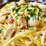 To make Olive Garden Chicken and Shrimp Carbonara, you need fresh and tasty ingredients. Here’s what you’ll need: - 8 oz fettuccine pasta - 1 cup chicken breast, diced - 1 cup shrimp, peeled and deveined - 4 slices of prosciutto, chopped - 1 cup heavy cream - 1 cup parmesan cheese, grated - 2 cloves garlic, minced - 2 tablespoons olive oil - ½ teaspoon black pepper - Salt to taste These ingredients come together to create a creamy, savory sauce that coats the pasta and proteins beautifully. To make your dish even more special, consider adding these garnishes: - Fresh parsley, chopped - Extra parmesan cheese, grated - Red pepper flakes for some heat These garnishes not only add flavor but also make the dish look appealing. You will need some basic kitchen tools to prepare this dish. Gather the following: - Large pot for boiling pasta - Large skillet for cooking proteins and sauce - Colander for draining pasta - Wooden spoon for mixing - Measuring cups and spoons Having the right tools makes cooking easier and more fun. You can find the full recipe linked above for detailed steps. To start, boil a large pot of salted water. Add the fettuccine pasta. Cook it according to the package instructions. You want it to be al dente, which means it should be firm but not hard. This usually takes about 10-12 minutes. Once cooked, drain the pasta. Make sure to keep about half a cup of that pasta water. It’s great for later. Next, grab a large skillet and heat some olive oil over medium heat. Add the diced chicken to the skillet. Cook the chicken for about 5-7 minutes until it’s nice and brown. Make sure it cooks all the way through. Once done, remove the chicken and set it aside. In the same skillet, toss in the chopped prosciutto. Cook it for about 2-3 minutes until it gets crispy. After that, add the shrimp and minced garlic. Cook until the shrimp turns pink, which takes about 3-4 minutes. Remove everything from the skillet and set it aside again. Now, lower the heat on the skillet and add the heavy cream. Stir it gently to mix with the flavorful drippings. Gradually add in the grated parmesan cheese while stirring. This helps the cheese melt smoothly. Keep stirring until the sauce thickens a bit. It should become rich and creamy. It’s time to bring it all together! Add the cooked fettuccine, chicken, and shrimp back into the skillet. Toss everything in that creamy sauce, mixing well. If the sauce seems too thick, add some of the reserved pasta water until you reach the desired consistency. Finally, season with salt and black pepper to taste. Make sure everything is coated evenly. For an extra touch, garnish with fresh chopped parsley before serving. Enjoy your Olive Garden Chicken and Shrimp Carbonara Delight! To cook fettuccine the right way, start with a big pot. Use plenty of water and add salt. This helps flavor the pasta. Bring the water to a boil before adding the fettuccine. Stir the pasta to keep it from sticking. Cook it until just al dente, which means firm but not hard. This usually takes about 10 minutes. Always save some pasta water. It helps make the sauce creamy later. The sauce for this dish needs to be creamy and thick. Start by heating the heavy cream in the skillet over low heat. Add parmesan cheese slowly while stirring. This helps the cheese melt evenly. If the sauce is too thick, add a little pasta water. This will help loosen it up. Taste the sauce as you go and adjust with salt and pepper. The goal is a smooth, rich sauce that coats the pasta well. To boost flavor, consider adding a pinch of red pepper flakes. This gives a nice kick. Fresh herbs like basil or thyme can also add a lovely aroma. You can even squeeze a little lemon juice for brightness. If you like garlic, add more minced garlic when cooking the shrimp. Each small change can make a big difference in taste. {{image_2}} You can easily adjust this dish for different diets. For a gluten-free version, swap fettuccine for gluten-free pasta. If you're dairy-free, use coconut cream instead of heavy cream. You can also use nutritional yeast in place of parmesan for a cheesy flavor without dairy. These swaps keep the dish tasty while meeting dietary needs. Adding vegetables boosts nutrition and flavor. Try mixing in spinach, peas, or sun-dried tomatoes. You can also use bell peppers or zucchini for a fresh twist. Sauté them briefly with the chicken and prosciutto. This keeps the veggies crisp and colorful, making your meal even more appealing. Feel free to change the proteins in your carbonara. Instead of chicken and shrimp, use salmon or scallops for a seafood twist. You can also go vegetarian by using mushrooms or tofu. Each protein brings a unique flavor, letting you enjoy a new dish every time. To store your Olive Garden Chicken and Shrimp Carbonara, let it cool first. Use an airtight container for best results. Place the dish in the fridge. It will stay fresh for about three days. Make sure to label the container with the date. This way, you remember when you made it. When you are ready to eat, take out the leftovers. Place them in a skillet over low heat. Add a splash of water or cream to keep it moist. Stir gently until it’s hot all the way through. You can also use the microwave. Heat in short bursts, stirring in between. This keeps the dish from drying out. If you want to keep it longer, freezing is a great option. Portion the carbonara into smaller containers. This helps with quick meals later. Make sure to leave some space at the top of the container. The sauce will expand as it freezes. When ready to eat, thaw it in the fridge overnight. Then, reheat as mentioned above. Enjoy your creamy delight later on! Olive Garden Chicken and Shrimp Carbonara is a creamy pasta dish. It features fettuccine, chicken, and shrimp. The sauce blends heavy cream, parmesan cheese, and garlic. This dish has a rich flavor and a comforting texture. You can enjoy it as a main course. Yes, you can make Chicken and Shrimp Carbonara ahead of time. Cook the pasta and proteins, then mix them with the sauce before serving. Store it in the fridge in an airtight container. When ready to eat, just reheat it on low heat. You can easily customize this dish. Try using different proteins, like bacon or veggies. Add more garlic for extra flavor. You can also use whole wheat pasta for a healthy twist. Adjust the cheese type for a unique taste. Several sides go well with this dish. You can serve a fresh garden salad for crunch. Garlic bread is a classic choice that complements the meal. Steamed vegetables can add some color and health benefits. The nutritional value varies based on the ingredients used. On average, one serving has about 600 calories. It contains protein from chicken and shrimp. The heavy cream and cheese add fats and calcium. Keep this in mind if you watch your diet. You can find the Full Recipe in this article. It has all the steps and ingredients you need to create this tasty dish. You now have all the steps to make Olive Garden Chicken and Shrimp Carbonara. We covered the key ingredients, cooking methods, and even tips for the best results. Remember, you can tweak the recipe to fit your palate or dietary needs. With these methods, you’ll impress everyone at the dinner table. Enjoy your delicious meal!