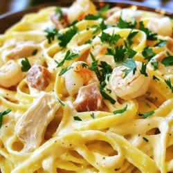 To make Olive Garden Chicken and Shrimp Carbonara, you need fresh and tasty ingredients. Here’s what you’ll need: - 8 oz fettuccine pasta - 1 cup chicken breast, diced - 1 cup shrimp, peeled and deveined - 4 slices of prosciutto, chopped - 1 cup heavy cream - 1 cup parmesan cheese, grated - 2 cloves garlic, minced - 2 tablespoons olive oil - 1/2 teaspoon black pepper - Salt to taste These ingredients come together to create a creamy, savory sauce that coats the pasta and proteins beautifully. To make your dish even more special, consider adding these garnishes: - Fresh parsley, chopped - Extra parmesan cheese, grated - Red pepper flakes for some heat These garnishes not only add flavor but also make the dish look appealing. You will need some basic kitchen tools to prepare this dish. Gather the following: - Large pot for boiling pasta - Large skillet for cooking proteins and sauce - Colander for draining pasta - Wooden spoon for mixing - Measuring cups and spoons Having the right tools makes cooking easier and more fun. You can find the full recipe linked above for detailed steps. To start, boil a large pot of salted water. Add the fettuccine pasta. Cook it according to the package instructions. You want it to be al dente, which means it should be firm but not hard. This usually takes about 10-12 minutes. Once cooked, drain the pasta. Make sure to keep about half a cup of that pasta water. It’s great for later. Next, grab a large skillet and heat some olive oil over medium heat. Add the diced chicken to the skillet. Cook the chicken for about 5-7 minutes until it’s nice and brown. Make sure it cooks all the way through. Once done, remove the chicken and set it aside. In the same skillet, toss in the chopped prosciutto. Cook it for about 2-3 minutes until it gets crispy. After that, add the shrimp and minced garlic. Cook until the shrimp turns pink, which takes about 3-4 minutes. Remove everything from the skillet and set it aside again. Now, lower the heat on the skillet and add the heavy cream. Stir it gently to mix with the flavorful drippings. Gradually add in the grated parmesan cheese while stirring. This helps the cheese melt smoothly. Keep stirring until the sauce thickens a bit. It should become rich and creamy. It’s time to bring it all together! Add the cooked fettuccine, chicken, and shrimp back into the skillet. Toss everything in that creamy sauce, mixing well. If the sauce seems too thick, add some of the reserved pasta water until you reach the desired consistency. Finally, season with salt and black pepper to taste. Make sure everything is coated evenly. For an extra touch, garnish with fresh chopped parsley before serving. Enjoy your Olive Garden Chicken and Shrimp Carbonara Delight! To cook fettuccine the right way, start with a big pot. Use plenty of water and add salt. This helps flavor the pasta. Bring the water to a boil before adding the fettuccine. Stir the pasta to keep it from sticking. Cook it until just al dente, which means firm but not hard. This usually takes about 10 minutes. Always save some pasta water. It helps make the sauce creamy later. The sauce for this dish needs to be creamy and thick. Start by heating the heavy cream in the skillet over low heat. Add parmesan cheese slowly while stirring. This helps the cheese melt evenly. If the sauce is too thick, add a little pasta water. This will help loosen it up. Taste the sauce as you go and adjust with salt and pepper. The goal is a smooth, rich sauce that coats the pasta well. To boost flavor, consider adding a pinch of red pepper flakes. This gives a nice kick. Fresh herbs like basil or thyme can also add a lovely aroma. You can even squeeze a little lemon juice for brightness. If you like garlic, add more minced garlic when cooking the shrimp. Each small change can make a big difference in taste. {{image_2}} You can easily adjust this dish for different diets. For a gluten-free version, swap fettuccine for gluten-free pasta. If you're dairy-free, use coconut cream instead of heavy cream. You can also use nutritional yeast in place of parmesan for a cheesy flavor without dairy. These swaps keep the dish tasty while meeting dietary needs. Adding vegetables boosts nutrition and flavor. Try mixing in spinach, peas, or sun-dried tomatoes. You can also use bell peppers or zucchini for a fresh twist. Sauté them briefly with the chicken and prosciutto. This keeps the veggies crisp and colorful, making your meal even more appealing. Feel free to change the proteins in your carbonara. Instead of chicken and shrimp, use salmon or scallops for a seafood twist. You can also go vegetarian by using mushrooms or tofu. Each protein brings a unique flavor, letting you enjoy a new dish every time. To store your Olive Garden Chicken and Shrimp Carbonara, let it cool first. Use an airtight container for best results. Place the dish in the fridge. It will stay fresh for about three days. Make sure to label the container with the date. This way, you remember when you made it. When you are ready to eat, take out the leftovers. Place them in a skillet over low heat. Add a splash of water or cream to keep it moist. Stir gently until it’s hot all the way through. You can also use the microwave. Heat in short bursts, stirring in between. This keeps the dish from drying out. If you want to keep it longer, freezing is a great option. Portion the carbonara into smaller containers. This helps with quick meals later. Make sure to leave some space at the top of the container. The sauce will expand as it freezes. When ready to eat, thaw it in the fridge overnight. Then, reheat as mentioned above. Enjoy your creamy delight later on! Olive Garden Chicken and Shrimp Carbonara is a creamy pasta dish. It features fettuccine, chicken, and shrimp. The sauce blends heavy cream, parmesan cheese, and garlic. This dish has a rich flavor and a comforting texture. You can enjoy it as a main course. Yes, you can make Chicken and Shrimp Carbonara ahead of time. Cook the pasta and proteins, then mix them with the sauce before serving. Store it in the fridge in an airtight container. When ready to eat, just reheat it on low heat. You can easily customize this dish. Try using different proteins, like bacon or veggies. Add more garlic for extra flavor. You can also use whole wheat pasta for a healthy twist. Adjust the cheese type for a unique taste. Several sides go well with this dish. You can serve a fresh garden salad for crunch. Garlic bread is a classic choice that complements the meal. Steamed vegetables can add some color and health benefits. The nutritional value varies based on the ingredients used. On average, one serving has about 600 calories. It contains protein from chicken and shrimp. The heavy cream and cheese add fats and calcium. Keep this in mind if you watch your diet. You can find the Full Recipe in this article. It has all the steps and ingredients you need to create this tasty dish. You now have all the steps to make Olive Garden Chicken and Shrimp Carbonara. We covered the key ingredients, cooking methods, and even tips for the best results. Remember, you can tweak the recipe to fit your palate or dietary needs. With these methods, you’ll impress everyone at the dinner table. Enjoy your delicious meal!