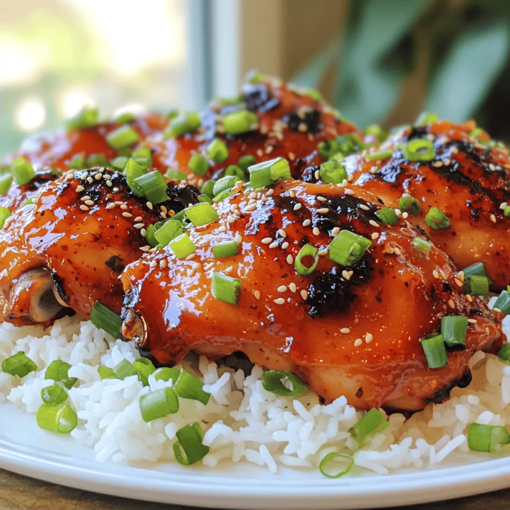 - 1.5 lbs chicken thighs, boneless and skinless - 2 tablespoons gochujang (Korean red chili paste) - 1 tablespoon gochugaru (Korean red chili flakes) - 3 tablespoons soy sauce - 2 tablespoons honey or maple syrup - 2 cloves garlic, minced - 1-inch piece ginger, grated - 1 tablespoon sesame oil The chicken thighs are perfect for this dish. They stay juicy and tender when cooked. The gochujang and gochugaru bring heat and depth. Soy sauce adds salt and umami, while honey gives a sweet touch. Garlic and ginger add great flavor, and sesame oil gives a nice finish. - Chopped green onions - Sesame seeds - Suggestions for side dishes like kimchi or pickled vegetables Using green onions and sesame seeds as garnishes makes the dish pop. They add color and crunch. You can also serve it with kimchi or pickled veggies for extra taste and texture. These sides balance the heat and make your meal complete. For the full recipe, check the instructions to create this spicy delight! To make the marinade, grab a large mixing bowl. Add 2 tablespoons of gochujang, 1 tablespoon of gochugaru, and 3 tablespoons of soy sauce. Then, pour in 2 tablespoons of honey or maple syrup. Next, add 2 cloves of minced garlic, a 1-inch piece of grated ginger, and 1 tablespoon of sesame oil. Mix all these ingredients well until they form a smooth paste. This marinade gives the chicken its spicy and sweet flavor. Take 1.5 lbs of boneless, skinless chicken thighs and place them in the bowl with the marinade. Make sure each piece is well-coated. Cover the bowl with plastic wrap and let it sit in the fridge for at least 30 minutes. For even better flavor, you can marinate it overnight. The longer it sits, the more flavor it gets. You can choose between grilling or pan-searing the chicken. Grilling gives a nice smoky flavor, while pan-searing offers a great crust. Preheat your grill or skillet over medium-high heat. If you use a skillet, add a splash of oil to avoid sticking. Cook the chicken thighs for about 5-7 minutes on each side. The chicken should reach an internal temperature of 165°F (75°C). Let it rest for a few minutes before slicing. This step keeps the chicken juicy. Serve it over jasmine rice for a delicious meal. Check out the Full Recipe for more details! To make your Spicy Korean Chicken taste amazing, marination is key. Let the chicken soak in the marinade for at least 30 minutes. If you can, marinate overnight. This lets the flavors really sink in. For spice levels, start with the recipe’s amounts. If you want it spicier, add more gochujang or gochugaru. If you prefer less heat, reduce these ingredients. Taste as you go; adjust the flavors to suit your liking! To achieve a nice char, preheat your grill or skillet. This step is crucial! For grilling, oil the grill grates lightly. For skillet cooking, add a splash of oil to prevent sticking. Cook the chicken for about 5-7 minutes per side. Look for a golden brown color. An air fryer also works well. Cook at 375°F for 12-15 minutes. Check that your chicken reaches an internal temperature of 165°F. Serve your spicy chicken over cooked jasmine rice for a delicious meal. You can add sides like pickled vegetables or kimchi for extra flavor and crunch. For a beautiful presentation, arrange the chicken on top of the rice. Sprinkle with chopped green onions and sesame seeds. This adds color and makes the dish look gourmet. If you want, serve with extra sauce on the side for dipping. Enjoy your tasty creation! {{image_2}} You can make this recipe fit your needs. If you are gluten-free, use gluten-free soy sauce. It gives similar flavor. If you prefer different proteins, swap chicken thighs for chicken breast or try tofu. Tofu is great for a plant-based option. It absorbs the marinade well and cooks nicely. Want it milder? Use less gochujang and gochugaru. You can also add some sugar to balance the heat. For more spice, add red pepper flakes or fresh chili. Adjust the heat to suit your taste. Remember, you can always add more spice, but you can't take it away! Serve the spicy chicken in a wrap or salad for fun. You can use lettuce leaves for wraps. Add fresh veggies like cucumbers or carrots for crunch. For a bowl, layer the chicken over rice and top with seasonal veggies. This adds color and freshness to your meal. Enjoy this recipe with its many variations! For the full recipe, check the earlier section. After you finish your spicy Korean chicken, let it cool. Place leftovers in an airtight container. Store it in the fridge for up to three days. This keeps the chicken fresh and tasty. If you want to enjoy it later, remember to keep it sealed. This way, it won't soak up other fridge smells. To freeze portions for future meals, start with the cooled chicken. Cut it into smaller pieces for easy use. Place it in a freezer bag or container. Squeeze out the air before sealing. Label the bag with the date. You can freeze the chicken for up to three months. When you're ready to eat, just thaw it in the fridge overnight. When reheating, keep the chicken moist and flavorful. You can use the microwave, but it may dry out. Instead, try a skillet or oven. For a skillet, add a bit of water or broth, cover it, and heat on low. If using an oven, preheat to 350°F. Heat for about 10-15 minutes. This will help the chicken stay juicy. Enjoy your meal again with that same great taste! If you need a substitute for gochujang, you can use sriracha or chili paste. These options bring some heat, but they change the flavor a bit. You can mix in a little sugar to mimic the sweetness of gochujang. Yes, you can use chicken breast. However, chicken thighs are juicier and more tender. Breasts can dry out faster when cooked. If you use breasts, watch the cooking time closely. You can marinate the chicken for at least 30 minutes. For best flavor, aim for 2 to 4 hours. If you have time, an overnight marinate works wonders for taste. Some great side dishes are: - Kimchi: A spicy, fermented cabbage dish. - Pickled vegetables: These add a nice crunch. - Steamed broccoli: For a fresh veggie option. These sides balance the heat of the chicken. Serve the chicken on a large plate over jasmine rice. Slice the chicken into strips for easy eating. Add green onions and sesame seeds for color. This makes the dish look great and taste even better. For the full recipe, check out the details above. In this article, we explored how to create Spicy Korean Chicken from scratch. You learned about key ingredients, how to prepare the marinade, and different cooking methods. Tips for flavor and serving options made the dish even better. Don't forget variations to meet your preferences. Proper storage keeps leftovers fresh for later enjoyment. With these steps and ideas, you can make a savory and satisfying meal anytime. Now, it’s time to fire up your kitchen and enjoy this delicious dish!