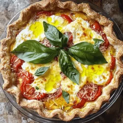 - 1 pre-made pie crust (9-inch) - 4 large ripe tomatoes, sliced - 1 cup shredded mozzarella cheese - 1 cup ricotta cheese - 1/2 cup grated Parmesan cheese - 1/4 cup fresh basil, chopped - 2 cloves garlic, minced - 1 tablespoon olive oil - 1 teaspoon dried oregano - Salt and pepper to taste - 1 egg (beaten, for egg wash) For this cheesy delight, precise measurements make a big difference. Use one pre-made pie crust, which saves time. Slice four large ripe tomatoes for the best flavor. I like to use one cup each of shredded mozzarella and ricotta cheeses. You will need half a cup of grated Parmesan for that extra kick. Add a quarter cup of fresh basil to brighten the dish. Two cloves of minced garlic will add depth. Use one tablespoon of olive oil for a rich taste. One teaspoon of dried oregano complements the tomatoes well. Don’t forget salt and pepper to taste. Finally, beat one egg to brush on the crust for a golden finish. You can swap ingredients based on what you have. For the pie crust, you can use a homemade version if you prefer. If fresh tomatoes aren’t available, canned tomatoes work too. Instead of ricotta, you can try cottage cheese for a lighter option. Feel free to mix different cheeses, like cheddar or fontina, for unique flavors. If you don’t have fresh basil, dried basil or Italian seasoning makes a good substitute. You can also add a bit of heat by including red pepper flakes or jalapeños. Adjust the recipe to fit your taste and pantry! First, take your pre-made pie crust out of the package. Roll it out gently on a clean surface. Place the crust in a 9-inch pie dish. Press it into the dish and trim any extra crust. Make sure the crust fits snugly. This helps hold all the yummy filling inside. Next, slice your ripe tomatoes into thin rounds. Lay the tomato slices evenly in the pie crust. Make sure to slightly overlap them for a nice look. In a bowl, mix the ricotta cheese, half of the mozzarella, and Parmesan. Add basil, garlic, oregano, salt, and pepper. Stir until everything is well blended. Spread this mixture over the tomatoes. Top with the rest of the mozzarella for extra cheesiness. Now, drizzle olive oil over the top. Brush the edges of the pie crust with a beaten egg. This gives a golden color when baked. Preheat your oven to 400°F (200°C). Bake the pie for 30-35 minutes. The cheese should be bubbly, and the crust should be golden brown. Once done, let it cool for about 10 minutes before slicing. This step helps the filling set. Enjoy your Cheesy Tomato Pie! For the full recipe, check out the complete list above. To get that golden crust, you must preheat your oven to 400°F (200°C). This heat makes the crust crisp and brown. Brush the edges with a beaten egg. It gives a nice shine and color. Bake for 30-35 minutes. Watch closely. You want it bubbly and golden, not burnt. One common mistake is not slicing the tomatoes correctly. Slice them too thick, and they won't cook well. Also, don't skip the salt. It draws out moisture from the tomatoes. Too much moisture can make your pie soggy. Lastly, avoid using cold ingredients. Room temperature cheese blends better. Use a good pie dish. A metal dish gives the best heat. A rolling pin helps roll the crust evenly. A sharp knife is key for slicing tomatoes. You might also want a pastry brush. It makes egg washing easy. A nice cutting board helps with prep too. Check out the Full Recipe for more details! {{image_2}} You can mix and match cheeses for your Cheesy Tomato Pie. I love using mozzarella for its meltiness. Try adding provolone for a sharper taste. You could also use feta for a tangy twist. Remember, the cheese you pick shapes the pie's flavor. Experimenting with different cheeses can surprise your taste buds. Adding protein makes this dish even heartier. Crispy bacon bits bring a smoky flavor. You can also use cooked ham for a nice saltiness. If you prefer, try cooked sausage for a spicy kick. Just sprinkle your chosen protein over the cheese layers. This step adds flavor while making your pie more filling. Feel free to add seasonal vegetables to your pie. Fresh spinach works well for a pop of color and nutrition. Zucchini slices or bell peppers add crunch and sweetness. You could also add roasted red peppers for a smoky taste. Just make sure to slice them thinly to ensure they cook through. These veggies not only boost flavor but also make the dish more colorful and vibrant. For the full recipe, check out the complete instructions above. After you enjoy your Cheesy Tomato Pie, let it cool. Place any leftover pie in an airtight container. You can also cover it tightly with plastic wrap. This keeps it fresh and tasty for later. Store it in the fridge for up to three days. To reheat the pie, preheat your oven to 350°F (175°C). Place the pie on a baking sheet. Cover it with foil to keep the top from burning. Heat for about 15-20 minutes, or until it is warm all the way through. You can also use a microwave, but it may make the crust soft. You can freeze Cheesy Tomato Pie for up to three months. First, let it cool completely. Wrap it tightly in plastic wrap and then in foil. This keeps out air and prevents freezer burn. When you are ready to eat, thaw it in the fridge overnight. Reheat as mentioned above. Enjoy this delicious dish whenever you like! For the full recipe, click here: [Full Recipe]. Cheesy Tomato Pie pairs well with a fresh salad. A simple green salad adds crunch. You can also serve it with garlic bread for a hearty meal. Try pairing it with roasted veggies for a colorful plate. A light soup, like tomato basil, complements the flavors too. For drinks, a glass of chilled lemonade or iced tea works great. Yes, you can make Cheesy Tomato Pie ahead of time. Prepare it a day in advance. Once you assemble the pie, cover it and store it in the fridge. Bake it the next day for a quick dinner. If you want to store leftovers, keep them in an airtight container. Reheat slices in the oven to keep the crust crispy. To make Cheesy Tomato Pie gluten-free, choose a gluten-free pie crust. Many stores offer good options now. You can also make your own crust using almond flour or oats. Ensure that any cheese you use is gluten-free. Check labels for hidden gluten in other ingredients. This way, you can enjoy a tasty, gluten-free meal! For the full recipe, please refer to the detailed instructions provided above. In this post, we explored how to make Cheesy Tomato Pie. We covered the full ingredient list, step-by-step instructions, and helpful tips. You learned variations, storage methods, and even answered common questions. Remember, this dish is versatile. You can change the cheese and add meats or veggies. Keep these tips in mind for a perfect pie. Enjoy your cooking and share your delicious results with others!
