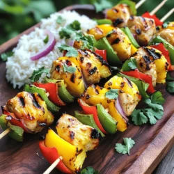 To make tasty pineapple chicken kabobs, you need fresh and quality ingredients. Here’s what you will need: - 1 lb chicken breast, cut into 1-inch cubes - 1 fresh pineapple, peeled, cored, and cut into 1-inch chunks - 1 red bell pepper, cut into 1-inch pieces - 1 green bell pepper, cut into 1-inch pieces - 1 small red onion, cut into wedges - 3 tablespoons soy sauce - 2 tablespoons honey - 2 tablespoons olive oil - 2 cloves garlic, minced - 1 teaspoon grated fresh ginger - 1 teaspoon ground black pepper - Skewers (soaked in water if using wooden skewers) These ingredients work together to create a balance of sweet and savory flavors. The chicken absorbs the marinade well, while the fresh pineapple adds a nice tropical touch. You will need a few basic tools to prepare these kabobs: - A large bowl for marinating - A sharp knife for cutting - A cutting board - Skewers for grilling - A grill or grill pan for cooking - Tongs to flip the kabobs Having these tools ready makes the cooking process smooth and easy. If you want to boost the taste of your kabobs, consider adding these optional ingredients: - Fresh herbs like cilantro or parsley for garnish - Lime or lemon juice for a zesty kick - Chili flakes or hot sauce for some heat - Additional vegetables like zucchini or cherry tomatoes Using these extras can help you customize your kabobs to fit your taste. You can find the full recipe to see how to combine these flavors! Start by making the marinade. In a large bowl, mix together the soy sauce, honey, olive oil, minced garlic, grated ginger, and black pepper. This mix adds sweet and savory notes to the chicken. Toss the cubed chicken in the marinade until it is well coated. Cover the bowl with plastic wrap and refrigerate for at least 30 minutes. If you want more flavor, let it marinate for up to 2 hours. While the chicken marinates, prepare the veggies and pineapple. Cut the fresh pineapple into 1-inch chunks. Slice the red and green bell peppers and the red onion into 1-inch pieces as well. Keep the pieces similar in size for even cooking. Once everything is ready, it's time to assemble the kabobs. Preheat your grill to medium-high heat. Take the marinated chicken and thread it onto skewers, alternating with pineapple, red bell pepper, green bell pepper, and red onion. This not only looks good but also adds flavor. Place the skewers on the grill and cook for about 10 to 15 minutes. Turn them occasionally so they cook evenly. Cook until the chicken is no longer pink and has nice grill marks. Once cooked, let them rest for a few minutes before serving. For the full recipe, refer to the instructions provided above. Marinating chicken is key for great flavor. Start with a good marinade mix, like soy sauce, honey, and garlic. These ingredients work well together. Let the chicken soak for at least 30 minutes. For deeper taste, marinate it for up to 2 hours. Always cover the bowl or use a zip-top bag. This keeps the chicken juicy and full of flavor. Grilling kabobs can be easy, but some mistakes can happen. First, make sure your grill is hot before you start. This helps to sear the meat quickly. Do not overcrowd the skewers. Leave some space between the pieces. This ensures even cooking. Also, flip the kabobs often. This lets them cook evenly on all sides. Lastly, avoid pressing down on the kabobs. This can let the juices escape. When serving your kabobs, make them look nice. Use a large platter to show off the colors. Add extra pineapple and bell peppers for a splash of color. For sides, try coconut rice or a fresh green salad. Both pair well with the sweet and savory flavors. You can also add a dipping sauce, like sweet chili sauce, for an extra kick. {{image_2}} You can swap chicken for other meats. Try pork, beef, or shrimp. Each brings a unique taste. Pork has a sweet flavor that pairs well with pineapple. Beef adds a rich, hearty texture. Shrimp cooks fast and absorbs flavors well. You can use the same marinade for these proteins. Just adjust cooking time as needed. If you want a meatless option, use firm tofu. Cut the tofu into cubes like chicken. Marinate it just like the chicken. Add colorful veggies like zucchini, mushrooms, and cherry tomatoes. These will grill beautifully and taste great with the pineapple. Consider adding a sprinkle of sesame seeds for extra crunch. You can change up the marinade for new flavors. Try teriyaki sauce for a sweet and savory taste. For a spicy kick, add sriracha or chili paste. You can also use lemon juice for a zesty twist. Experiment with herbs like basil or cilantro to brighten the dish. Each change makes your kabobs unique and exciting. For the full recipe, check out the Tropical Pineapple Chicken Kabobs section! After enjoying your delicious pineapple chicken kabobs, you may have some left. To store them, let the kabobs cool to room temperature. Then, place them in an airtight container. You can store the kabobs in the fridge for up to three days. This way, you keep the flavors fresh and tasty. When you’re ready to eat your leftover kabobs, reheating is easy. Preheat your oven to 350°F (175°C). Place the kabobs on a baking sheet. Cover them with foil to keep them moist. Heat for about 10-15 minutes, or until hot. You can also reheat them on the grill for a few minutes. This adds a nice char and keeps the taste vibrant. If you want to save kabobs for later, freezing is a great option. First, let them cool completely. Then, wrap each kabob in plastic wrap. Place them in a freezer-safe bag or container. They can last up to three months in the freezer. When you’re ready to eat, thaw them in the fridge overnight. Reheat using the methods mentioned above for a quick meal. For more details, check out the Full Recipe. The best way to cut chicken for kabobs is to use boneless chicken breast. Cut the chicken into 1-inch cubes. This size cooks evenly and stays juicy. Make sure to cut against the grain for tender bites. If you cut with the grain, the meat can be tough. Remember to keep your knife sharp. A good knife helps you cut smoothly. Yes, you can use frozen chicken, but it's better to thaw it first. Frozen chicken needs more time to cook. This can lead to uneven cooking, which is not safe. Thaw chicken in the fridge overnight or use the microwave. Once thawed, cut it into 1-inch cubes, just like fresh chicken. This ensures your kabobs turn out juicy and delicious. To make your kabobs more flavorful, try marinating the chicken longer. A marinade adds depth and taste. I like to marinate for at least 30 minutes. You can also add spices like cumin or paprika to the marinade. Another tip is to use fresh herbs, like cilantro or basil. These add brightness and flavor. Don't forget to mix in some citrus juice for a zesty kick. For the full recipe, check the section above. You learned how to make tasty pineapple chicken kabobs. We covered key ingredients, tools, and optional items to boost flavor. The step-by-step guide helped with marinating, grilling, and serving your kabobs perfectly. Don't forget the tips to avoid common mistakes. You can try different proteins or even veggies for variety. Lastly, proper storage and reheating keep your kabobs delicious. Enjoy your cooking and share this recipe with others for fun meals!