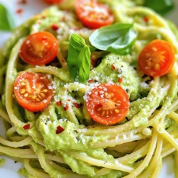 - 2 ripe avocados - 1 medium garlic clove, minced - 2 tablespoons lemon juice - 1/4 cup fresh basil leaves, plus more for garnish - 1/4 cup grated Parmesan cheese (or nutritional yeast for a vegan option) - 2 tablespoons extra virgin olive oil - Salt and pepper to taste - 12 ounces spaghetti or your pasta of choice - Cherry tomatoes, halved (for garnish) - Crushed red pepper flakes (optional, for garnish) To make creamy avocado pasta, you need fresh and simple ingredients. Start with ripe avocados. They should feel soft but not mushy. Garlic adds a nice kick. Lemon juice gives a zesty touch and keeps the avocado from browning. Fresh basil brings a burst of flavor. Parmesan cheese adds richness, but if you want it vegan, use nutritional yeast. Extra virgin olive oil helps blend everything smoothly. Don’t forget salt and pepper; they enhance all the flavors. Choose spaghetti or your favorite pasta type. For a pretty finish, add halved cherry tomatoes and crushed red pepper flakes if you like heat. This recipe is quick and perfect for busy days. You can find the full recipe above. Enjoy cooking this easy and healthy dish! To start, boil a large pot of salted water. Add the spaghetti to the boiling water. Cook it according to the package instructions until it is al dente. This means it should be firm to the bite, not mushy. Once cooked, reserve about 1 cup of pasta water before draining the rest. This water helps to make the sauce creamy later. Grab a blender or food processor. You will use this to make the sauce. Add the ripe avocados, minced garlic, lemon juice, basil leaves, and Parmesan cheese (or nutritional yeast) to the blender. Blend these ingredients until the mixture is smooth and creamy. While blending, slowly drizzle in the olive oil. This helps to mix everything well and makes the sauce rich. Now it’s time to mix the pasta with the sauce. In a large mixing bowl, toss the cooked spaghetti with the creamy avocado sauce. Make sure every strand of pasta is well coated. For serving, divide the pasta into bowls. Top each bowl with halved cherry tomatoes and extra basil leaves for a fresh look. If you like a little heat, add some crushed red pepper flakes on top. Enjoy your delicious meal! For the complete recipe, check out the [Full Recipe]. To pick the best avocados, look for a few key signs. First, check the color. Ripe avocados usually have a dark green to almost black hue. Next, gently squeeze the avocado. It should feel firm but yield slightly to gentle pressure. If it feels mushy, it is overripe. Finally, look at the stem. If it comes off easily and is green underneath, the avocado is ripe. If it is brown, the avocado is likely bad. Sometimes the sauce may be too thick. You can fix this easily. After blending, save some pasta water. Slowly add this water to the sauce while mixing. Add a little at a time until you reach your desired creaminess. This will help you get the perfect texture for your creamy avocado pasta. To make the dish even tastier, try adding extra seasonings. A pinch of garlic powder or onion powder can boost the flavor. Fresh herbs like cilantro or parsley can offer different tastes. You can also add toppings like crumbled feta cheese or toasted pine nuts for a nice crunch. If you like spice, sprinkle some crushed red pepper flakes on top. These simple changes will make your creamy avocado pasta shine. For the complete recipe, check out the Full Recipe. {{image_2}} For a vegan twist on creamy avocado pasta, you can skip the Parmesan cheese. Use nutritional yeast instead. It gives a cheesy flavor without any dairy. Just add 1/4 cup of nutritional yeast to your sauce. This keeps your dish tasty and plant-based. If you need a gluten-free option, choose pasta made from rice or chickpeas. These types cook well and pair nicely with the creamy sauce. Look for brands like gluten-free spaghetti or penne. They will work perfectly in this dish. You can make this pasta even more fun by adding veggies or proteins. Try mixing in spinach, peas, or broccoli for extra nutrition. You can also add grilled chicken or shrimp for a protein boost. This makes the meal hearty and satisfying. To keep your creamy avocado pasta fresh, store leftovers in an airtight container. Make sure to cover the top with plastic wrap to limit air exposure. This helps slow down oxidation, keeping your pasta from turning brown. You can store it in the fridge for up to two days. When you’re ready to eat it again, give it a quick stir. Can you freeze avocado pasta? Yes, but with caution. Freezing can change the texture of the avocado. If you want to freeze it, do so without the pasta. Instead, freeze just the avocado sauce in a freezer-safe container. This will keep it fresh. You can freeze the sauce for up to three months. When you want to use it, thaw it overnight in the fridge. To reheat your creamy avocado pasta, you have a few great options. You can use the stove or the microwave. If using the stove, heat it on low in a pan. Stir it gently and add a splash of water or olive oil to keep it creamy. If you choose the microwave, place it in a bowl and cover it. Heat in short bursts of 30 seconds, stirring in between. This way, it warms evenly. To tell if an avocado is ripe, look for these signs: - The skin should be dark green or black. - Gently squeeze the avocado; it should feel soft but not mushy. - Check the stem; if it comes off easily and is green underneath, it’s ripe. Ripe avocados taste the best in creamy avocado pasta. If they are hard, let them sit at room temperature for a few days. Yes, you can prepare creamy avocado pasta ahead of time. Here are some meal prep tips: - Make the avocado sauce and store it in an airtight container. Add a bit of lemon juice to help prevent browning. - Cook the pasta and let it cool before storing it in the fridge. - When ready to eat, mix the pasta and sauce together for a fresh taste. This dish tastes best when served fresh, but prepped ingredients save time. Serve creamy avocado pasta with these tasty side dishes for a complete meal: - A fresh green salad with a light vinaigrette. - Garlic bread or toasted ciabatta for a crunchy texture. - Grilled vegetables like zucchini or bell peppers add color and flavor. These sides complement the creamy avocado pasta nicely, making for a well-rounded dinner. This blog post guides you through making a delicious creamy avocado pasta. You learned about the key ingredients, step-by-step instructions, tips for success, variations, storage methods, and answers to common questions. This dish is simple, tasty, and great for various diets. Enjoy customizing it to fit your needs. Now, you’re ready to impress friends and family with your new cooking skill. Pasta night will never be the same!