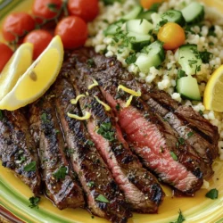 - Skirt steak (1 lb) - Olive oil (2 tablespoons) - Fresh lemon juice (2 tablespoons) - Lemon zest (from 1 lemon) - Garlic (2 cloves, minced) - Smoked paprika (1 teaspoon) - Salt and pepper to taste - Couscous (1 cup) - Vegetable broth (1 ¼ cups) - Cherry tomatoes (1 cup, halved) - Cucumber (½ cup, diced) - Fresh parsley (¼ cup, chopped) - Fresh mint (¼ cup, chopped) - Cumin (½ teaspoon) - Extra lemon wedges for serving The main ingredients for your grilled skirt steak are simple yet full of flavor. The skirt steak, rich and tender, is the star of the dish. The olive oil helps the meat grill nicely, while lemon juice and zest add brightness. Minced garlic and smoked paprika bring depth, creating a tasty marinade. For the couscous, the key is using vegetable broth. It gives the couscous a lovely flavor. The cherry tomatoes and cucumber add freshness, while parsley and mint create a vibrant herb mix. Finally, a touch of cumin ties everything together, giving it warmth. Using fresh ingredients makes a big difference. Choose ripe tomatoes and crisp cucumbers. Fresh herbs elevate the dish, making it bright and inviting. This combination of flavors and textures creates a delightful meal that’s easy to make. Check out the Full Recipe for detailed instructions on how to prepare this delicious dish. To start, gather your marinade ingredients. You will need olive oil, fresh lemon juice, lemon zest, garlic, smoked paprika, salt, and pepper. Mix these well in a bowl. Then, take your skirt steak and place it in a resealable plastic bag or a shallow dish. Pour the marinade over the steak, ensuring it gets fully coated. Seal the bag or cover the dish tightly. Now, refrigerate it for at least 30 minutes. For deeper flavor, let it sit for up to 2 hours. Next, let’s prepare the lemon herb couscous. In a medium saucepan, bring the vegetable broth to a boil. Once boiling, remove it from the heat. Stir in the couscous and cover the pan. Let it sit for about 5 minutes. After that, fluff the couscous with a fork to break up any clumps. Now, it’s time to grill the steak. Preheat your grill or grill pan over medium-high heat. Remove the steak from the marinade, discarding any leftover marinade. Place the steak on the grill. Grill it for about 3-4 minutes on each side for medium-rare. If you prefer it more done, leave it on a bit longer. After grilling, let the steak rest for 5 minutes before slicing. Slice the steak thinly against the grain for the best texture. Arrange it on a plate, placing a generous portion of lemon herb couscous beside it. For a fresh touch, garnish your dish with extra lemon wedges. This will add a burst of flavor and a lovely look to your meal. Enjoy your grilled skirt steak with lemon herb couscous delight! For more details, check the Full Recipe. To make a great marinade, you can add spices like chili powder or cumin. These spices boost the flavor of the steak. For best results, let the steak marinate for at least 30 minutes. If you have time, two hours works even better. This helps the flavors soak in, making your steak taste amazing. When grilling skirt steak, avoid overcooking it. Keep an eye on the grill and check the time. A good tip is to use a meat thermometer. For medium-rare, aim for 130°F. If you want it more done, cook it a bit longer. This way, you ensure a tender and juicy steak. To get couscous just right, follow the cooking instructions closely. Let it sit for five minutes after boiling. Then use a fork to fluff it gently. This helps separate the grains and gives it a nice texture. If you prefer, you can also cook couscous in a rice cooker. It’s easy and saves time. {{image_2}} You can switch up the marinade to keep things fun. Try using lime juice or orange juice instead of lemon. Each citrus gives a unique taste to the skirt steak. If you want some heat, add chili powder or a splash of hot sauce. This kick can take your dish to a new level. Instead of couscous, you could use quinoa or rice. Both are great bases and bring their own flavors. You can also add seasonal vegetables to the couscous. Peppers, zucchini, or asparagus can add color and nutrients. This makes your meal even better. Pair your grilled skirt steak with a fresh salad. A simple green salad with a lemon vinaigrette works well. If you want something special, try a tabbouleh salad for a Middle Eastern twist. When serving wine, a light red like Pinot Noir complements the steak nicely. A crisp white like Sauvignon Blanc also goes well with the couscous. Explore these variations to make your grilled skirt steak with lemon herb couscous even more delightful! For a full recipe, check the details above. After enjoying your grilled skirt steak and lemon herb couscous, store any leftovers in the fridge. Place the steak in an airtight container to keep it fresh. The couscous should also go in a separate airtight container. This keeps both items from drying out. You can store the leftovers for up to three days. Can you freeze grilled steak? Yes, you can freeze grilled steak! Wrap it tightly in plastic wrap or aluminum foil, then place it in a freezer bag. This will help prevent freezer burn. When you are ready to eat it, just thaw it in the fridge overnight. To keep the flavor and texture, reheat the steak gently. The best method is to use a skillet or grill. Heat it on low, adding a splash of broth or water to keep it moist. You can also use the microwave, but be careful! Heat in short bursts to prevent overcooking. Always check the steak's temperature. It should reach at least 165°F to ensure safety. When reheating couscous, add a little water to keep it fluffy. Stir it gently while heating. For fresh ingredients, the general rule is: - Grilled skirt steak: 3-4 days in the fridge - Lemon herb couscous: 3 days in the fridge Look for signs of spoilage. If the steak has an off-smell or slimy texture, it’s best to throw it away. For couscous, if it looks dry or has mold, it is no longer safe to eat. Enjoy your delicious dish while keeping food safety in mind! For the full recipe, check out the recipe section. The best way to cook skirt steak is on a grill or grill pan. These methods give it a nice char and keep it juicy. - Preheat your grill to medium-high heat. - Cook the steak for about 3-4 minutes on each side for medium-rare. - Use a meat thermometer to check for doneness. Aim for 130-135°F. Grilling enhances the natural flavors of the steak. Plus, it adds a smoky taste that pairs well with the couscous. Yes, you can use other cuts of steak if needed. Flank steak or ribeye work well too. - Flank steak is lean and has a similar texture to skirt steak. - Ribeye is fattier, which makes it very tender and flavorful. Keep in mind that cooking times may vary. Adjust them based on the thickness of the steak you choose. To make this dish gluten-free, swap couscous with quinoa. Quinoa is a great alternative and packs protein. - Use gluten-free vegetable broth for cooking. - Check sauces and condiments for hidden gluten. You still get a tasty and filling dish without the gluten. Yes, you can prepare the marinade ahead of time. This saves you time and enhances flavor. - Mix all marinade ingredients in a bowl. - Store it in the fridge in an airtight container. You can marinate the skirt steak for up to 2 hours before grilling. This allows the flavors to soak in well. Check the [Full Recipe] for exact measurements and more details. Grilling skirt steak and pairing it with lemon herb couscous is simple and rewarding. You learned how to marinate the steak, prepare flavorful couscous, and grill to perfection. With tips on variations and storage, you can easily enjoy this dish multiple ways. Whether you're hosting or cooking for yourself, this meal offers fresh flavors that impress. Embrace the cooking process, experiment with spices, and enjoy your delicious creation. With easy steps and variations, you’re set for success in your kitchen!