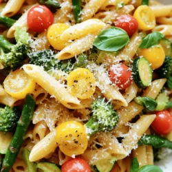 - 12 oz whole grain penne pasta - 1 zucchini, thinly sliced - 1 yellow bell pepper, diced - 1 cup cherry tomatoes, halved - 1 cup broccoli florets - 1 cup asparagus, trimmed and cut into 2-inch pieces - 3 cloves garlic, minced - 4 tablespoons olive oil - 1 teaspoon Italian seasoning - 1 teaspoon red pepper flakes (optional) - Salt and pepper to taste - Fresh basil leaves for garnish - ½ cup grated Parmesan cheese (optional) To create Pasta Primavera, you need fresh and vibrant ingredients. Start with whole grain penne pasta for a healthy base. Fresh vegetables are key. You can choose zucchini, bell pepper, cherry tomatoes, broccoli, and asparagus. Each adds flavor and color. Garlic gives a nice aroma. Olive oil works well for sautéing. Italian seasoning adds depth. For a bit of heat, use red pepper flakes. Salt and pepper balance the taste. Fresh basil leaves make a lovely garnish. If you like cheese, add grated Parmesan for richness. I always suggest using high-quality ingredients. Fresh veggies enhance the dish. This helps the flavors shine. You can find the full recipe to guide you through the cooking process. Enjoy your cooking! To start, grab a large pot. Fill it with water and add a pinch of salt. Bring the water to a boil. Once boiling, add 12 oz of whole grain penne pasta. Cook it according to the package directions. You want it to be al dente, which means it should still have a slight bite. This usually takes about 8 to 10 minutes. After the pasta cooks, carefully drain it in a colander. Make sure to save ½ cup of the pasta water before you drain it. This water has some starch, which helps the sauce stick to the pasta later. Next, let's sauté the veggies. Take a large skillet or wok and place it on medium heat. Pour in 4 tablespoons of olive oil. Wait for the oil to heat up. Then, add 3 cloves of minced garlic. Stir it around for about 1 minute, until it smells amazing. Now, it’s time to add the vegetables. Start with the zucchini and yellow bell pepper. After a couple of minutes, toss in 1 cup of broccoli florets and 1 cup of asparagus pieces. Finally, add 1 cup of halved cherry tomatoes. Sauté everything for about 5 to 7 minutes. The veggies should be bright and tender but not mushy. Now, let's bring it all together. Sprinkle 1 teaspoon of Italian seasoning and 1 teaspoon of red pepper flakes into the skillet. Mix well, and add salt and pepper to taste. Next, add the cooked pasta into the skillet. Pour in the reserved pasta water. This helps to blend everything together. Toss the pasta with the veggies for 2 to 3 minutes. This allows all the flavors to meld. Your Pasta Primavera is almost ready! If you want, you can add some grated Parmesan cheese on top and garnish with fresh basil leaves right before serving. Enjoy this delightful and vibrant dish! To make great Pasta Primavera, start with cooking the pasta just right. Aim for al dente, which means it should be firm yet tender. Here’s how: - Boil salted water in a large pot. - Add 12 oz of whole grain penne pasta. - Follow the package instructions but check a minute early. - Drain the pasta, saving ½ cup of the water. Now, let’s sauté the vegetables to keep them bright and crunchy: - Heat 4 tablespoons of olive oil in a large skillet over medium heat. - Add 3 cloves of minced garlic and cook for about one minute. - Add your veggies: zucchini, bell pepper, broccoli, asparagus, and cherry tomatoes. - Sauté for about 5-7 minutes. Watch for colors to brighten! Plating makes a big difference. Here’s how to present your Pasta Primavera beautifully: - Use a large serving bowl to showcase the vibrant colors. - Toss the dish gently to mix the pasta and the veggies well. - Top with fresh basil leaves for a pop of green. - If you like cheese, sprinkle on ½ cup of grated Parmesan. For drinks, pair this dish with a light white wine or sparkling water. You could also serve a simple green salad on the side. These sides enhance the fresh flavors of your Pasta Primavera. Enjoy your meal! {{image_2}} Pasta Primavera shines with fresh vegetables. You can add more veggies to suit your taste. Try adding: - Spinach - Carrots, julienned - Bell peppers in different colors - Mushrooms, sliced Using plant-based parmesan gives the dish a creamy touch. It melts well and adds flavor. Many brands offer a great taste, making it easy to enjoy without dairy. If you need a gluten-free option, many pasta types work well. Look for: - Brown rice pasta - Chickpea pasta - Quinoa pasta These gluten-free pastas offer a nice texture and taste. For sauces, choose gluten-free options. You can find ready-made sauces or make your own. A simple olive oil and garlic mix works great. Store your Pasta Primavera leftovers in an airtight container. Keep it in the fridge. This helps it stay fresh. Use the leftovers within three days for the best taste. When it’s time to reheat, you can use a skillet. Add a splash of water or oil to keep it moist. Heat it on low to avoid drying out. Stir gently until it’s warm. Microwaving works too, but keep it covered. This helps keep the steam in. Freezing is a great way to save extra Pasta Primavera. Start by letting it cool down. Then, portion it into freezer-safe bags or containers. Remove as much air as possible. This helps prevent freezer burn. To defrost, place it in the fridge overnight. If you're in a hurry, you can use the microwave. Just make sure to stir it often. Avoid freezing it with fresh basil or cheese. These ingredients don’t freeze well and can change texture. For the best results, add them fresh when you reheat. For the full recipe, check out the detailed steps above. Enjoy your Pasta Primavera! Pasta Primavera started in Italy. Many believe it began in the 1970s. Chefs made it to highlight fresh vegetables. The dish gained fame in New York City. It quickly became a staple in many homes. Over time, cooks added more veggies and flavors. Today, it celebrates seasonal produce. Each bite packs a punch of color and taste. Yes, you can make Pasta Primavera ahead of time. Cook it and let it cool. Store it in an airtight container. It will stay fresh in the fridge for about three days. To reheat, warm it gently on the stove. Add a splash of water or olive oil to prevent dryness. This method keeps the veggies crisp and tasty. You can swap several ingredients in Pasta Primavera. If you're gluten-free, use gluten-free pasta. For a vegan option, skip the Parmesan cheese. You can also use any veggies you like. Try bell peppers, spinach, or snap peas. This dish is flexible, so feel free to mix it up! Customizing Pasta Primavera is easy. Add your favorite herbs for extra flavor. Fresh basil or parsley works well. You can also change the heat level. Add more red pepper flakes for spice. If you want a creamier dish, stir in some cream or a vegan alternative. The options are endless, so get creative! For the full recipe, check out the detailed instructions in the main article. Pasta Primavera is a simple and tasty dish. I shared key ingredients like whole grain pasta and fresh veggies. You learned how to boil pasta and sauté vegetables for great flavor. We explored helpful cooking tips and storage info to keep your dish fresh. In the end, Pasta Primavera is flexible for many tastes. You can make it gluten-free or add more veggies. Enjoy trying out these ideas in your own kitchen!