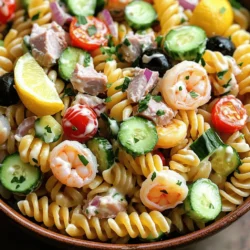 To make a tasty seafood pasta salad, gather these simple ingredients: - 2 cups cooked fusilli pasta - 1 cup cooked shrimp, peeled and deveined - 1 cup canned tuna, drained and flaked - 1 cup cherry tomatoes, halved - 1/2 cup diced cucumber - 1/4 cup red onion, finely chopped - 1/4 cup black olives, sliced - 1/4 cup fresh parsley, chopped - 1/4 cup mayonnaise - 2 tablespoons lemon juice - 1 teaspoon Dijon mustard - Salt and pepper to taste You can switch things up with these optional ingredients: - Avocado for creaminess - Bell peppers for crunch - Capers for a briny kick - Feta cheese for added flavor - Fresh herbs like basil or dill Feel free to mix and match seafood in your salad. Here are a few great options: - Cooked crab meat for a sweet taste - Scallops for a rich flavor - Smoked salmon for a unique twist - Clams for a briny touch - Any other seafood you love! Using the right ingredients makes this dish special. Check the Full Recipe for precise measurements and tips! Start by gathering all your ingredients. I like to set everything out first. This makes cooking easier. - 2 cups cooked fusilli pasta - 1 cup cooked shrimp, peeled and deveined - 1 cup canned tuna, drained and flaked - 1 cup cherry tomatoes, halved - 1/2 cup diced cucumber - 1/4 cup red onion, finely chopped - 1/4 cup black olives, sliced - 1/4 cup fresh parsley, chopped In a large mixing bowl, add the cooked pasta, shrimp, tuna, cherry tomatoes, cucumber, red onion, and olives. Mix them well. This will be the base of your salad. Now, let’s make the dressing. Grab a small bowl and whisk together: - 1/4 cup mayonnaise - 2 tablespoons lemon juice - 1 teaspoon Dijon mustard - Salt and pepper to taste Make sure it becomes smooth. This dressing adds creaminess and zing. Pour the dressing over your pasta mixture. Gently toss everything together. You want it all well coated. Taste and add more salt or pepper if needed. Finally, fold in the fresh parsley. This step adds nice color and flavor. Cover the salad with plastic wrap. Let it chill for at least 30 minutes. This helps the flavors blend together. Serve it cold or at room temperature. Enjoy this tasty seafood pasta salad! You can find the full recipe for more details. When making seafood pasta salad, keep a few things in mind. First, don't overcook your pasta. It should be al dente, so it holds its shape. If it’s too soft, the salad will become mushy. Second, make sure to drain tuna and shrimp well. Too much liquid can make the salad watery. Lastly, don’t skip the chilling step. Allowing the salad to chill helps the flavors blend well. You can easily prepare this salad ahead of time. Make it a few hours before serving. Simply follow the steps in the Full Recipe, then cover and chill it in the fridge. The longer it sits, the better the flavors become. Just be sure to give it a good stir before serving. If needed, add a splash of lemon juice to freshen it up. This seafood pasta salad shines as a light meal or side dish. Serve it at picnics, barbecues, or potlucks. You can also pair it with crusty bread or a green salad. For a fun twist, try serving it in lettuce wraps for a crunchy bite. Don’t forget to sprinkle some extra parsley on top for a vibrant touch! {{image_2}} If you want a vegetarian version of seafood pasta salad, it's easy to swap out the seafood. You can replace shrimp and tuna with chickpeas or tofu. They add protein and texture. Try using diced bell peppers for crunch and color. You can also mix in some artichoke hearts or roasted red peppers for a unique taste. These swaps keep the dish fresh and vibrant. The seafood world is vast. You can use many options for your pasta salad. Besides shrimp and tuna, consider crab meat or scallops. Both add a sweet flavor that pairs well with pasta. If you like a bolder taste, smoked salmon is a great choice. Always make sure the seafood is fresh. It makes a big difference in taste. The dressing can change the whole dish. The basic mix of mayonnaise, lemon juice, and Dijon mustard is great, but feel free to experiment. You can replace mayonnaise with Greek yogurt for a lighter option. Adding a splash of hot sauce gives it a kick. You might also try a simple olive oil and vinegar mix for a Mediterranean vibe. Don't forget to taste as you go! To store leftovers, place the seafood pasta salad in an airtight container. This helps keep it fresh. Make sure to refrigerate it right away, especially if you don’t plan to eat it all. It is best to eat it within three days. I find that using glass containers works great. They don’t stain and are easy to clean. Freezing seafood pasta salad is not the best option. The pasta can become mushy when thawed. If you want to freeze it, consider doing so without the dressing. Freeze the pasta and seafood mixture in a freezer-safe bag. When you're ready to eat, thaw it and mix in fresh dressing. That way, you keep the taste and texture. The shelf life of this salad is about three days in the fridge. If you notice any changes in smell or texture, it’s best to toss it. To keep it fresh, always use clean utensils when serving. This helps avoid adding germs. For best taste, serve it cold and enjoy those fresh flavors! Yes, you can use different pasta shapes. Try penne, rotini, or macaroni. Each type adds a unique twist. Just make sure to cook the pasta until it is al dente. This keeps it from getting too soft in the salad. Different shapes create fun textures, and they hold dressings well. If you want a lighter option, use Greek yogurt. It adds creaminess and tang. You can also try sour cream or avocado for a different flavor. Each option changes the taste, so pick one you enjoy. Just mix it with lemon juice and mustard like in the full recipe. Seafood pasta salad should not sit out for more than two hours. After that, bacteria can grow. If you are at a party, keep it on ice to stay cool. Always store leftovers in the fridge. They will last for up to three days. Enjoy your salad fresh for the best taste! This article covered how to make seafood pasta salad. We outlined the key ingredients, including options for customization and seafood. I shared step-by-step instructions for prep, dressing, and assembly. You learned tips on avoiding common mistakes and how to store leftovers. We also discussed variations for vegetarians and dressing choices. In conclusion, you can easily create a tasty seafood pasta salad. With these guidelines, you can adjust it to your taste. Enjoy experimenting and sharing this dish with friends and family!