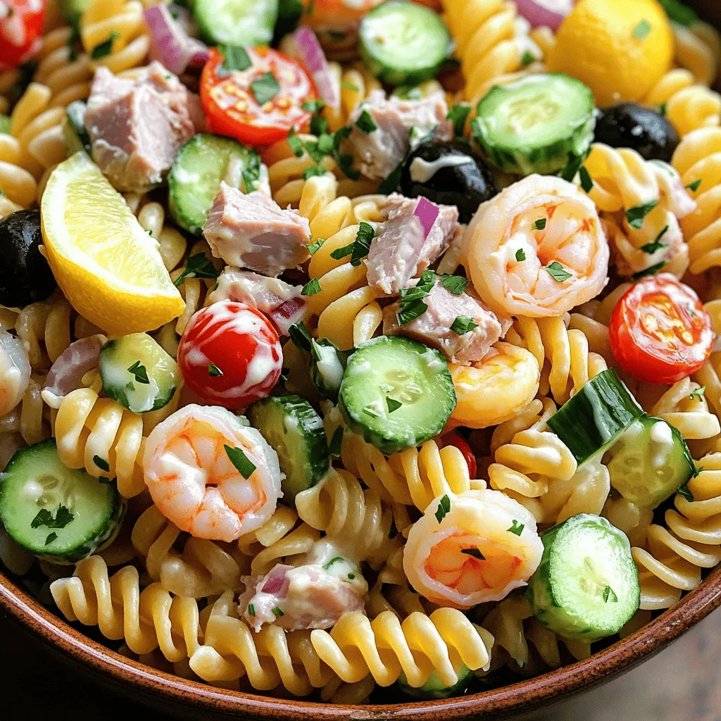 To make a tasty seafood pasta salad, gather these simple ingredients: - 2 cups cooked fusilli pasta - 1 cup cooked shrimp, peeled and deveined - 1 cup canned tuna, drained and flaked - 1 cup cherry tomatoes, halved - 1/2 cup diced cucumber - 1/4 cup red onion, finely chopped - 1/4 cup black olives, sliced - 1/4 cup fresh parsley, chopped - 1/4 cup mayonnaise - 2 tablespoons lemon juice - 1 teaspoon Dijon mustard - Salt and pepper to taste You can switch things up with these optional ingredients: - Avocado for creaminess - Bell peppers for crunch - Capers for a briny kick - Feta cheese for added flavor - Fresh herbs like basil or dill Feel free to mix and match seafood in your salad. Here are a few great options: - Cooked crab meat for a sweet taste - Scallops for a rich flavor - Smoked salmon for a unique twist - Clams for a briny touch - Any other seafood you love! Using the right ingredients makes this dish special. Check the Full Recipe for precise measurements and tips! Start by gathering all your ingredients. I like to set everything out first. This makes cooking easier. - 2 cups cooked fusilli pasta - 1 cup cooked shrimp, peeled and deveined - 1 cup canned tuna, drained and flaked - 1 cup cherry tomatoes, halved - 1/2 cup diced cucumber - 1/4 cup red onion, finely chopped - 1/4 cup black olives, sliced - 1/4 cup fresh parsley, chopped In a large mixing bowl, add the cooked pasta, shrimp, tuna, cherry tomatoes, cucumber, red onion, and olives. Mix them well. This will be the base of your salad. Now, let’s make the dressing. Grab a small bowl and whisk together: - 1/4 cup mayonnaise - 2 tablespoons lemon juice - 1 teaspoon Dijon mustard - Salt and pepper to taste Make sure it becomes smooth. This dressing adds creaminess and zing. Pour the dressing over your pasta mixture. Gently toss everything together. You want it all well coated. Taste and add more salt or pepper if needed. Finally, fold in the fresh parsley. This step adds nice color and flavor. Cover the salad with plastic wrap. Let it chill for at least 30 minutes. This helps the flavors blend together. Serve it cold or at room temperature. Enjoy this tasty seafood pasta salad! You can find the full recipe for more details. When making seafood pasta salad, keep a few things in mind. First, don't overcook your pasta. It should be al dente, so it holds its shape. If it’s too soft, the salad will become mushy. Second, make sure to drain tuna and shrimp well. Too much liquid can make the salad watery. Lastly, don’t skip the chilling step. Allowing the salad to chill helps the flavors blend well. You can easily prepare this salad ahead of time. Make it a few hours before serving. Simply follow the steps in the Full Recipe, then cover and chill it in the fridge. The longer it sits, the better the flavors become. Just be sure to give it a good stir before serving. If needed, add a splash of lemon juice to freshen it up. This seafood pasta salad shines as a light meal or side dish. Serve it at picnics, barbecues, or potlucks. You can also pair it with crusty bread or a green salad. For a fun twist, try serving it in lettuce wraps for a crunchy bite. Don’t forget to sprinkle some extra parsley on top for a vibrant touch! {{image_2}} If you want a vegetarian version of seafood pasta salad, it's easy to swap out the seafood. You can replace shrimp and tuna with chickpeas or tofu. They add protein and texture. Try using diced bell peppers for crunch and color. You can also mix in some artichoke hearts or roasted red peppers for a unique taste. These swaps keep the dish fresh and vibrant. The seafood world is vast. You can use many options for your pasta salad. Besides shrimp and tuna, consider crab meat or scallops. Both add a sweet flavor that pairs well with pasta. If you like a bolder taste, smoked salmon is a great choice. Always make sure the seafood is fresh. It makes a big difference in taste. The dressing can change the whole dish. The basic mix of mayonnaise, lemon juice, and Dijon mustard is great, but feel free to experiment. You can replace mayonnaise with Greek yogurt for a lighter option. Adding a splash of hot sauce gives it a kick. You might also try a simple olive oil and vinegar mix for a Mediterranean vibe. Don't forget to taste as you go! To store leftovers, place the seafood pasta salad in an airtight container. This helps keep it fresh. Make sure to refrigerate it right away, especially if you don’t plan to eat it all. It is best to eat it within three days. I find that using glass containers works great. They don’t stain and are easy to clean. Freezing seafood pasta salad is not the best option. The pasta can become mushy when thawed. If you want to freeze it, consider doing so without the dressing. Freeze the pasta and seafood mixture in a freezer-safe bag. When you're ready to eat, thaw it and mix in fresh dressing. That way, you keep the taste and texture. The shelf life of this salad is about three days in the fridge. If you notice any changes in smell or texture, it’s best to toss it. To keep it fresh, always use clean utensils when serving. This helps avoid adding germs. For best taste, serve it cold and enjoy those fresh flavors! Yes, you can use different pasta shapes. Try penne, rotini, or macaroni. Each type adds a unique twist. Just make sure to cook the pasta until it is al dente. This keeps it from getting too soft in the salad. Different shapes create fun textures, and they hold dressings well. If you want a lighter option, use Greek yogurt. It adds creaminess and tang. You can also try sour cream or avocado for a different flavor. Each option changes the taste, so pick one you enjoy. Just mix it with lemon juice and mustard like in the full recipe. Seafood pasta salad should not sit out for more than two hours. After that, bacteria can grow. If you are at a party, keep it on ice to stay cool. Always store leftovers in the fridge. They will last for up to three days. Enjoy your salad fresh for the best taste! This article covered how to make seafood pasta salad. We outlined the key ingredients, including options for customization and seafood. I shared step-by-step instructions for prep, dressing, and assembly. You learned tips on avoiding common mistakes and how to store leftovers. We also discussed variations for vegetarians and dressing choices. In conclusion, you can easily create a tasty seafood pasta salad. With these guidelines, you can adjust it to your taste. Enjoy experimenting and sharing this dish with friends and family!