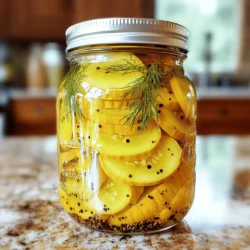 - 3 medium yellow squash, sliced into thin rounds - 1 cup sugar - 1 cup apple cider vinegar - 1/2 cup water - 1 tablespoon salt - 1 teaspoon mustard seeds - 1 teaspoon black peppercorns - 1 teaspoon turmeric powder - 1 teaspoon crushed red pepper flakes - 1 teaspoon garlic powder - 1 small onion, thinly sliced - Fresh herbs like dill or cilantro Gathering the right ingredients is key to making great sweet yellow squash pickles. Start with fresh yellow squash. Look for ones that are firm and bright in color. The sugar and apple cider vinegar are what give this recipe its sweet and tangy kick. The water helps balance the brine. The spices add depth. Salt draws moisture from the squash, making them crisp. Mustard seeds, black peppercorns, and turmeric bring unique flavors. Crushed red pepper adds a touch of heat, while garlic powder gives a savory note. Sliced onions make the pickles even better. For garnishes, fresh herbs like dill or cilantro can add a lovely touch. These herbs boost flavor and look pretty too. Using high-quality ingredients ensures your pickles taste amazing. You can find the full recipe above if you want to dive right into making these delicious pickles! - Combine 3 medium yellow squash slices with 1 tablespoon of salt. - Let the squash sit for 1 hour to draw out moisture. - After an hour, rinse the squash slices under cold water. - Drain the slices well to remove excess salt. - In a medium saucepan, combine: - 1 cup sugar - 1 cup apple cider vinegar - 1/2 cup water - 1 teaspoon mustard seeds - 1 teaspoon black peppercorns - 1 teaspoon turmeric powder - 1 teaspoon crushed red pepper flakes - 1 teaspoon garlic powder - Bring this mix to a gentle boil over medium heat. - Stir until the sugar dissolves completely. - Reduce the heat and add 1 small thinly sliced onion. - Let it simmer for about 5 minutes to blend the flavors. - Remove the saucepan from heat and add the drained squash slices. - Mix well to coat all the squash with the hot brine. - Pack the mixture into clean, sterilized jars. - Make sure to include onions and spices in each jar. - Pour the hot brine over the squash until fully submerged. - Leave 1/2 inch of headspace at the top of each jar. - Seal the jars with lids and cool to room temperature. - Refrigerate the jars and let the pickles sit for at least 24 hours before serving. For the complete recipe, refer to the [Full Recipe]. - Ensure jars are sterilized properly. This keeps your pickles fresh and safe. - Use fresh, high-quality ingredients. Fresh squash gives the best flavor and crunch. - Adjust sugar for sweetness level. Taste the brine, and add more sugar if needed. - Modify spice amounts to taste. If you love heat, add more crushed red pepper flakes. - Serve pickles in decorative jars. A pretty jar makes your pickles look even better. - Garnish with fresh herbs for visual appeal. Fresh dill or cilantro adds color and flavor. These tips will help you create the best sweet yellow squash pickles. For more details, check out the Full Recipe. {{image_2}} For a sweet and spicy twist, consider adding more crushed red pepper flakes. This simple addition ramps up the heat. If you want even more fire, toss in some jalapeños. Slice them thin and mix them into the squash before packing the jars. This variation creates a fun kick that pairs well with rich meats. Another delightful option is to infuse your pickles with herbs. Fresh dill or rosemary adds a fresh taste to the brine. You can toss in a few sprigs during the cooking process. Don’t be afraid to experiment with other herbs too! Thyme, tarragon, or even basil can bring new flavors to your pickles. You can also try pickling different vegetables. Other summer squashes work great, and cucumbers are a classic choice. Consider blending the squash with colorful carrots or sweet bell peppers. This adds a beautiful look and varied taste to your jars. Mixing vegetables lets you create unique flavors that are fun and delicious. For more ideas, check out the Full Recipe. To keep your sweet yellow squash pickles fresh, store them in the fridge. This helps maintain their crunch and flavor. After making them, let your pickles sit for at least 24 hours. This resting time allows the flavors to blend nicely. Homemade pickles usually last about 2 to 3 weeks in the fridge. Look for signs of spoilage, such as off smells or mold. If the pickles seem slimy or the liquid looks cloudy, it's best to toss them. If you want to keep your pickles longer, consider canning. Use proper canning methods for safe long-term storage. Before canning, make sure your jars are clean and sterilized. This helps prevent bacteria growth and keeps your pickles safe to eat. Sweet yellow squash pickles last about 2 months in the fridge. If you can them properly, they can last up to a year on the shelf. Always check for signs of spoilage before eating. Yes, you can use other types of vinegar. White vinegar works well and gives a clean taste. Red wine vinegar adds a bit of depth and color. Experiment and see what you like best. You can serve these pickles in many ways. They pair nicely with sandwiches, burgers, or as a side for grilled meats. For a fun twist, add them to tacos or salads. A good serving size is about 1/4 cup per person. These pickles are great for picnics and parties. You can adjust the sweetness easily. Add more sugar for a sweeter taste or cut back for less sweetness. If you want a sugar substitute, try honey or agave syrup. Just remember to adjust the liquid in the brine. In this guide, we covered how to make sweet yellow squash pickles. We discussed the key ingredients, flavor tips, and the step-by-step process to pickle squash properly. Remember, adjusting sweetness and spice makes the pickles uniquely yours. Don't forget to store them safely for the best flavor. Enjoy your pickles as a tasty side or snack. Making them adds fun to your kitchen, and you can share them with friends! Happy pickling!