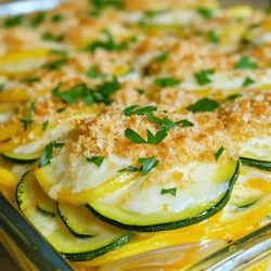 Gather these fresh and simple ingredients for a tasty Cheesy Zucchini Casserole: - 4 medium zucchinis, thinly sliced - 1 large onion, chopped - 2 cups shredded mozzarella cheese - 1 cup grated Parmesan cheese - 3 large eggs - 1/2 cup milk - 1/2 cup breadcrumbs - 1 teaspoon garlic powder - 1 teaspoon Italian seasoning - Salt and pepper to taste - 2 tablespoons olive oil - Fresh parsley for garnish These ingredients blend well to create a creamy and cheesy dish. The zucchini adds a fresh crunch, while the cheeses melt together to give a rich flavor. Using fresh parsley as a garnish not only looks nice but adds a burst of color. I love how this dish combines simple items to make a comforting meal. You can find the full recipe [here](#). - Preheat the oven to 375°F (190°C). - In a large skillet, heat 2 tablespoons of olive oil over medium heat. - Add 1 chopped onion and sauté until it turns soft, about 5 minutes. - Next, add 4 thinly sliced zucchinis. Cook for 5-7 minutes until they are tender. - Season the zucchini with 1 teaspoon of garlic powder, 1 teaspoon of Italian seasoning, salt, and pepper to taste. - Remove the skillet from the heat and let it cool slightly. - In a large bowl, whisk together 3 eggs and 1/2 cup of milk until smooth. - Stir in 1 cup of shredded mozzarella cheese and 1/2 cup of grated Parmesan cheese. - Add the sautéed zucchini mixture into the egg and cheese mixture. Stir until everything is well mixed. - Transfer the mixture into a greased 9x13 inch casserole dish. Spread it out evenly. - In a separate bowl, mix the remaining mozzarella and Parmesan with 1/2 cup of breadcrumbs. - Sprinkle this breadcrumb topping evenly over the zucchini mixture in the casserole dish. - Bake in the preheated oven for about 30-35 minutes. Look for a golden brown top and bubbling edges. - Once baked, allow it to cool for a few minutes. Serve hot, garnished with fresh parsley. For the full recipe, check out the complete details above! - Choosing the right zucchinis: Look for firm zucchinis with smooth skin. Avoid any with soft spots. Fresh zucchinis have the best flavor and texture. - Achieving the best cheese melt: Use a mix of mozzarella and Parmesan. Mozzarella gives a nice stretch, while Parmesan adds sharpness. Grate the cheese yourself for better melting. - Adjusting baking time based on oven variations: Every oven is different. Keep an eye on your casserole. If the top is not golden after 35 minutes, bake a few more. - Pairing options for side dishes: This casserole pairs well with a fresh salad or crusty bread. You can also serve it with grilled chicken for extra protein. - Garnishing ideas with fresh herbs: Fresh parsley or basil adds a lovely touch. Sprinkle some on top before serving for color and flavor. - Best beverages to complement the dish: A light white wine or sparkling water enhances the meal. A crisp lemonade also works well, especially on warm days. For the full recipe, check out the complete instructions in the earlier section. {{image_2}} You can change the cheese in your casserole. Instead of mozzarella, try cheddar or gouda. For Parmesan, consider using pecorino or nutritional yeast for a twist. Adding proteins can also boost flavor. Chicken or sausage works well here. It makes the dish heartier and more filling. You can even add ground turkey for a leaner option. If you want more veggies, add bell peppers or spinach. They mix well with zucchini and add color. If you need a gluten-free dish, use gluten-free breadcrumbs or skip them altogether. You can also swap the eggs for flaxseed meal mixed with water. This works well for vegans. For cheese, try cashew cheese or vegan cheese brands. If you want to lower the carbs, skip the breadcrumbs and use more zucchini. You can also cut down on milk or use unsweetened almond milk. These changes keep the flavor while meeting your needs. To keep your cheesy zucchini casserole fresh, start by refrigerating leftovers. Place the casserole in an airtight container. This helps prevent it from drying out. Leftovers can last for about 3 to 5 days in the fridge. If you want to save some for later, freezing is a great option. Cut the casserole into serving sizes. Wrap each piece in plastic wrap and then in foil. This extra layer protects it from freezer burn. You can freeze the casserole for up to 2 to 3 months. When you are ready to enjoy it again, reheating is key to maintaining texture. You can reheat it in the oven at 350°F (175°C) for about 20 minutes. This method keeps the top crispy while warming the inside. Leftovers in the fridge usually last up to 5 days. After that, they may not taste as good. Always check for signs of spoilage. If you see any mold or the casserole smells off, it’s best to throw it away. Keep an eye out for changes in texture as well. If the casserole feels slimy or mushy, it’s time to discard it. Staying mindful of these signs helps you enjoy your dish safely. For the full recipe, you can refer to the earlier section. Can I make Cheesy Zucchini Casserole ahead of time? Yes, you can prepare the casserole a day before. Just follow the steps and store it in the fridge. When ready, bake it straight from the fridge. This saves time and allows flavors to meld. What’s the best way to slice zucchini? The best way to slice zucchini is to use a sharp knife. Aim for thin, even slices about 1/4 inch thick. This helps them cook evenly. You can also use a mandoline for speed and uniformity. Can I use frozen zucchini instead of fresh? Yes, frozen zucchini works, but it may have more water. Make sure to thaw and drain it well before using. This prevents a watery casserole. Fresh zucchini has a firmer texture, but frozen is fine in a pinch. How do I know when the casserole is done? You’ll know the casserole is done when the top is golden brown and bubbly. Insert a knife in the center; it should come out clean. Let it cool for a few minutes before serving for the best texture. For the full recipe, check out the section above. This blog post covered a delicious Cheesy Zucchini Casserole. We looked at the ingredients, from zucchini to cheese, and how to make it step by step. I shared tips to make it perfect and ways to serve it. You can even try variations to fit your taste and dietary needs. Remember to store leftovers properly to keep them fresh. With this simple recipe, you can enjoy a tasty dish that offers flexibility. Dive in and enjoy your cooking adventure!
