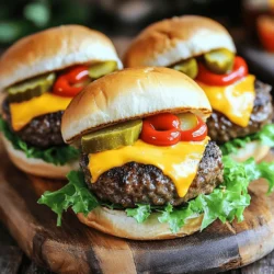 To make these tasty sliders, you need just a few key items. Here’s what you’ll use: - 1 pound ground beef (80/20 blend) - 1 teaspoon garlic powder - 1 teaspoon onion powder - ½ teaspoon salt - ¼ teaspoon black pepper - 6 slider buns - 6 slices of cheddar cheese These ingredients create juicy, flavorful sliders. The 80/20 beef gives you a great mix of flavor and moisture. Garlic and onion powders add depth without being too strong. You can make your sliders even better with some fun add-ons. Here are some ideas: - Lettuce leaves - Tomato slices - Pickles - Ketchup and mustard Adding these garnishes makes each bite fresh and crunchy. You can mix and match to suit your taste. A slice of tomato adds sweetness, while pickles bring a tangy crunch. When picking ground beef, look for the right blend. The 80/20 mix is best for sliders. Here are some tips: - Choose fresh beef with a bright red color. - Check the expiration date. - Buy from a trusted butcher or store. Fresh beef ensures the best taste and texture. Avoid leaner blends, as they may dry out during cooking. Always aim for quality to get juicy, delicious sliders. To start, gather your ingredients. You need ground beef, garlic powder, onion powder, salt, and black pepper. In a large mixing bowl, combine 1 pound of ground beef with 1 teaspoon of garlic powder and 1 teaspoon of onion powder. Add in ½ teaspoon of salt and ¼ teaspoon of black pepper. Mix gently. Avoid overworking the meat. This keeps the sliders tender. Next, divide the meat into 6 equal parts. Shape them into small patties. Make each patty slightly larger than the slider buns. They will shrink a bit while cooking. Now, it’s time to cook! Preheat your grill or stovetop skillet over medium-high heat. Once hot, place the patties on the grill. Cook the first side for about 3 to 4 minutes. Then, flip each patty over. After flipping, place a slice of cheddar cheese on top of each patty. Cook for another 2 to 3 minutes. You want the cheese to melt and the patties to reach 160°F inside. While the patties cook, lightly toast the slider buns. You can use the grill or a toaster. This adds a nice crunch to your sliders. Once everything is cooked, it’s time to build your sliders. Start with the bottom half of each toasted bun. Place a cheesy patty on top. Add lettuce leaves, tomato slices, and pickles for freshness. Finally, spread ketchup and mustard on the top half of the bun. Place it on the assembled slider. Repeat this process for each slider. Enjoy your delicious cheeseburger sliders! For the full recipe, check out Mini Marvelous Cheeseburger Sliders. When making cheeseburger sliders, avoid overmixing the ground beef. If you mix too much, the meat can become tough. Keep it simple; gently combine the spices with the beef. Another mistake is not shaping the patties correctly. Make them slightly larger than the buns. They shrink while cooking, and you want them to fit perfectly. Don’t forget to let them rest after cooking. This helps keep the juices inside. You can cook your sliders on a grill or in a skillet. Each method has its perks. Grilling gives a nice smoky flavor and beautiful grill marks. If you use a skillet, you get a nice sear and can easily control the heat. For a skillet, use medium-high heat. This heat helps to brown the outside while keeping the inside juicy. Choose the method that works best for you. Both ways make tasty sliders. To melt cheese perfectly, add it to the patties just after flipping them. Cover the pan or grill with a lid. This traps the heat and helps the cheese melt faster. Choose a cheese like cheddar for a classic taste. If you want something different, try pepper jack for a spicy kick. Let the cheese become gooey before serving. This adds a great texture to your sliders. For the full recipe, check the earlier section. {{image_2}} You can swap ground beef for other meats. Ground turkey is a leaner choice. It keeps the sliders moist with added spices. Ground chicken also works well and has a mild taste. You could even try ground lamb for a richer flavor. Choose the meat you like best for your sliders. If you want a veggie version, use black beans. Mash them and mix in spices. You can also use lentils or chickpeas for a hearty texture. There are store-bought veggie patties too, made from beans or grains. For vegan sliders, skip the cheese and use avocado or a vegan spread. Get creative with spices in your meat mix. Try adding paprika or cayenne for heat. You can also mix in herbs like parsley or thyme for freshness. For toppings, think beyond lettuce and tomato. Add crispy onions, jalapeños, or even coleslaw for crunch. Don’t forget to explore different sauces like BBQ or spicy mayo for extra flavor. For more details, check the Full Recipe for Easy Cheeseburger Sliders. To keep your leftover sliders fresh, place them in an airtight container. Make sure to let them cool down first. Cover each slider with plastic wrap if you want to keep them in the fridge. They will stay good for up to three days. For longer storage, consider freezing them. When you want to reheat your sliders, use an oven for the best taste. Preheat the oven to 350°F. Place the sliders on a baking tray, cover them with foil, and heat for about 10-15 minutes. This keeps the bread soft and the cheese melted. If you’re in a rush, use a microwave. Just heat them for 30 seconds to 1 minute, but they might get a bit soggy. Freezing sliders is easy, but do it right. Wrap each slider in foil or plastic wrap, then place them in a freezer bag. They can last for up to three months. Don’t freeze them with toppings like lettuce or tomato. These don’t freeze well and can get mushy when thawed. When you’re ready to eat, just thaw them overnight in the fridge and reheat as mentioned above. Enjoy your Easy Cheeseburger Sliders anytime! Yes, you can use many kinds of cheese. Cheddar is popular because it melts well. You might try Swiss, pepper jack, or American cheese. Each type gives a unique taste. Experiment to find your favorite! To make sliders gluten-free, choose gluten-free slider buns. Many stores sell these now. You can also use lettuce leaves as a wrap. This way, you skip the bread but still enjoy the burger. Cheeseburger sliders go great with many sides! Here are some ideas: - French fries - Sweet potato fries - Onion rings - Coleslaw - Salad These sides add crunch and flavor to your meal. To spice up the sliders, add diced jalapeños to the meat mix. You can also use spicy cheese, like pepper jack. Another option is to top the sliders with hot sauce. Each choice brings heat and excitement to your meal! Feel free to check the Full Recipe for detailed steps and tips! You learned how to make easy cheeseburger sliders today. We discussed key ingredients and optional add-ons. You also saw how to prepare and cook sliders step-by-step. I shared tips for avoiding common mistakes. Plus, you discovered different meat options and vegetarian choices. Always remember to store leftovers properly and reheat them for best taste. Enjoy your sliders with tasty sides or your favorite sauces. Get ready to impress friends and family with these fun bites. Happy cooking!