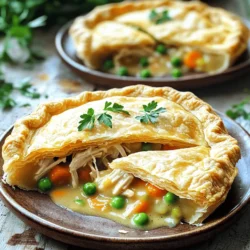 - 2 cups cooked chicken, shredded - 1 cup carrots, diced - 1 cup green peas (fresh or frozen) - 1 cup potatoes, diced (Yukon Gold or Russet work well) - 1 small onion, finely chopped - 2 cloves garlic, minced - 1 package (2 crusts) refrigerated pie crusts (or homemade if you prefer) Classic chicken pot pie starts with simple, fresh ingredients. You can use leftover chicken or rotisserie chicken. Fresh veggies add flavor and color. I love using carrots, peas, and potatoes for texture. The onion and garlic give a nice base flavor. - 1/4 cup butter - 1/4 cup all-purpose flour - 2 cups chicken broth - 1 cup milk You need butter to sauté the veggies and make a creamy sauce. Flour helps thicken the filling. Chicken broth adds depth. Milk brings it all together, making it rich and smooth. - 1 teaspoon dried thyme - Salt and pepper to taste A touch of dried thyme elevates the dish with earthy notes. Salt and pepper enhance all the flavors. These simple seasonings make a huge difference in taste. For the full recipe, you can check the detailed instructions to create this warm, cozy meal. To start, I melt butter in a large pot over medium heat. I add the chopped onion and minced garlic. Sauté for about 2-3 minutes until the onions turn soft and clear. Then, I stir in the diced carrots and potatoes. I let them cook for about 5 minutes until they begin to soften. Next, I sprinkle flour over the veggie mix. I stir well to coat all the pieces. This helps to thicken the sauce later. I let it cook for 1-2 minutes to get rid of the raw flour taste. After that, I am ready to add the chicken broth and milk. I whisk it in slowly, stirring constantly. This keeps the sauce smooth. I cook it until it thickens, which takes about 5-7 minutes. Finally, I mix in the shredded chicken, green peas, thyme, salt, and pepper. I stir until everything is well combined. Then, I remove it from heat and let it cool slightly. Now comes the fun part! I roll out one pie crust and place it into a 9-inch pie dish. I pour the chicken filling right into the crust. It should fill the dish nicely. Next, I roll out the second pie crust. I place it over the filling and seal the edges. I like to crimp them with a fork or my fingers. This keeps the filling inside. I also cut a few small slits in the top to let steam escape. To make it shine, I brush the top crust with a beaten egg. This gives it a beautiful golden color when baked. Before I bake, I preheat my oven to 425°F (220°C). This ensures the pie cooks evenly. I then bake the pot pie for 30-35 minutes. It is done when the crust is golden brown and smells amazing. After baking, I let the pot pie cool for about 10 minutes. This helps the filling settle. It also makes slicing easier. For a full recipe, check out the complete cooking directions in the section above. To get a golden color on your crust, brush it with a beaten egg. This step makes a lovely shine. It also helps the crust brown nicely in the oven. Bake your pie at 425°F (220°C) for about 30-35 minutes. Keep an eye on it as it cooks. To prevent a soggy bottom, make sure to cook your filling until it thickens. Pour the filling into the crust only after it cools slightly. This way, steam escapes and does not make your crust wet. Adjusting the thickness of your filling is key. If it feels too thin, add a bit more flour when cooking. If it’s too thick, add a splash of broth or milk. Stir well to mix. Cooling time is important. Let the filling cool for about 10 minutes before pouring it into the crust. This helps the filling set and keeps the crust crispy. Chicken pot pie pairs well with a fresh side salad. Toss mixed greens with a simple vinaigrette for a light touch. You can also serve it with roasted vegetables for extra flavor. For presentation, slice the pie into wedges and place them on individual plates. A sprinkle of fresh parsley on top adds color. This makes the dish look even more inviting. For the full recipe, check out the detailed cooking instructions. {{image_2}} You can change the protein in your pot pie. Instead of chicken, try turkey or even beef. For a lighter dish, shrimp adds a nice twist. If you want a meatless option, use tofu or chickpeas. They soak up flavors well. You can also use lentils for a hearty and satisfying meal. For vegan or vegetarian options, swap out chicken broth for vegetable broth. Use a plant-based milk too. You can try mushrooms for a meaty texture. Adding more fresh veggies like zucchini or bell peppers gives great flavor. Adding herbs or spices is a fun way to boost taste. Fresh thyme or rosemary can make your pot pie sing. A pinch of nutmeg adds warmth. You can also use a dash of hot sauce for a little kick. Experiment with garlic powder or onion powder for extra depth. Cheese can elevate the dish too. Try adding grated cheddar or mozzarella to the filling. This brings a creamy texture and rich flavor. A sprinkle of Parmesan on top before baking gives a nice crust. If you want a homemade crust, it’s quite simple. Mix flour, butter, and a pinch of salt. Add cold water until it forms a ball. Roll it out and fit it into your pie dish. This gives a fresh taste that store-bought crusts can’t match. For those avoiding wheat, use alternative grains. Try crust made from almond flour or oats. You can even use mashed potatoes as a topping. This adds a unique twist and makes your pot pie gluten-free. For the full recipe, click here. To store leftovers, let the chicken pot pie cool. Then, cover it tightly. Use plastic wrap or aluminum foil. You can also use an airtight container. This keeps the pie fresh for up to three days. Make sure to keep it in the fridge. When you want to eat it again, just reheat it. To freeze chicken pot pie, let it cool completely. Wrap it well with plastic wrap, then foil. This helps prevent freezer burn. You can also freeze it before baking. It lasts for about two months in the freezer. When you are ready to eat, thaw it overnight in the fridge. For reheating from frozen, bake it at 375°F (190°C) for about 50-60 minutes. Cover it with foil for the first half to avoid burning. Then, remove the foil to brown the crust. Enjoy your comforting meal! To make a gluten-free chicken pot pie, start with gluten-free pie crusts. You can find these in stores or make your own with gluten-free flour. For the filling, use the same ingredients. Just replace all-purpose flour with cornstarch or a gluten-free flour blend. Mix the cornstarch with a bit of cold broth before adding it to the pot to avoid lumps. Cook until thickened, just like in the regular recipe. Yes, you can prepare the filling ahead of time. Cook the filling and let it cool. Store it in an airtight container in the fridge for up to two days. This saves time on the day you bake the pot pie. When ready to bake, just fill the crust with the cold mixture. Chicken pot pie pairs well with many side dishes. Here are some great options: - Fresh green salad - Steamed broccoli - Roasted Brussels sprouts - Mashed potatoes These sides add color and balance to your meal. For complete cooking directions, check out the Full Recipe. It gives you all the steps and tips to make a perfect chicken pot pie. Making a chicken pot pie is simple and fun. We covered key ingredients like chicken, veggies, and crust. I shared how to prepare the filling and put it all together. You learned tips to get the crust just right and enjoyed some variations for extra flavor. I also gave advice on storage and answered common questions. With this guide, you can create your own tasty chicken pot pie. Enjoy the cooking process and savor each bite!