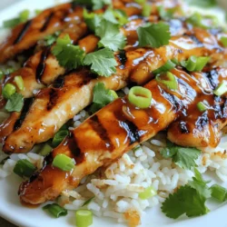 To make Honey BBQ Chicken Rice, gather these key items: - 2 cups cooked jasmine rice - 2 boneless, skinless chicken breasts - 1/2 cup honey - 1/2 cup barbecue sauce (your favorite brand) - 2 tablespoons soy sauce - 1 tablespoon olive oil - 1 teaspoon garlic powder - 1 teaspoon onion powder - 1/2 teaspoon smoked paprika - Salt and pepper to taste These ingredients form the basis of the dish. The chicken absorbs the sweet and tangy flavors from the honey and barbecue sauce. This mix brings a tasty kick. To make your dish pop, you can add some fresh touches: - 1 green onion, sliced (for garnish) - 1/4 cup fresh cilantro, chopped (for garnish) These garnishes add color and fresh flavor. They also enhance the look of your meal, making it more appealing. If you need alternatives, here are some ideas: - Use brown rice for a nuttier flavor. - Swap chicken breasts for thighs for extra juiciness. - Maple syrup can replace honey for a different sweetness. - Try teriyaki sauce instead of barbecue sauce for a twist. These swaps keep the dish fun and flexible. You can customize it based on what you have at home. For the full recipe, check out the instructions above. First, you need to make the marinade. In a bowl, mix honey, barbecue sauce, soy sauce, garlic powder, onion powder, smoked paprika, salt, and pepper. This mix will give your chicken a sweet and smoky flavor. Place the chicken breasts in a resealable bag or a shallow dish. Pour the marinade over the chicken, making sure it's well coated. Seal the bag or cover the dish. Let it sit in the fridge for at least 30 minutes. If you have time, marinate for up to 2 hours. This extra time helps the flavors soak in. You can cook the chicken either on a grill or in a skillet. If you choose to grill, preheat it over medium-high heat. Brush the grill grates with some olive oil for non-stick cooking. Remove the chicken from the marinade, letting extra sauce drip off. Place the chicken on the grill. Cook for about 6-7 minutes on each side. Use a meat thermometer to check if it’s done. The internal temperature should reach 165°F (75°C). If you prefer a skillet, heat your skillet over medium-high heat. Add olive oil before placing the chicken in the skillet. Cook it the same way as on the grill. In the last few minutes of cooking, brush some reserved marinade on the chicken for extra glaze. Once it’s cooked, let it rest for 5 minutes before slicing. While the chicken rests, it's time to prepare the rice. In a large bowl, mix the cooked jasmine rice with the remaining honey BBQ marinade. This step adds flavor to the rice, making it a perfect base for the chicken. Once mixed, you can serve the honey BBQ chicken strips over the rice. For a beautiful touch, garnish with sliced green onions and chopped cilantro. This dish is colorful and packed with flavor. You can find the full recipe [here](#). To make sure your chicken stays juicy, marinate it well. The marinade has honey and soy sauce, which help keep the chicken moist. Let it sit for at least 30 minutes. If you have time, let it marinate for up to two hours for even better flavor. When cooking, don't rush. Cook the chicken over medium-high heat for 6-7 minutes on each side. Let it rest for 5 minutes after cooking to keep the juices inside. To boost the BBQ taste, use a good quality sauce. Choose a sauce that matches your taste—sweet, smoky, or spicy. You can also add extra seasonings to your marinade. Try adding a splash of apple cider vinegar for tang or a bit of hot sauce for heat. Brush the reserved marinade on the chicken in the last few minutes of cooking. This gives it a nice glaze and intensifies the BBQ flavor. I recommend using jasmine rice for this dish. Its light, fluffy texture pairs well with the chicken and sauce. If you want a different flavor, try basmati rice. It has a nutty taste that also works nicely. Cook the rice according to the package directions. Once cooked, mix it with the remaining honey BBQ marinade. This adds an extra layer of flavor to the rice, making it even more delicious. You can find the Full Recipe for detailed steps. {{image_2}} If you like heat, try adding chili flakes or hot sauce to the marinade. This will give your dish a nice kick. Use about one teaspoon of chili flakes for a mild heat or more for extra spice. You can also switch out the barbecue sauce for a spicy version. This adds a new layer of flavor to the honey BBQ chicken rice. You can make a great vegetarian version of this dish. Instead of chicken, use firm tofu or seitan. For tofu, press it first to remove extra water. Cut it into cubes and marinate just like the chicken. For seitan, cut it into strips and use the same marinade. Both options absorb flavors well, making them tasty alternatives. For serving, I love to add some fresh veggies. Try steamed broccoli or a mixed green salad. They add color and crunch to your meal. You can also serve it with a side of grilled corn or avocado slices. This makes for a well-rounded meal. For drinks, sweet tea or lemonade pairs nicely with this dish. Don’t forget to check out the Full Recipe for all the details! After you enjoy your Honey BBQ Chicken Rice, store leftovers in an airtight container. This keeps them fresh and tasty. Make sure the rice and chicken cool down first before sealing the container. You can keep it in the fridge for up to four days. If you want to keep it longer, consider freezing. To reheat your dish, you can use the microwave or the stove. For the microwave, place your food in a bowl and cover it with a damp paper towel. Heat in short bursts, stirring in between. This helps keep the chicken moist. If you use the stove, add a splash of water to the pan. Heat on low, stirring often to prevent sticking. This way, the meal stays juicy and flavorful. If you want to save your Honey BBQ Chicken Rice for later, freezing is a great option. Divide the meal into single servings and place them in freezer-safe bags. Make sure to remove as much air as possible. Label the bags with the date. You can freeze it for up to three months. When you're ready to eat, thaw in the fridge overnight before reheating. Enjoy your delicious meal again! If your chicken turns out dry, don't worry. You can fix it! First, try to add a bit of moisture. Drizzle some chicken broth or extra barbecue sauce over the chicken. This will help bring back some juiciness. For next time, marinate your chicken longer. A good soak helps keep it moist. Also, make sure you cook it just right. Use a meat thermometer to check for 165°F (75°C). This way, your chicken will be juicy every time. Yes, you can use different rice! Jasmine rice is great, but feel free to swap. Brown rice adds a nutty taste and is healthier. You can even use white rice or basmati rice. Just make sure to cook it according to the package instructions. Whichever rice you choose, it will soak up the honey BBQ flavor well. You can store Honey BBQ Chicken Rice for up to four days. Keep it in an airtight container in the fridge. This way, it stays fresh and tasty. If you want to keep it longer, freeze it. It can last up to three months in the freezer. Just remember to thaw it in the fridge before reheating. Enjoy the flavors again later! For the full recipe, check out the provided link. This guide covered how to make Honey BBQ Chicken Rice. We explored key ingredients, cooking steps, and tips for juicy chicken. You also learned fun variations and storage methods. In conclusion, this dish is easy to adjust for your taste. Whether you want spice or a vegetarian option, you can make it yours. Enjoy your cooking, and don't forget to share with friends!