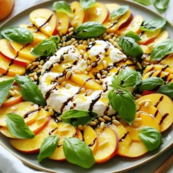 - 3 ripe peaches, sliced - 1 cup fresh mozzarella burrata - 2 cups fresh basil leaves - 2 tablespoons balsamic glaze - 1 tablespoon olive oil - Salt and pepper to taste - 1/4 cup toasted pine nuts To make the perfect Peach Caprese Salad with Burrata, you need fresh and high-quality ingredients. Let’s break down each one. Ripe Peaches: Choose peaches that feel slightly soft to the touch. They should smell sweet. This will give your salad a juicy and sweet flavor. Fresh Mozzarella Burrata: Burrata is creamier than regular mozzarella. It adds a rich texture to your dish. If you can’t find burrata, creamy buffalo mozzarella works well too. Fresh Basil Leaves: Fresh basil brings a bright taste. If you can't find fresh basil, you can use dried basil, but use less since it's stronger. Balsamic Glaze: The glaze adds sweetness and acidity. You can buy it or make your own by reducing balsamic vinegar until thick. Olive Oil: Use a good quality extra virgin olive oil. It enhances the flavors of the salad. Salt and Pepper: These simple seasonings bring out the natural flavors of the ingredients. Toasted Pine Nuts: Pine nuts add a nice crunch. You can substitute with walnuts or almonds if needed. - Alternatives for Burrata Cheese: If you can't find burrata, use creamy ricotta or a soft goat cheese for a different taste. - Choosing the Right Peaches: Look for peaches that are fragrant and slightly soft. Avoid hard or bruised ones. - Fresh vs. Dried Basil: Fresh basil is best, but if using dried, use about one-third the amount. Dried basil has a different flavor profile. For the full recipe and detailed steps, check the [Full Recipe]. First, wash your peaches well under cool water. This step is key for removing dirt. Next, cut each peach in half and remove the pit. Slice the peaches into wedges. Aim for thin, even slices for a nice look. Now, take a large serving plate. Arrange the peach slices in a circular pattern. Overlap them slightly for a pretty display. This makes your salad more inviting. Now it’s time to add the burrata. Tear the cheese into smaller pieces with your hands. Place these pieces among the peach slices. This adds creaminess and flavor. Next, scatter fresh basil leaves all around. The green basil adds a lovely color and smell. You want to create a vibrant look that draws people in. Drizzle balsamic glaze and olive oil over the salad. Use a spoon to spread it evenly across all the ingredients. This will enhance the taste and add a shiny finish. Finally, season your salad with salt and fresh cracked pepper. This will bring out all the flavors. For a crunchy finish, sprinkle toasted pine nuts over the top. These steps make this dish a true delight. For more details, check out the Full Recipe. How to select ripe peaches When I pick peaches, I look for ones that are soft and fragrant. A ripe peach should yield slightly when you press it gently. The color should be vibrant, with a golden hue. Avoid peaches with dark spots or wrinkled skin. This ensures your salad is juicy and sweet. Importance of using fresh ingredients Fresh ingredients make a big difference in taste. I always choose high-quality burrata and fresh basil. This salad shines when you use the best. Fresh flavors enhance every bite, making the dish more enjoyable. When you use fresh items, your meal feels alive and bright. Pairing wines with the salad For a refreshing drink, I recommend a chilled white wine. A Sauvignon Blanc pairs well with the sweetness of peaches. If you prefer red, a light Pinot Noir works nicely too. The right wine can elevate the salad experience. Accompaniments for a complete meal This salad goes well with grilled chicken or fish. A crusty baguette also makes a great side. These additions round out the meal and add heartiness. You can enjoy the salad as a light lunch or a stunning dinner starter. Plating suggestions for visual appeal When plating, I like to arrange peach slices in a circle. This creates a beautiful pattern. Place the burrata in the center for a focal point. Scatter basil leaves for a pop of green. A well-plated salad looks inviting and tastes better. Garnishing techniques Garnish with toasted pine nuts for crunch. A drizzle of balsamic glaze adds shine. Just a sprinkle of sea salt enhances the flavors. These small touches make the dish stand out. They also show your guests that you care about presentation. For the full recipe, check out the Peachy Burrata Bliss Salad. {{image_2}} You can switch up the cheese in this salad for a new twist. Goat cheese adds a tangy flavor. Feta cheese also works well if you want a salty kick. For those who love creaminess, try ricotta cheese. If you prefer a vegan option, use cashew cheese or coconut yogurt. Both give a creamy texture without dairy. Change the fruit based on the season. In summer, ripe peaches shine, but in fall, use pears. They offer a sweet taste that pairs well with burrata. For winter holidays, try pomegranate seeds for a festive look. They also add a tart taste that balances the salad. Adapt the recipe to match your special occasions and make it festive. Add spices or herbs to boost the flavor. A sprinkle of black pepper gives a nice kick. Fresh mint adds a cool touch, while chili flakes bring heat. You can also introduce toppings like prosciutto for a savory crunch. Try adding nuts or seeds for texture. Each enhancement makes the salad even more delicious. Check out the Full Recipe for more ideas! To keep your Peach Caprese Salad fresh, store leftovers in an airtight container. This helps prevent the salad from getting soggy. Place the salad in the fridge right away. You can keep it for 1 to 2 days. The peaches may lose some crunch but will still taste good. You might not think of reheating a salad, but if you enjoy it warm, do it gently. Heat it in a pan on low until just warm. Avoid microwaving, as it can make the burrata rubbery. Enjoy the salad warm or at room temperature for the best taste. I recommend serving your Peach Caprese Salad cold. The chilled peaches and creamy burrata work well together. If you prefer, let it sit at room temperature for about 15 minutes. This allows the flavors to bloom. Enjoy every bite of this refreshing dish! For the full recipe, check out the details above. You can prep the salad a few hours in advance. Store the peach slices in a bowl with lemon juice. This keeps them fresh and bright. You can also tear the burrata and wash the basil ahead. Just wait to assemble everything until you are ready to serve. This keeps the salad looking great and tasting fresh. Yes, you can make your own balsamic glaze! Combine balsamic vinegar and sugar in a pot. Heat it over medium heat. Stir until the sugar dissolves, then simmer. Cook until it thickens, about 10-15 minutes. Let it cool before drizzling it on your salad. You can also add a pinch of salt or herbs for a unique twist. To slice peaches, start by washing them well. Cut each peach in half and remove the pit. Slice each half into wedges. Aim for even slices, about 1/4 inch thick. This helps with even layering in your salad. You want them to be juicy but not too thick. Perfect slices make your salad look more appealing. In this post, we covered how to make a peach caprese salad with burrata. We looked at the key ingredients, including ripe peaches, fresh mozzarella, and basil. I shared tips on substitutes and best practices for selecting fresh ingredients. You learned how to prepare, assemble, and present the salad beautifully. Finally, we discussed variations, storage tips, and answered common questions. This easy salad not only tastes great but showcases summer’s best flavors. Enjoy it as a light meal or a starter at your next gathering.