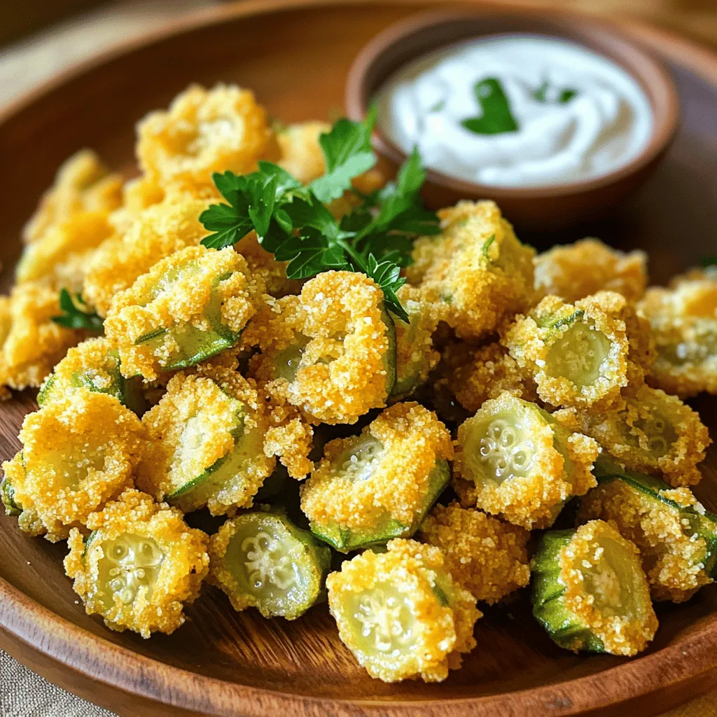 - 1 pound fresh whole okra - 1 cup buttermilk - 1 cup cornmeal - ½ cup all-purpose flour - 1 teaspoon garlic powder - 1 teaspoon onion powder - 1 teaspoon cayenne pepper - 1 teaspoon salt - 1 teaspoon black pepper - Vegetable oil for frying To make whole fried okra, you need fresh okra. Choose firm and green pods. They should feel heavy for their size. Buttermilk adds a great flavor and helps the coating stick. Use cornmeal for a crispy texture and all-purpose flour for balance. Each serving of fried okra has about 200 calories. The breakdown includes: - Protein: 4 grams - Fat: 10 grams - Carbohydrates: 30 grams This dish is a tasty treat, but watch your portions. To fry okra, gather these tools: - Large skillet or deep frying pan - Slotted spoon - Medium mixing bowls - Paper towels A large skillet helps cook the okra evenly. A slotted spoon lets excess oil drain. Mixing bowls are perfect for soaking and coating. Paper towels help absorb any extra oil after frying. For the full recipe, check the section above. 1. Washing and drying the okra Start by rinsing the okra under cold water. This step removes dirt and any grit. After washing, use a paper towel to pat the okra dry. This helps the coating stick better. 2. Soaking in buttermilk Next, place the okra in a bowl and cover it with buttermilk. Let it soak for about 10 to 15 minutes. This makes the okra tender and adds flavor. 1. Mixing the dry ingredients In a separate bowl, combine cornmeal, all-purpose flour, garlic powder, onion powder, cayenne pepper, salt, and black pepper. Stir until mixed well. This mixture creates a tasty and crunchy coating. 2. Battering the okra After soaking, take the okra out of the buttermilk. Let any extra liquid drip off. Then, toss the okra in the dry mixture until each piece is well coated. This will give the okra its crispy shell. 1. Heating the oil Heat about 2 inches of vegetable oil in a large skillet. Aim for medium-high heat, around 350°F (175°C). Use a thermometer if you have one for best results. 2. Frying in batches Carefully add the battered okra to the hot oil in small batches. Avoid overcrowding the pan. Fry each batch for about 3 to 4 minutes. Look for a golden brown color to know they are done. 3. Draining excess oil Once cooked, use a slotted spoon to take the okra out of the oil. Place them on a plate lined with paper towels. This step helps absorb any extra oil, making your fried okra less greasy. Follow these steps to enjoy crispy and flavorful whole fried okra. For more detailed instructions, check out the Full Recipe. To get that perfect crunch, temperature matters. Heat your oil to about 350°F (175°C). This hot oil cooks the okra fast, keeping it crispy. If the oil is too cool, your okra can turn soggy. Use a thermometer for best results. For even coating, follow these steps: - Make sure to shake off excess buttermilk before coating. - Coat in small batches to avoid clumps. - Press the coating onto the okra to help it stick better. Want to kick up the flavor? Consider adding more spices. Here are some great options: - Paprika for a smoky touch. - Cumin for warmth. - Black pepper for extra bite. Using different types of flour can also enhance the taste. Try substituting some cornmeal with: - Rice flour for a lighter crunch. - Chickpea flour for a nutty flavor. What to dip your okra in? Ranch dressing is a classic choice. For spice lovers, a spicy aioli adds a tasty kick. Try pairing your fried okra with: - Grilled chicken for a balanced meal. - Spicy barbecue ribs for a fun feast. For a festive touch, sprinkle some fresh herbs on top before serving. This adds color and freshness to your dish. For the full recipe, check out the details above. {{image_2}} To give your fried okra that Southern charm, you can add some local spices. A pinch of smoked paprika or a dash of Cajun seasoning brightens the flavor. You can also toss in fresh herbs like thyme or parsley. These herbs add depth and freshness to each bite. If you want a vegan version, swap the buttermilk. You can use plant-based milk mixed with vinegar. This gives the same tangy taste. For the coating, try chickpea flour. It makes a great batter that is crispy and full of flavor. You could even air-fry the okra for a healthier take. Just coat them lightly and cook until golden. You can make your fried okra more exciting by adding seasonal veggies. Sweet corn or diced bell peppers blend well. This extra color and flavor make your dish pop. For special occasions, think about adding flavors like pumpkin spice in the fall. This makes your dish feel festive while keeping it delicious. For more ideas on making your fried okra special, check out the Full Recipe! To keep your fried okra fresh, let it cool first. Place it on a plate lined with paper towels. This helps absorb extra oil. Once cool, transfer the okra to a sealed container. Use an airtight container for best results. Store it in the fridge for up to three days. When reheating fried okra, you want to keep it crispy. The best way is to use an oven. Preheat your oven to 375°F (190°C). Spread the okra on a baking sheet. Bake for about 10-15 minutes. Check often to avoid burning. Another method is using an air fryer. Set it to 350°F (175°C) for about 5-7 minutes. Both methods help maintain that crunchy texture. Avoid microwaving, as it makes the okra soggy. You can freeze fried okra for later use. First, let it cool completely. Spread the okra on a baking sheet in a single layer. Freeze for 1-2 hours until firm. Then, transfer it to a freezer-safe bag. Remove as much air as possible to prevent freezer burn. To reheat frozen okra, thaw it in the fridge overnight. Then, use the oven or air fryer to bring back the crispiness. Do not refry it from frozen, as this can make it greasy. To make whole fried okra, you need to follow a few key steps. First, wash 1 pound of fresh okra. Dry it well with a towel. Then, soak the okra in 1 cup of buttermilk for about 10-15 minutes. This tenderizes the okra and adds flavor. In a separate bowl, mix 1 cup of cornmeal, ½ cup of flour, and your spices. Coat the okra in this mixture. Finally, fry in hot oil until golden brown and crispy. You can use frozen okra, but fresh is better. Frozen okra has more water, which can make it soggy. If you use frozen, thaw it completely and pat it dry. This helps keep your fried okra crispy. Fresh okra gives a better texture and taste. To avoid greasy fried okra, heat your oil to the right temperature. Aim for around 350°F (175°C). Fry in small batches. This allows the okra to cook evenly and absorb less oil. After frying, place the okra on paper towels. This step removes extra oil. Fried okra works well with many dishes. It complements fried chicken perfectly. You can also serve it alongside collard greens or cornbread. For dipping, ranch dressing or spicy sauce adds a nice kick. Enjoy it as a side or a snack! You now have a simple guide to make delicious fried okra. We covered the ingredients, cooking steps, and tips for the perfect crispy texture. Remember to adjust flavors to your taste and explore variations. Storing leftovers properly will keep them fresh and tasty. By following these steps, you can enjoy this Southern classic at home. I hope you're excited to try this recipe and share it with others. Fried okra is fun to make and even better to eat!