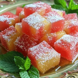 To make this sweet treat, you need the following main ingredients: - 4 cups watermelon rind, peeled and cut into 1-inch pieces - 2 cups granulated sugar - 1 cup water - 1 teaspoon vanilla extract - 1/2 teaspoon cinnamon - 1/4 teaspoon ginger (optional) - 1/4 teaspoon salt These simple ingredients combine to create a delightful flavor. The watermelon rind is often discarded, but it adds a unique twist when candied. You can enhance the taste with these optional ingredients: - 1/4 teaspoon ginger - Powdered sugar for dusting Adding ginger gives a nice kick. Dusting with powdered sugar makes it look lovely and adds extra sweetness. Gather these tools for an easy cooking process: - Sharp knife - Large saucepan - Slotted spoon - Wire rack These tools help you prepare the watermelon rind and make the candy. The sharp knife is key for cutting, while the wire rack helps the rind dry properly. To follow the complete process, check the Full Recipe. First, choose a ripe watermelon. You want one that feels heavy for its size. Slice off the green skin with a sharp knife. Make sure to leave the white inner rind. Cut the rind into 1-inch pieces. Discard any red flesh left on the rind. This step sets you up for the candy process. Next, bring 4 cups of water to a boil in a large saucepan. Add the watermelon rind pieces carefully. Let them boil for about 10 minutes. This softens the rind and makes it easier to candy. After boiling, drain the pieces and set them aside. In the same saucepan, mix 1 cup of water with 2 cups of granulated sugar. Heat it over medium heat. Stir until the sugar dissolves completely. This syrup creates the sweet base for your candy. Now, add the boiled watermelon rind to the syrup. Lower the heat to low. Let it simmer gently for about 45 minutes to 1 hour. Stir occasionally. You want the rind to become translucent and the syrup to thicken. Watch for that beautiful shine! After simmering, remove the saucepan from heat. Let the rind cool in the syrup for one hour. This step helps the flavors absorb better. Once cooled, use a slotted spoon to take out the candied pieces. Place them on a wire rack. Let them dry for several hours or overnight. If you want, dust them with powdered sugar for extra sweetness. With these steps, you turn simple watermelon rind into a delightful treat. For a complete guide, check out the Full Recipe. To make great candied watermelon rind, start by picking the right watermelon. Look for one that feels heavy for its size. The skin should be smooth and firm. Check for a yellow spot on the rind. This spot shows where the watermelon rested on the ground. A creamy yellow spot means it is ripe and sweet. Many people make mistakes when preparing watermelon rind. One common error is not removing all the red flesh. This can make the rind too sweet and messy. Another mistake is boiling the rind for too long. You want it tender, but not mushy. Keep a close eye on it while boiling. Also, don’t rush the cooling process. Letting it cool in the syrup helps the flavors blend well. To get that perfect texture, follow these steps. First, peel the green skin carefully. Then, cut the rind into even pieces. This will help them cook evenly. When boiling, don’t skip the simmering in syrup stage. It’s key for making the rind soft and sweet. After simmering, let the pieces dry on a wire rack. This step makes them chewy and delicious. For a fun twist, dust them lightly with powdered sugar before serving. For the full recipe, check the full recipe section. Enjoy your sweet treat! {{image_2}} You can change the taste of your candied watermelon rind by adding spices. Try adding cardamom for a warm flavor. You can also use nutmeg for a sweet and spicy kick. A pinch of cayenne pepper can add a fun heat. Each spice gives a new twist to this classic treat. Watermelon rind is just the start. You can candy other rinds too! Try using cantaloupe or pumpkin rinds. Each one has its own taste and texture. Experiment with different fruits to find your favorite. This way, you can enjoy a variety of sweet treats. When serving your candied watermelon rind, think outside the box. You can mix it into trail mix for a sweet touch. It also works well as a topping for ice cream or yogurt. Use it as a garnish on cakes for a pop of color. You can even serve it with cheese for a sweet and savory combo. The options are endless with this delightful treat! For the full recipe, check out the details above. To keep your candied watermelon rind fresh, store it in an airtight container. Make sure it is completely cool before sealing. This helps retain its sweet flavor and chewy texture. When stored correctly, candied watermelon rind lasts about 2 weeks at room temperature. You can extend its life by placing it in the fridge. However, the texture may change slightly. Always check for any signs of spoilage, like off smells or mold. You can also freeze candied watermelon rind for later use. It keeps well for up to 6 months in the freezer. To freeze, spread the pieces on a baking sheet and freeze until solid. Then, transfer them to a freezer-safe bag or container. This way, you can enjoy your sweet treat anytime! For the full recipe, check out the earlier sections. The best way to prepare watermelon rind is to first pick a ripe watermelon. Use a sharp knife to cut off the green skin. Then, slice the remaining white rind into 1-inch pieces. Make sure to remove any red flesh. This gives you clean, ready-to-candy pieces. I do not recommend using overripe watermelon. The rind may be too soft and mushy. For the best results, choose a firm, fresh watermelon. This ensures your candied rind has the right texture and holds up when cooked. You can use candied watermelon rind in many ways. Chop it up and mix it into fruit salads or yogurt. It also makes a great topping for cakes and cupcakes. You can even use it as a fun garnish for ice cream or pudding. Candied watermelon rind is not the healthiest treat. It contains lots of sugar due to the candying process. However, it does have some fiber and nutrients from the rind itself. Enjoy it as an occasional sweet treat rather than a daily snack. Yes, you can make this recipe vegan! The ingredients in candied watermelon rind are already plant-based. Just make sure your sugar is vegan-friendly. Some sugars are processed with bone char, so look for organic or raw sugar to keep it vegan. For the full recipe, check out the recipe details provided earlier. You can now enjoy candied watermelon rind at home. We covered the main steps, from selecting the right ingredients to storing your treat. Use spices for fun new flavors. Avoid common mistakes for the best texture. Remember to store it well for lasting enjoyment. Candied watermelon rind is tasty and reduces food waste. Dive in and have fun creating this simple yet delicious treat. Your kitchen will love this sweet addition!