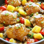 - 4 boneless, skinless chicken thighs - 1 cup fresh pineapple, diced - ¼ cup honey - 2 tablespoons soy sauce (or coconut aminos for gluten-free option) - 1 tablespoon olive oil - 1 teaspoon garlic powder - 1 teaspoon ginger powder - ½ teaspoon salt - ¼ teaspoon black pepper - ¼ cup green onions, chopped - Toasted sesame seeds The main ingredients shine in this dish. The chicken thighs provide a juicy base. Fresh pineapple adds sweetness and acidity. Honey gives a lovely glaze that makes every bite special. For a savory touch, soy sauce ties the flavors together. You can use coconut aminos if you prefer a gluten-free option. The seasoning mix is simple yet powerful. Olive oil helps the spices cling to the chicken. Garlic and ginger powders give the dish warmth. Salt and pepper balance the sweetness from the honey and pineapple. When it comes to garnishes, green onions add a nice crunch. Toasted sesame seeds bring a nutty flavor. These small touches elevate your meal. For the full recipe, check the complete steps to create this flavorful delight. - Preheat the oven to 400°F (200°C). - Coat chicken thighs with seasoning mixture. First, you need to get your oven ready. Preheating it to 400°F (200°C) gives the chicken a nice, even cook. Next, take a big bowl and mix olive oil, garlic powder, ginger powder, salt, and black pepper. This mixture adds great flavor. Toss the chicken thighs in this mix until they are fully coated. This step makes sure every bite is tasty. - Combine diced pineapple, honey, soy sauce, and lime juice. Now, let’s make the sauce. In a separate bowl, combine diced pineapple, honey, soy sauce, and lime juice. Stir them well until they mix together. This sauce adds sweetness and tang, making your chicken shine. The pineapple gives it a fruity twist that everyone loves. - Arrange ingredients in the skillet and roast until chicken is cooked through. Time to cook! Grab a large oven-safe skillet. Place the coated chicken thighs in a single layer. Pour half of your pineapple sauce over the chicken. Then, add sliced red and green bell peppers around the chicken. Pour the rest of the sauce on top. Put the skillet in your preheated oven. Roast it for about 25 to 30 minutes. You want the chicken to reach an internal temperature of 165°F (74°C). This way, it is safe to eat. The bell peppers should be tender too. Once done, let the skillet sit for 5 minutes before serving. This helps the flavors mix better. For the final touch, garnish with green onions and sesame seeds if you like. Enjoy your One-Pan Honey Pineapple Chicken! For the complete recipe, check [Full Recipe]. To cook the best chicken, make sure the internal temperature hits 165°F (74°C). You can check this with a meat thermometer. Once done, let the dish rest for five minutes. This helps the juices settle, making the chicken moist and tasty. Want even more taste? Marinate the chicken in your favorite sauce for at least an hour. Using the pineapple mixture as a marinade adds sweetness and tang. This simple step takes the flavor to a whole new level. Not a fan of chicken? You can use pork, shrimp, or tofu instead. Each protein brings its own flavor. If you want to add more veggies, bell peppers, snap peas, or broccoli work great. Just adjust the cooking time based on what you choose. Enjoy experimenting with your One-Pan Honey Pineapple Chicken! For the complete method, check the Full Recipe. {{image_2}} You can easily adapt this dish to fit different diets. For gluten-free needs, swap soy sauce with coconut aminos. This keeps the flavors rich and adds a hint of sweetness. If you follow a low-carb diet, replace honey with a sugar substitute like erythritol. This allows you to enjoy the taste without the extra carbs. To take your One-Pan Honey Pineapple Chicken to the next level, try adding spices or herbs. A pinch of chili flakes boosts the heat, while fresh cilantro adds a nice touch. You can also mix in different fruits. Mango and peach work beautifully and bring a tropical twist. The natural sugars in these fruits caramelize when cooked, enhancing the dish's sweetness. While the oven method is simple, you can grill this dish for a smoky flavor. Just marinate the chicken in the sauce and grill until fully cooked. A slow cooker is another great option. Simply layer the chicken and sauce in the pot and cook on low. This method tenderizes the chicken and lets the flavors meld together beautifully. For the full recipe, check out the detailed instructions above. To keep your One-Pan Honey Pineapple Chicken fresh, store leftovers in an airtight container. Place the chicken and vegetables together. This helps maintain flavor and moisture. Make sure it cools down first before sealing. The chicken will stay good in the fridge for up to four days. If you want to freeze the dish, let it cool completely. Then, portion it into freezer bags or containers. Squeeze out any air to avoid freezer burn. To reheat, thaw it in the fridge overnight. You can then warm it in the oven at 350°F (175°C) until heated through. This will help keep the chicken tender. In the fridge, your One-Pan Honey Pineapple Chicken lasts about four days. If frozen, it can last up to three months. Always check for signs of spoilage before eating. If it looks or smells off, it’s best to throw it away. Yes, you can use chicken breasts. They will work well in this recipe. Chicken breasts cook faster than thighs. Keep an eye on the time. They may need only 20-25 minutes in the oven. If you want to swap honey, use maple syrup or agave nectar. Both will add a nice sweetness. You can also use brown sugar mixed with a little water for a similar effect. Check the chicken's internal temperature. It should reach 165°F (74°C). You can use a meat thermometer for accuracy. If you don’t have one, cut a piece open. The meat should be white, not pink. For the full recipe, check the details above. This blog covers a tasty recipe for Honey Pineapple Chicken. You learned about the key ingredients, cooking steps, and options to customize the dish. I shared tips for perfect chicken and ways to store leftovers. Try different flavors and cooking methods to keep meals exciting. Use these ideas to make your cooking fun and easy. Enjoy your time in the kitchen, and remember that simple ingredients can create great meals!