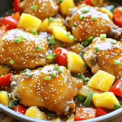 - 4 boneless, skinless chicken thighs - 1 cup fresh pineapple, diced - 1/4 cup honey - 2 tablespoons soy sauce (or coconut aminos for gluten-free option) - 1 tablespoon olive oil - 1 teaspoon garlic powder - 1 teaspoon ginger powder - 1/2 teaspoon salt - 1/4 teaspoon black pepper - 1/4 cup green onions, chopped - Toasted sesame seeds The main ingredients shine in this dish. The chicken thighs provide a juicy base. Fresh pineapple adds sweetness and acidity. Honey gives a lovely glaze that makes every bite special. For a savory touch, soy sauce ties the flavors together. You can use coconut aminos if you prefer a gluten-free option. The seasoning mix is simple yet powerful. Olive oil helps the spices cling to the chicken. Garlic and ginger powders give the dish warmth. Salt and pepper balance the sweetness from the honey and pineapple. When it comes to garnishes, green onions add a nice crunch. Toasted sesame seeds bring a nutty flavor. These small touches elevate your meal. For the full recipe, check the complete steps to create this flavorful delight. - Preheat the oven to 400°F (200°C). - Coat chicken thighs with seasoning mixture. First, you need to get your oven ready. Preheating it to 400°F (200°C) gives the chicken a nice, even cook. Next, take a big bowl and mix olive oil, garlic powder, ginger powder, salt, and black pepper. This mixture adds great flavor. Toss the chicken thighs in this mix until they are fully coated. This step makes sure every bite is tasty. - Combine diced pineapple, honey, soy sauce, and lime juice. Now, let’s make the sauce. In a separate bowl, combine diced pineapple, honey, soy sauce, and lime juice. Stir them well until they mix together. This sauce adds sweetness and tang, making your chicken shine. The pineapple gives it a fruity twist that everyone loves. - Arrange ingredients in the skillet and roast until chicken is cooked through. Time to cook! Grab a large oven-safe skillet. Place the coated chicken thighs in a single layer. Pour half of your pineapple sauce over the chicken. Then, add sliced red and green bell peppers around the chicken. Pour the rest of the sauce on top. Put the skillet in your preheated oven. Roast it for about 25 to 30 minutes. You want the chicken to reach an internal temperature of 165°F (74°C). This way, it is safe to eat. The bell peppers should be tender too. Once done, let the skillet sit for 5 minutes before serving. This helps the flavors mix better. For the final touch, garnish with green onions and sesame seeds if you like. Enjoy your One-Pan Honey Pineapple Chicken! For the complete recipe, check [Full Recipe]. To cook the best chicken, make sure the internal temperature hits 165°F (74°C). You can check this with a meat thermometer. Once done, let the dish rest for five minutes. This helps the juices settle, making the chicken moist and tasty. Want even more taste? Marinate the chicken in your favorite sauce for at least an hour. Using the pineapple mixture as a marinade adds sweetness and tang. This simple step takes the flavor to a whole new level. Not a fan of chicken? You can use pork, shrimp, or tofu instead. Each protein brings its own flavor. If you want to add more veggies, bell peppers, snap peas, or broccoli work great. Just adjust the cooking time based on what you choose. Enjoy experimenting with your One-Pan Honey Pineapple Chicken! For the complete method, check the Full Recipe. {{image_2}} You can easily adapt this dish to fit different diets. For gluten-free needs, swap soy sauce with coconut aminos. This keeps the flavors rich and adds a hint of sweetness. If you follow a low-carb diet, replace honey with a sugar substitute like erythritol. This allows you to enjoy the taste without the extra carbs. To take your One-Pan Honey Pineapple Chicken to the next level, try adding spices or herbs. A pinch of chili flakes boosts the heat, while fresh cilantro adds a nice touch. You can also mix in different fruits. Mango and peach work beautifully and bring a tropical twist. The natural sugars in these fruits caramelize when cooked, enhancing the dish's sweetness. While the oven method is simple, you can grill this dish for a smoky flavor. Just marinate the chicken in the sauce and grill until fully cooked. A slow cooker is another great option. Simply layer the chicken and sauce in the pot and cook on low. This method tenderizes the chicken and lets the flavors meld together beautifully. For the full recipe, check out the detailed instructions above. To keep your One-Pan Honey Pineapple Chicken fresh, store leftovers in an airtight container. Place the chicken and vegetables together. This helps maintain flavor and moisture. Make sure it cools down first before sealing. The chicken will stay good in the fridge for up to four days. If you want to freeze the dish, let it cool completely. Then, portion it into freezer bags or containers. Squeeze out any air to avoid freezer burn. To reheat, thaw it in the fridge overnight. You can then warm it in the oven at 350°F (175°C) until heated through. This will help keep the chicken tender. In the fridge, your One-Pan Honey Pineapple Chicken lasts about four days. If frozen, it can last up to three months. Always check for signs of spoilage before eating. If it looks or smells off, it’s best to throw it away. Yes, you can use chicken breasts. They will work well in this recipe. Chicken breasts cook faster than thighs. Keep an eye on the time. They may need only 20-25 minutes in the oven. If you want to swap honey, use maple syrup or agave nectar. Both will add a nice sweetness. You can also use brown sugar mixed with a little water for a similar effect. Check the chicken's internal temperature. It should reach 165°F (74°C). You can use a meat thermometer for accuracy. If you don’t have one, cut a piece open. The meat should be white, not pink. For the full recipe, check the details above. This blog covers a tasty recipe for Honey Pineapple Chicken. You learned about the key ingredients, cooking steps, and options to customize the dish. I shared tips for perfect chicken and ways to store leftovers. Try different flavors and cooking methods to keep meals exciting. Use these ideas to make your cooking fun and easy. Enjoy your time in the kitchen, and remember that simple ingredients can create great meals!