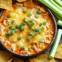- 2 cups cooked chicken, shredded - 1 (8 oz) package cream cheese, softened - 1 cup buffalo sauce (adjust for spice level) - 1 cup shredded cheddar cheese - 1/2 cup ranch dressing - 1/4 cup green onions, sliced (plus extra for garnish) - Tortilla chips or celery sticks for serving Buffalo chicken dip needs simple ingredients. I love using shredded rotisserie chicken for ease. You can also cook your chicken at home. Just boil or bake it. The cream cheese gives the dip a smooth texture. It blends well with the chicken and sauce. The buffalo sauce brings the heat and flavor. Adjust it to match your spice level. Shredded cheddar adds a rich taste. It melts wonderfully on top. Ranch dressing balances the spice nicely. It makes the dip creamy and tangy. Lastly, green onions add a fresh crunch. They also look great on top. I suggest using tortilla chips for dipping. Celery sticks are a great fresh option too. For the full recipe, check out the instructions that follow. Enjoy making this delightful dish! - Preheat the oven to 350°F (175°C). - In a large mixing bowl, combine the softened cream cheese, shredded chicken, buffalo sauce, ranch dressing, and half of the shredded cheddar cheese. - Mix well until all ingredients are creamy and well combined. This step is key. You want a smooth blend that will create a rich flavor. The cream cheese adds a nice base, while the buffalo sauce gives it that signature kick. - Transfer the mixture to a baking dish, spreading it evenly. - Top with the remaining shredded cheddar cheese and sliced green onions. - Bake in the preheated oven for 20-25 minutes or until bubbling and cheese is melted. Baking brings everything together. The heat melds the flavors, and the cheese gets all gooey and golden. When you pull it out of the oven, let it cool slightly. This dip is best served warm. Enjoy it with tortilla chips or celery sticks for a crunch that complements the creamy dip. For the full recipe, check [Full Recipe]. Choosing the right chicken is key. You can use cooked chicken or rotisserie chicken. Rotisserie chicken adds great flavor and saves time. Shred it well for a smooth texture. Adjust the spice level with buffalo sauce. Start with a cup for a medium heat. If you like it spicier, add more sauce. For milder taste, use less sauce. You can also mix in some ranch dressing to tone down the heat. Letting the dip sit before serving helps the flavors blend. After baking, let it cool for about 10 minutes. This cooling time also helps the dip firm up a bit. For dipping, tortilla chips work great, but celery sticks offer a fresh crunch. Tortilla chips add a rich flavor, while celery sticks give a crisp, cool taste. Pair your buffalo chicken dip with drinks like beer or soda. It also goes well with other appetizers like veggie trays or sliders. If you have leftover dip, get creative! Use it in sandwiches or as a topping for baked potatoes. You can even mix it into pasta for a spicy twist. For the full recipe, check out the details above! {{image_2}} When it comes to Buffalo chicken dip, you can be as creative as you want. You can play around with flavors and textures to make it your own. If you like heat, adding jalapeños can spice things up. Just chop them finely and mix them in with the other ingredients. If you want a unique taste, try different sauces. For example, a smoky chipotle sauce can give your dip a rich flavor. You can also mix in barbecue sauce for a sweet twist. For those looking to lighten things up, swap regular cream cheese for low-fat cream cheese. You can also use low-fat ranch dressing to cut calories. Another great idea is to add vegetables. Chopped spinach or bell peppers add color and nutrients. They also enhance the flavor without adding too many calories. These variations keep the dip fun and fresh. You can enjoy it your way, whether you like it hot or healthy. Check out the [Full Recipe] for more tasty ideas! To keep Buffalo Chicken Dip fresh, use an airtight container. Glass or plastic containers work great. Make sure to let the dip cool before sealing it. You can store leftovers in the fridge for up to four days. If you want to keep it longer, freeze the dip. Use freezer-safe containers, leaving some space for expansion. Frozen dip can last up to three months. When you’re ready to enjoy the dip again, reheating is simple. The best method is to use the oven. Preheat it to 350°F (175°C). Place the dip in an oven-safe dish. Heat for about 15-20 minutes until hot. You can also use the microwave, but be careful. Heat it in short bursts, stirring often. This helps avoid drying out the dip. Add a splash of ranch dressing or buffalo sauce if it seems too thick. Enjoy your comforting and flavorful delight! You can store Buffalo Chicken Dip in the fridge for up to three days. Be sure to keep it in an airtight container. If you want to save it longer, freeze it. It can last in the freezer for about two months. Just remember to let it cool before freezing. Yes, you can make Buffalo Chicken Dip ahead. Simply prepare it, but do not bake it. Cover the dish and store it in the fridge. When you are ready to enjoy it, just bake it as directed. This way, you have a fresh dip without all the last-minute work. If you don't have ranch dressing, don't worry! You can use blue cheese dressing instead. You can also mix sour cream with a bit of garlic powder and herbs for a homemade substitute. This will give you a tasty dip with a different twist. Yes, this recipe can be gluten-free! Just make sure to use gluten-free ranch dressing and buffalo sauce. Many brands offer these options. Always check the labels to be sure. You can enjoy this dip with gluten-free tortilla chips or veggie sticks. Buffalo Chicken Dip comes together with simple ingredients. You mix cooked chicken, cream cheese, and buffalo sauce for a tasty treat. Bake it until cheese melts, and serve with chips or celery sticks. You can adjust spice levels and even go for healthier choices. Store leftovers in tight containers and reheat carefully. This dip is great for parties or game nights. Remember, you can make it ahead and enjoy its flavors fully. Now you're set to impress at your next gathering!
