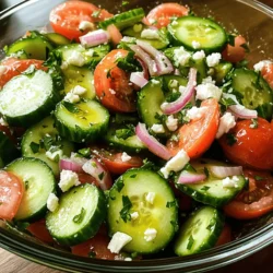 - 2 large cucumbers, diced - 3 ripe tomatoes, diced - 1 red onion, thinly sliced To make a great salad, fresh ingredients are key. The cucumbers give a cool crunch. The tomatoes add sweet juiciness. The red onion brings a bit of sharpness. You can mix them all together for a colorful base. - 3 tablespoons olive oil - 1 tablespoon apple cider vinegar - 1 teaspoon honey - Salt and pepper to taste The dressing ties everything together. Olive oil adds richness, while apple cider vinegar offers tang. Honey gives a hint of sweetness. Don't forget salt and pepper to taste. This simple mix makes the salad pop! - 1/4 cup fresh parsley, chopped - 1/4 cup crumbled feta cheese For a twist, add fresh parsley. It brightens flavor and adds color. Feta cheese is a great choice, too. It adds creaminess and a salty bite. These extras are not must-haves, but they elevate your salad. For the full recipe, check out the complete instructions above. First, grab your mixing bowl. Combine the diced cucumbers, diced tomatoes, and sliced onions. This mix brings fresh flavors together. Each bite offers a crisp, juicy taste. You can choose any cucumbers you like, but I prefer Persian cucumbers for their sweetness. Next, find a small bowl or jar. Whisk together the olive oil, apple cider vinegar, honey, salt, and pepper. This dressing adds a tangy sweetness. Adjust the honey to your taste for a hint of sweetness. Now, drizzle the dressing over your salad mix. Toss everything gently until well coated. Let the salad sit for 10-15 minutes. This resting time allows the flavors to blend. For a touch of creaminess, sprinkle crumbled feta cheese on top. Serve in a clear bowl to show off those vibrant colors. Enjoy your refreshing cucumber tomato salad! Check out the Full Recipe for more details. To make the best salad, use ripe, seasonal tomatoes. Look for tomatoes that are firm yet slightly soft. Their smell should be sweet and fresh. Crisp cucumbers add crunch. Select cucumbers with bright skin and no soft spots. They should feel firm in your hand. You can take this salad to the next level by adding feta cheese or olives. Feta brings creaminess and a salty punch. If you want a briny taste, add olives. Both ingredients add depth and make the salad more enjoyable. You can also try adding bell peppers or avocados for more flavor and texture. A clear salad bowl makes your salad stand out. It shows off the vibrant colors of the veggies. You can also garnish with extra parsley or a sprinkle of feta on top. This small touch adds beauty and makes it more appealing. For a fun twist, serve it in small mason jars for individual portions. For the full recipe, check out the Refreshing Cucumber Tomato Fusion Salad. {{image_2}} You can make your salad heartier by adding protein. Grilled chicken works well. It brings a nice flavor and texture. You can also use chickpeas. They add protein and a bit of creaminess. Just mix them in with the veggies. They make the salad more filling. To change the flavor, try adding fresh herbs. Basil gives a sweet touch, while mint adds freshness. Both herbs pair well with tomatoes and cucumbers. Just chop them finely and mix them in. You can really transform the taste with these simple herbs. The dressing can also change the salad’s taste. Using lemon juice adds a bright, tangy kick. You can also swap apple cider vinegar for balsamic vinegar. This gives a richer flavor. Just whisk the new dressing ingredients as you did before. These small changes keep your salad exciting and fresh. For the full recipe, check out the details above. You can keep leftovers of this salad in the fridge for 2-3 days. The salad stays fresh for a short time. After that, the cucumbers may become soggy. Store it in the fridge right after serving. Use an airtight container to keep the salad fresh. This will help prevent the salad from absorbing other odors in the fridge. A good seal will keep the flavors intact. If you want, you can store the dressing separately. This helps keep the salad crisp and bright. Freezing this salad is not a good idea. The texture of cucumbers and tomatoes changes when frozen. They become mushy and lose their crunch. Enjoy this salad fresh instead! You can make it quickly anytime you like. For the full recipe, check out the section above. Yes, you can prepare this salad ahead of time. To keep it fresh, chop the veggies and store them in separate containers. Mix the veggies right before serving. This way, the salad stays crisp. You can also make the dressing in advance. Just store it in a jar in the fridge. When you're ready to serve, combine everything and toss. Letting it sit for a few minutes helps the flavors blend. If you want a dairy-free option, try using avocado or sunflower seeds. Both add creaminess and flavor. You can also use tofu crumbles for a non-dairy cheese feel. Nutritional yeast is another great choice. It gives a cheesy taste without dairy. These options keep your salad tasty and fresh. You can easily change the dressing to fit your taste. Want it zingier? Add more apple cider vinegar or a splash of lemon juice. If you like sweetness, add more honey. For some heat, mix in a pinch of red pepper flakes. You can also try adding fresh herbs like basil or oregano for a different flavor. Adjust it to make it your own! This salad combines fresh ingredients and a simple dressing. You start by preparing your veggies, then mix the dressing, and toss everything together. For added flavor and texture, consider using feta cheese or protein options. Keep leftovers fresh in the fridge for a few days, but avoid freezing. Eating fresh salads leads to a healthier you. Get creative with your ingredients and enjoy! Your salad can be a fun way to experiment with flavors.