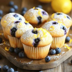 - 1½ cups all-purpose flour - ½ cup granulated sugar - ¼ cup brown sugar, packed - 2 teaspoons baking powder - ½ teaspoon baking soda - ½ teaspoon salt - 1 tablespoon lemon zest - ½ cup buttermilk - ⅓ cup unsalted butter, melted and cooled - 2 large eggs - 1 teaspoon vanilla extract - 1½ cups fresh blueberries - 2 tablespoons lemon juice - Optional: 1 tablespoon coarse sugar for topping Gather these ingredients before you start. Fresh blueberries burst with flavor, and lemon zest adds a bright touch. Using both granulated and brown sugar gives depth to the sweetness. Buttermilk makes the muffins tender and moist. The baking powder and baking soda help them rise perfectly, while salt balances the flavors. Mixing these ingredients together creates a delightful batter. You can find the full recipe to guide you in making these treats. Enjoy the process! First, you need to preheat your oven to 375°F (190°C). This step warms the oven and helps the muffins rise well. While the oven heats, prepare your muffin tin. Line it with paper liners or lightly grease it. This prevents the muffins from sticking and makes cleanup easy. Next, let’s combine the dry ingredients. In a large mixing bowl, whisk together: - 1½ cups all-purpose flour - ½ cup granulated sugar - ¼ cup brown sugar, packed - 2 teaspoons baking powder - ½ teaspoon baking soda - ½ teaspoon salt - 1 tablespoon lemon zest Mix these well until they are evenly combined. Now, grab another bowl to mix the wet ingredients. Whisk together: - ½ cup buttermilk - ⅓ cup unsalted butter, melted and cooled - 2 large eggs - 1 teaspoon vanilla extract - 2 tablespoons lemon juice Make sure this mixture is smooth and well combined. Pour the wet ingredients into the dry ingredients. Gently mix until just combined. It’s okay if you still see some flour. Overmixing can make the muffins tough. Now, fold in the blueberries gently. Use about 1½ cups of fresh blueberries or thawed frozen ones. Ensure the blueberries are evenly spread throughout the batter. Now it’s time to divide the batter. Spoon it evenly into the prepared muffin cups, filling them about ¾ full. If you like, sprinkle the tops with coarse sugar for extra texture. Place the muffin tin in the preheated oven. Bake for 18 to 20 minutes. Check for doneness by inserting a toothpick into the center of a muffin. If it comes out clean, the muffins are ready. After baking, let the muffins cool in the pan for about 5 minutes. Then, transfer them to a wire rack to cool completely. Enjoy these delicious treats for breakfast or as a snack! You can find the full recipe above for more details. To make the best lemon blueberry muffins, avoid overmixing the batter. When you combine the wet and dry ingredients, mix just until you see no dry flour. A few lumps are fine. Overmixing can lead to tough muffins. Measuring flour properly is key. Use a spoon to scoop flour into your measuring cup. Avoid packing it down. Level it off with a knife for accuracy. This will help your muffins rise well. If you don't have buttermilk, use milk with vinegar or lemon juice. Just add a tablespoon of either to a cup of milk. Let it sit for five minutes, and you have a perfect substitute. For sugar, you can use coconut sugar or honey. If you choose honey, reduce the liquid in your recipe slightly. Both options add unique flavors. To add more flavor, consider spices like cinnamon or nutmeg. A dash of vanilla extract can also brighten the taste. Just be careful not to overpower the lemon. Using fresh blueberries gives the best flavor and texture. If you use frozen ones, make sure to thaw and drain them first. This prevents extra moisture in the batter. For the full recipe, check out the detailed instructions above. {{image_2}} You can easily switch up the fruit in your muffins. Raspberries add a nice tartness. Strawberries bring sweetness and a lovely color. Both fruits work well with lemon. They create a bright and fresh taste. You can also try adding nuts or chocolate. Walnuts or pecans add crunch and richness. Dark chocolate chips can give a sweet surprise. Just fold them into the batter, just like the blueberries. If you need gluten-free muffins, use a gluten-free flour mix. Look for one that has xanthan gum. This will help your muffins rise and hold together. For a vegan version, swap the eggs for flax eggs. Mix one tablespoon of ground flaxseed with three tablespoons of water. Let it sit for five minutes to thicken. Use almond milk instead of buttermilk. This keeps the muffins moist and tasty. These simple swaps let everyone enjoy lemon blueberry muffins! For the full recipe, check the recipe section above. To keep your lemon blueberry muffins fresh, store them at room temperature. Place them in an airtight container. This will keep them moist for up to three days. If you want them to last longer, you can refrigerate them. However, refrigeration can make them a bit dry. For the best taste, I recommend freezing muffins. Wrap each muffin tightly in plastic wrap. Then, place them in a freezer bag. This method helps them stay fresh for up to three months. When you're ready to eat, just thaw them overnight in the fridge. To enjoy your muffins again, reheat them properly. The best way is to use an oven. Preheat your oven to 350°F (175°C). Place the muffins on a baking sheet and heat them for about 5 to 10 minutes. This warms them up and keeps the texture nice. You can also use a microwave for quick reheating. Place the muffin on a microwave-safe plate. Heat it for about 10 to 15 seconds. Be careful not to overheat, or it may get tough. For serving, try adding a light spread of butter on top. A sprinkle of extra lemon zest can also enhance the flavor. Enjoy them warm for the best experience. Check out the Full Recipe for more detailed instructions! To make your muffins fluffy, use fresh baking powder. This helps create air pockets in the batter. Also, do not overmix your batter. Mix just until you see no dry flour. This keeps the muffins light. Adding buttermilk also helps, as it adds moisture and creates a tender crumb. Yes, you can make lemon blueberry muffins ahead of time. You can bake them a day before you plan to serve them. Store them in an airtight container to keep them fresh. You can also freeze them for later. Just thaw and warm them before serving. If you don’t have buttermilk, you can make your own. Mix one cup of milk with one tablespoon of lemon juice or vinegar. Let it sit for five minutes. This will create a similar tangy flavor and acidity that buttermilk brings to the muffins. Lemon blueberry muffins last about 2-3 days at room temperature. If you keep them in the fridge, they can last up to a week. For long-term storage, freeze them. They can last for up to three months in the freezer if sealed well. Yes, you can use frozen blueberries. Make sure to thaw and drain them first. This prevents extra moisture in your batter. Frozen blueberries may tint your muffins a bit more than fresh ones, but they will still taste great. For the full recipe, check out the section above. Enjoy baking these delightful muffins! This guide covered all you need to make delicious lemon blueberry muffins. You learned about the key ingredients, step-by-step instructions, and useful tips. Variations and storage info helped broaden your muffin-making skills. With these insights, you can create your own tasty treats. Experiment with flavors and share your creations. Enjoy your baking journey!