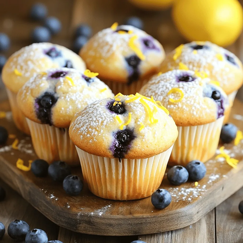 - 1½ cups all-purpose flour - ½ cup granulated sugar - ¼ cup brown sugar, packed - 2 teaspoons baking powder - ½ teaspoon baking soda - ½ teaspoon salt - 1 tablespoon lemon zest - ½ cup buttermilk - ⅓ cup unsalted butter, melted and cooled - 2 large eggs - 1 teaspoon vanilla extract - 1½ cups fresh blueberries - 2 tablespoons lemon juice - Optional: 1 tablespoon coarse sugar for topping Gather these ingredients before you start. Fresh blueberries burst with flavor, and lemon zest adds a bright touch. Using both granulated and brown sugar gives depth to the sweetness. Buttermilk makes the muffins tender and moist. The baking powder and baking soda help them rise perfectly, while salt balances the flavors. Mixing these ingredients together creates a delightful batter. You can find the full recipe to guide you in making these treats. Enjoy the process! First, you need to preheat your oven to 375°F (190°C). This step warms the oven and helps the muffins rise well. While the oven heats, prepare your muffin tin. Line it with paper liners or lightly grease it. This prevents the muffins from sticking and makes cleanup easy. Next, let’s combine the dry ingredients. In a large mixing bowl, whisk together: - 1½ cups all-purpose flour - ½ cup granulated sugar - ¼ cup brown sugar, packed - 2 teaspoons baking powder - ½ teaspoon baking soda - ½ teaspoon salt - 1 tablespoon lemon zest Mix these well until they are evenly combined. Now, grab another bowl to mix the wet ingredients. Whisk together: - ½ cup buttermilk - ⅓ cup unsalted butter, melted and cooled - 2 large eggs - 1 teaspoon vanilla extract - 2 tablespoons lemon juice Make sure this mixture is smooth and well combined. Pour the wet ingredients into the dry ingredients. Gently mix until just combined. It’s okay if you still see some flour. Overmixing can make the muffins tough. Now, fold in the blueberries gently. Use about 1½ cups of fresh blueberries or thawed frozen ones. Ensure the blueberries are evenly spread throughout the batter. Now it’s time to divide the batter. Spoon it evenly into the prepared muffin cups, filling them about ¾ full. If you like, sprinkle the tops with coarse sugar for extra texture. Place the muffin tin in the preheated oven. Bake for 18 to 20 minutes. Check for doneness by inserting a toothpick into the center of a muffin. If it comes out clean, the muffins are ready. After baking, let the muffins cool in the pan for about 5 minutes. Then, transfer them to a wire rack to cool completely. Enjoy these delicious treats for breakfast or as a snack! You can find the full recipe above for more details. To make the best lemon blueberry muffins, avoid overmixing the batter. When you combine the wet and dry ingredients, mix just until you see no dry flour. A few lumps are fine. Overmixing can lead to tough muffins. Measuring flour properly is key. Use a spoon to scoop flour into your measuring cup. Avoid packing it down. Level it off with a knife for accuracy. This will help your muffins rise well. If you don't have buttermilk, use milk with vinegar or lemon juice. Just add a tablespoon of either to a cup of milk. Let it sit for five minutes, and you have a perfect substitute. For sugar, you can use coconut sugar or honey. If you choose honey, reduce the liquid in your recipe slightly. Both options add unique flavors. To add more flavor, consider spices like cinnamon or nutmeg. A dash of vanilla extract can also brighten the taste. Just be careful not to overpower the lemon. Using fresh blueberries gives the best flavor and texture. If you use frozen ones, make sure to thaw and drain them first. This prevents extra moisture in the batter. For the full recipe, check out the detailed instructions above. {{image_2}} You can easily switch up the fruit in your muffins. Raspberries add a nice tartness. Strawberries bring sweetness and a lovely color. Both fruits work well with lemon. They create a bright and fresh taste. You can also try adding nuts or chocolate. Walnuts or pecans add crunch and richness. Dark chocolate chips can give a sweet surprise. Just fold them into the batter, just like the blueberries. If you need gluten-free muffins, use a gluten-free flour mix. Look for one that has xanthan gum. This will help your muffins rise and hold together. For a vegan version, swap the eggs for flax eggs. Mix one tablespoon of ground flaxseed with three tablespoons of water. Let it sit for five minutes to thicken. Use almond milk instead of buttermilk. This keeps the muffins moist and tasty. These simple swaps let everyone enjoy lemon blueberry muffins! For the full recipe, check the recipe section above. To keep your lemon blueberry muffins fresh, store them at room temperature. Place them in an airtight container. This will keep them moist for up to three days. If you want them to last longer, you can refrigerate them. However, refrigeration can make them a bit dry. For the best taste, I recommend freezing muffins. Wrap each muffin tightly in plastic wrap. Then, place them in a freezer bag. This method helps them stay fresh for up to three months. When you're ready to eat, just thaw them overnight in the fridge. To enjoy your muffins again, reheat them properly. The best way is to use an oven. Preheat your oven to 350°F (175°C). Place the muffins on a baking sheet and heat them for about 5 to 10 minutes. This warms them up and keeps the texture nice. You can also use a microwave for quick reheating. Place the muffin on a microwave-safe plate. Heat it for about 10 to 15 seconds. Be careful not to overheat, or it may get tough. For serving, try adding a light spread of butter on top. A sprinkle of extra lemon zest can also enhance the flavor. Enjoy them warm for the best experience. Check out the Full Recipe for more detailed instructions! To make your muffins fluffy, use fresh baking powder. This helps create air pockets in the batter. Also, do not overmix your batter. Mix just until you see no dry flour. This keeps the muffins light. Adding buttermilk also helps, as it adds moisture and creates a tender crumb. Yes, you can make lemon blueberry muffins ahead of time. You can bake them a day before you plan to serve them. Store them in an airtight container to keep them fresh. You can also freeze them for later. Just thaw and warm them before serving. If you don’t have buttermilk, you can make your own. Mix one cup of milk with one tablespoon of lemon juice or vinegar. Let it sit for five minutes. This will create a similar tangy flavor and acidity that buttermilk brings to the muffins. Lemon blueberry muffins last about 2-3 days at room temperature. If you keep them in the fridge, they can last up to a week. For long-term storage, freeze them. They can last for up to three months in the freezer if sealed well. Yes, you can use frozen blueberries. Make sure to thaw and drain them first. This prevents extra moisture in your batter. Frozen blueberries may tint your muffins a bit more than fresh ones, but they will still taste great. For the full recipe, check out the section above. Enjoy baking these delightful muffins! This guide covered all you need to make delicious lemon blueberry muffins. You learned about the key ingredients, step-by-step instructions, and useful tips. Variations and storage info helped broaden your muffin-making skills. With these insights, you can create your own tasty treats. Experiment with flavors and share your creations. Enjoy your baking journey!