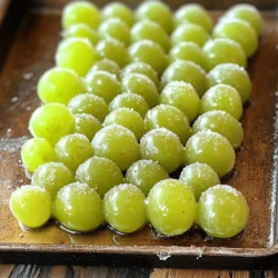 - Grapes: 2 cups of seedless green grapes - Sweetener and Flavorings: 1/2 cup granulated sugar and 1/4 cup citric acid - Additional Flavor Enhancers: 1 teaspoon lemon juice and optional food coloring To make Vegan Sour Patch Grapes, start with fresh, seedless green grapes. You can use other grape types, but green gives a nice tart flavor. You will need 2 cups. Next, sweetener and flavorings play a big role. You will use 1/2 cup of granulated sugar. This adds sweetness to balance the sour. You also need 1/4 cup of citric acid. This is key for that sour punch. Adjust the citric acid to fit your taste. For extra flavor, add 1 teaspoon of lemon juice. It brightens the taste and enhances the sourness. You can also use food coloring for fun. It’s totally optional, but it makes the grapes look great. This mix of ingredients brings a fun, tangy treat to life. You can find the full recipe at the end of this section. Enjoy making these sweet and sour bites! First, wash the grapes well. Use cold water to rinse them. Make sure to remove any dirt. After washing, dry them with a clean towel. This step is key because moisture can affect the coating. Next, place the grapes on a baking sheet. Arrange them in a single layer. Freeze the grapes for about 2 hours. They should feel firm when done. If you want the best results, check them after an hour. If they are cold but not frozen, leave them longer. To make the sour coating, grab a medium saucepan. Combine 1 cup of water and 1/2 cup of sugar in it. Heat over medium. Stir the mix until the sugar dissolves fully. This creates a simple syrup. Once the sugar is dissolved, remove the pan from heat. Let the syrup cool for a few minutes. This cooling step is important for the next part. When the syrup is cool, add 1/4 cup of citric acid. Stir in 1 teaspoon of lemon juice, too. If you want a pop of color, add a few drops of food coloring. Mix well until everything blends together. Now, it's time to coat the grapes. Take the frozen grapes out of the freezer. Dip each grape into the syrup mix. Make sure it is well coated. After dipping, roll the grape in the citric acid-sugar mix. This gives it that fun sour patch taste. Place the coated grapes back on the baking sheet. Let them set for about 10 minutes. Serve them chilled for a tasty treat! For the full recipe, check out the details above. To make the best Vegan Sour Patch Grapes, citric acid is key. You can adjust the amount to fit your taste. If you want a stronger sour flavor, add more citric acid. For a milder taste, cut back a bit. This gives you control over the sourness. When using food coloring, start with just a drop. Mix it well, and add more if needed. This way, you avoid overdoing it. A little color goes a long way for that fun look! Pair these grapes with salty snacks like popcorn or chips. The sweet and sour mix makes a great contrast. You can also serve them with a fruity drink for a fun party treat. Serve the grapes chilled. This keeps them fresh and enhances their flavor. You can take them out of the freezer right before serving for the best taste. One common mistake is over-coating the grapes. Make sure to dip them just right. If you coat them too much, they may feel too sticky. Under-coating is also a problem. You want enough syrup on each grape to hold the sour mix well. Freezing time is important too. If you don’t freeze the grapes long enough, they won't be firm. Aim for at least 2 hours. This ensures the best texture and taste in your Vegan Sour Patch Grapes. {{image_2}} You can change the flavor of your Vegan Sour Patch Grapes by using different fruits. Instead of green grapes, try using red or black grapes. Each type of grape adds its unique taste. You can also mix in other fruits like strawberries or blueberries for a fun twist. Experimenting with natural sweeteners can also add a new layer of flavor. You might want to try agave syrup or maple syrup instead of granulated sugar. These options can create a different taste that pairs well with the tartness of the citric acid. For a unique twist, use flavored sugars or salts. You can find strawberry or watermelon-flavored sugars at many stores. These flavors will enhance the taste of your grapes. You can also try using sea salt for a savory touch. Exploring different citrus juices offers even more options. Lime juice can give a zesty kick, while orange juice adds a sweet hint. Mixing juices with the syrup can create a fresh and vibrant taste. Celebrate the seasons with holiday-themed variations. For example, you can use fall fruits like apples or pears for a festive touch. You can also create summer vibes by adding tropical fruits like mango or pineapple. Color variations make your Vegan Sour Patch Grapes even more fun. Use food coloring to match the theme of your party. For Halloween, go for orange and purple hues. For Christmas, try red and green. These ideas make your treats festive and appealing! To keep your Vegan Sour Patch Grapes fresh, use airtight containers. Glass jars or plastic containers work well. Make sure the grapes are fully cooled before storing them. In the fridge, they stay fresh for about 3 to 5 days. Check them often for any signs of spoilage. If you have leftover coated grapes, freezing them is easy. Place them in a single layer on a baking sheet and freeze until solid. Then, transfer them to a freezer-safe bag or container. They can last up to 3 months in the freezer. When you’re ready to eat them, let them thaw in the fridge for best taste. Avoid microwaving to keep their texture. To stop your coated grapes from sticking together, use parchment paper. Lay out the grapes on a sheet of parchment when coating. This keeps them separate and helps with easy handling. If they stick after freezing, gently toss them to break apart. Enjoy your tangy treat without the mess! Yes, you can use other fruits! Some great substitutes for grapes include: - Strawberries - Blueberries - Raspberries - Cherries These fruits can hold up well when coated. They offer unique flavors and textures. Just ensure they are fresh and firm. Freezing them helps achieve that perfect sour patch feel. Each fruit adds its own twist to the treat! You can easily change the sweetness level. To reduce sweetness, use less sugar in the syrup. You can also add more citric acid for a tangy kick. If you want it sweeter, add more sugar. You could also try using agave or maple syrup. These options bring different flavors too. Just remember to taste as you go. This way, you can find your perfect balance! Yes, these treats are healthy! Here are some benefits: - Grapes are high in vitamins C and K. - They contain antioxidants that help your body. - The coating uses simple ingredients with no animal products. With low calories, they make a perfect snack. You get all the fun with none of the guilt. Enjoy them without worry! Vegan Sour Patch Grapes last about 3 to 5 days in the fridge. Store them in an airtight container to keep them fresh. They may lose some crunch over time but will still taste great. If you want to keep them longer, freeze them! Just remember to separate them to avoid clumping. Enjoy these treats for days to come! For the complete recipe, check out the Full Recipe. You learned how to make Vegan Sour Patch Grapes with simple ingredients. We covered how to prepare grapes, create your sour coating, and combine flavors. Remember to adjust the sourness to your taste and store the grapes properly for freshness. Feel free to experiment with different fruits and flavor combinations. Enjoy these sweet and sour treats at parties or as a fun snack. Now, get creative with your own variations and have fun making them!