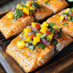 - 4 salmon fillets (about 6 ounces each) - 1 tablespoon olive oil - Salt and black pepper to taste - 1 teaspoon garlic powder - 1 teaspoon paprika - Juice of 1 lime - 1 ripe mango, diced - 1 small red onion, finely chopped - 1 red bell pepper, diced - 1 jalapeño, deseeded and minced - 1/4 cup fresh cilantro, chopped - 2 tablespoons lime juice (for salsa) - Salt to taste (for salsa) You can swap out salmon for trout or even chicken. Both options work well with the same spices. If you prefer a different fruit, try pineapple or peach in the salsa. These fruits add a sweet twist. For a milder taste, use green bell pepper instead of red. Each serving of this salmon dish has about 350 calories. It also provides a good mix of protein and healthy fats. You’ll find around 30 grams of protein per serving. The mango salsa adds vitamins and fiber, making this dish not just tasty but also healthy. First, preheat your grill or skillet over medium-high heat. This step makes your salmon cook evenly and adds flavor. While the grill heats, prepare the marinade. In a small bowl, mix together olive oil, garlic powder, paprika, lime juice, salt, and pepper. Brush this mixture on both sides of your salmon fillets. This adds a tasty layer to the fish. Place the salmon on the grill or skillet. Cook it for about 4-5 minutes on each side. You want the internal temperature to reach 145°F (63°C). When it is ready, the fish should flake easily with a fork. To check for doneness, use a fork to see if the fish separates easily. If it does, it’s done! While the salmon cooks, let’s make the mango salsa. In a medium bowl, combine diced mango, red onion, red bell pepper, jalapeño, cilantro, and lime juice. This mix brings a fresh taste to your dish. A pinch of salt will enhance the flavors. Gently toss the ingredients to combine them well. For the best flavor, use ripe mango and fresh cilantro. You can find the full recipe for Tropical Salmon Delight [here](#). Grill vs skillet methods Grilling salmon gives it a nice char and smoky flavor. A skillet works well for a quick cook. Both methods are tasty. Use medium-high heat for the best results. Ensuring the salmon remains moist To keep salmon moist, don’t overcook it. Aim for an internal temperature of 145°F (63°C). Use a meat thermometer to check. Basting with olive oil and lime juice adds flavor and moisture, too. Suggested spices and seasonings I love using garlic powder and paprika for extra flavor. They blend well with salmon. You can also try cumin or lemon zest for a fresh twist. Pairing suggestions for the salsa Mango salsa pairs perfectly with the salmon. It brings sweetness and acidity. You can add avocado for creaminess or a dash of chili powder for heat. These flavors enhance your dish. Serving suggestions and garnishes Serve salmon on a white plate for a great look. Place the mango salsa on top. Add lime wedges on the side for color and freshness. Plating tips for appealing presentation For a stunning plate, use a ring mold. Layer the salsa in the mold, then gently lift it off. This creates a beautiful tower of salsa. Garnish with cilantro leaves for a pop of green. For the full recipe, check out the Tropical Salmon Delight. {{image_2}} If you want to switch up the mango salsa, try these options. You can use pineapple, peach, or avocado. These fruits will add a fun twist. Each option brings new flavors to your dish. For a seasonal touch, think about using berries in summer. In fall, try apples with a hint of cinnamon. Each fruit gives a fresh take on the classic salsa. You can bake or broil your salmon for a different taste. Baking keeps the fish moist and soft. Broiling gives it a nice, crispy top. If you like heat, add spices like cayenne or chili powder. A splash of lemon or orange juice adds a bright, citrus twist. These methods will change how your salmon tastes and feels. Pair your salmon with rice or a mix of veggies. Brown rice or quinoa can give you extra nutrition. Steamed broccoli or grilled asparagus work well, too. For a drink, white wine is a great match. A light Sauvignon Blanc or a crisp Pinot Grigio will enhance the meal. These choices bring a balance to the rich flavors of the salmon. For the complete experience, check out the Full Recipe. To keep your salmon fresh, place it in an airtight container. This helps stop air from making it dry. Store it in the fridge. You can keep it for up to three days. If you want to keep it longer, freezing is a good option. To freeze cooked salmon, wrap each fillet tightly in plastic wrap. Then, place the wrapped salmon in a freezer-safe bag. This method protects it from freezer burn. You can freeze it for up to three months. When you’re ready to eat it, the best way to thaw is in the fridge overnight. This helps keep the texture nice. To reheat salmon, use the oven for best results. Preheat your oven to 275°F (135°C). Place the salmon on a baking sheet and cover it with foil. Heat for about 15 minutes. This keeps the fish moist and tasty. You can also use a skillet. Just warm it up on low heat for a few minutes. Avoid using the microwave, as it can dry out the fish. Enjoy your salmon with the mango salsa for a fresh and flavorful dish! You can find the Full Recipe to enjoy this meal anytime. To make salmon with mango salsa, follow these simple steps: 1. Prep the Salmon: Start by mixing olive oil, garlic powder, paprika, and lime juice. Brush this mix on both sides of the salmon fillets. 2. Cook the Salmon: Grill or pan-cook the salmon for about 4-5 minutes on each side. Aim for an internal temperature of 145°F (63°C). 3. Make the Salsa: In a bowl, mix diced mango, red onion, red bell pepper, jalapeño, cilantro, and lime juice. Season with a bit of salt. 4. Serve: Top the cooked salmon with the mango salsa just before serving. These steps give you a bright and tasty dish. For the full recipe, check the details above. Yes, you can prepare the salsa ahead. Making it a few hours before serving helps the flavors mix well. Just store it in the fridge. If you want, you can make it a day before. Just leave out the cilantro until you are ready to serve. This keeps it fresh and green. To complement your salmon with mango salsa, consider these side dishes: - Rice: Fluffy white or brown rice works well. - Vegetables: Grilled or roasted veggies add color and nutrients. - Salad: A light green salad with a lemon dressing is refreshing. - Quinoa: This adds a nutty flavor and is packed with protein. These sides enhance the meal and match the flavors of the salmon and salsa. This article covered how to make delicious salmon with mango salsa. We explored the best ingredients, substitutions, and nutritional facts. You learned step-by-step cooking instructions and tips for the perfect dish. I shared variations, storage info, and answers to common questions. Remember, cooking is about joy and creativity. Use this guide to create meals that impress and satisfy. Enjoy your cooking journey!