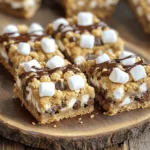 - 1 cup unsalted butter, softened - 1 cup brown sugar, packed - ½ cup granulated sugar - 2 large eggs - 2 teaspoons vanilla extract - 2 ½ cups all-purpose flour - 1 teaspoon baking soda - ½ teaspoon salt - 1 cup semi-sweet chocolate chips - 1 cup mini marshmallows - ½ cup crushed graham crackers When I make S'mores Cookie Bars, I start with these simple ingredients. Each one plays a key role. The unsalted butter gives a rich flavor and soft texture. Brown sugar adds moisture and a slight caramel taste. Granulated sugar makes the bars sweet and chewy. Eggs help bind everything together. The vanilla extract adds warmth and depth. All-purpose flour gives structure to the bars. Baking soda makes them rise. Salt brings out all the flavors. Then come the fun parts! The chocolate chips melt into gooey pockets of sweetness. Mini marshmallows give that classic s'mores feel. The crushed graham crackers add a delightful crunch. For more flavor, you can switch up the chocolate. Try dark chocolate or white chocolate for a tasty twist. If you have dietary needs, use gluten-free flour. This way, everyone can enjoy these yummy bars. These ingredients make S'mores Cookie Bars a treat for all ages. You can find the full recipe to help you create this easy dessert. Enjoy the process and have fun baking! 1. Preheat your oven to 350°F (175°C). Grease a 9x13 inch baking pan. You can also line it with parchment paper for easy removal. 2. In a large bowl, beat together 1 cup of softened unsalted butter, 1 cup of brown sugar, and ½ cup of granulated sugar. Mix until the blend is light and fluffy. 1. Add 2 large eggs into the butter mixture, one at a time. Mix well after each egg. Then stir in 2 teaspoons of vanilla extract. 2. In a separate bowl, whisk together 2 ½ cups of all-purpose flour, 1 teaspoon of baking soda, and ½ teaspoon of salt. Gradually add this dry mix to the wet mix. Combine until just mixed. 1. Pour half of the cookie dough into your prepared pan. Spread it evenly. Then, sprinkle half of the 1 cup of mini marshmallows on top. 2. Pour the rest of the dough over the marshmallows. Gently press it down. Add the reserved mini marshmallows and 1 cup of semi-sweet chocolate chips on top. 3. Bake in the preheated oven for 25-30 minutes. They are ready when golden brown and a toothpick comes out clean. 1. Let the bars cool in the pan for about 15 minutes. After that, transfer them to a wire rack to cool completely. 2. Once cool, cut them into squares for serving. You can serve the bars on a rustic wooden platter. Drizzle with melted chocolate for an extra treat. Sprinkle with more crushed graham crackers and mini marshmallows to make them look great! For the complete process, check the Full Recipe for S'mores Cookie Bars. To get the right dough consistency, start with softened butter. Mix it well with sugars until it’s creamy. This step adds air, which helps the bars rise. If your dough feels too dry, add a splash of milk or an extra egg. For an even bake, spread the dough in the pan evenly. Press it down gently but firmly. Check your oven temperature with a thermometer. Ovens can vary, and you want the perfect heat. Bake until golden brown for the best taste and texture. Serve these bars on a rustic wooden platter. It adds a cozy touch. Drizzle melted chocolate over the top for a rich look. You can also sprinkle crushed graham crackers around the edges. Add a few mini marshmallows on top for a fun finish. If your bars turn out too doughy, they may need more baking time. Check them with a toothpick. If it comes out wet, bake a few more minutes. For dry bars, take care not to overmix. This can lead to dryness. If your oven runs hot or cold, adjust the bake time. Keep an eye on the bars as they bake. Set a timer for a few minutes before the suggested time. This way, you can catch them at just the right moment. {{image_2}} You can change the chocolate in your S'mores Cookie Bars. Try dark chocolate for a rich taste. White chocolate gives a sweet twist. You can also add fun mix-ins. Peanut butter adds creaminess. Chopped nuts give crunch, and dried fruit adds sweetness. These changes make your bars even more special. Make seasonal bars with different flavors. For fall, try pumpkin spice. It brings warmth and a cozy feel. You can also create mini versions. S'mores cookie bites are fun for parties. They are easy to eat and perfect for kids. Want gluten-free bars? Use gluten-free flour instead of all-purpose flour. This keeps the taste and texture yummy. If you want vegan bars, swap eggs with flaxseed meal or applesauce. Use plant-based butter and dairy-free chocolate. These changes help everyone enjoy this treat. For the full recipe, check out the details above! To keep your S'mores Cookie Bars fresh, store them in an airtight container. This helps keep them soft and tasty. You can stack the bars with parchment paper between layers to prevent sticking. These bars stay fresh for about 5 days at room temperature. Want to save some for later? You can freeze S'mores Cookie Bars easily. First, let them cool completely. Then, cut them into squares and wrap each piece in plastic wrap. Place the wrapped bars in a freezer bag. They will stay good for about 3 months in the freezer. When you're ready to eat them, thaw the bars overnight in the fridge. For a warm treat, pop them in the microwave for just a few seconds. These cookie bars go great with many things! Pair them with a glass of cold milk or hot chocolate. They also taste amazing with a scoop of vanilla ice cream on top. For gatherings, serve them on a fun platter. Drizzle melted chocolate over the bars and sprinkle crushed graham crackers for a special touch. Your friends and family will love this treat! For the full recipe, check out the complete instructions above. To make your s'mores cookie bars chewy, use more brown sugar than white sugar. Brown sugar adds moisture. Avoid overbaking them; take them out when they are just golden. Let them cool in the pan for a while before cutting. This helps keep them soft. Yes! You can use dark chocolate, milk chocolate, or even white chocolate. Each type gives a unique taste. Dark chocolate adds a rich flavor, while white chocolate is sweeter. Mix and match to find your favorite blend! S'mores cookie bars stay fresh for about 5 days at room temperature. Store them in an airtight container to keep them soft. If you want them to last longer, you can freeze them for up to 3 months. Absolutely! If you use a smaller pan, your bars will be thicker. Adjust your baking time to about 5-10 more minutes. If you use a larger pan, make them thinner and check them 5 minutes earlier. You can make s'mores cookie bars gluten-free by using gluten-free flour. Look for a 1:1 gluten-free baking flour. This makes it easy to swap. The taste and texture will still be great, so everyone can enjoy them! In this post, I shared how to make S'mores Cookie Bars with simple steps and tips. We covered all the essential ingredients, including tasty options to switch things up. The step-by-step instructions help you bake perfectly every time. Remember to cool and cut the bars right for the best results. You can store leftovers well or even freeze them for later. Enjoy experimenting with flavors and textures. Happy baking!