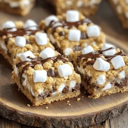 - 1 cup unsalted butter, softened - 1 cup brown sugar, packed - 1/2 cup granulated sugar - 2 large eggs - 2 teaspoons vanilla extract - 2 1/2 cups all-purpose flour - 1 teaspoon baking soda - 1/2 teaspoon salt - 1 cup semi-sweet chocolate chips - 1 cup mini marshmallows - 1/2 cup crushed graham crackers When I make S'mores Cookie Bars, I start with these simple ingredients. Each one plays a key role. The unsalted butter gives a rich flavor and soft texture. Brown sugar adds moisture and a slight caramel taste. Granulated sugar makes the bars sweet and chewy. Eggs help bind everything together. The vanilla extract adds warmth and depth. All-purpose flour gives structure to the bars. Baking soda makes them rise. Salt brings out all the flavors. Then come the fun parts! The chocolate chips melt into gooey pockets of sweetness. Mini marshmallows give that classic s'mores feel. The crushed graham crackers add a delightful crunch. For more flavor, you can switch up the chocolate. Try dark chocolate or white chocolate for a tasty twist. If you have dietary needs, use gluten-free flour. This way, everyone can enjoy these yummy bars. These ingredients make S'mores Cookie Bars a treat for all ages. You can find the full recipe to help you create this easy dessert. Enjoy the process and have fun baking! 1. Preheat your oven to 350°F (175°C). Grease a 9x13 inch baking pan. You can also line it with parchment paper for easy removal. 2. In a large bowl, beat together 1 cup of softened unsalted butter, 1 cup of brown sugar, and 1/2 cup of granulated sugar. Mix until the blend is light and fluffy. 1. Add 2 large eggs into the butter mixture, one at a time. Mix well after each egg. Then stir in 2 teaspoons of vanilla extract. 2. In a separate bowl, whisk together 2 1/2 cups of all-purpose flour, 1 teaspoon of baking soda, and 1/2 teaspoon of salt. Gradually add this dry mix to the wet mix. Combine until just mixed. 1. Pour half of the cookie dough into your prepared pan. Spread it evenly. Then, sprinkle half of the 1 cup of mini marshmallows on top. 2. Pour the rest of the dough over the marshmallows. Gently press it down. Add the reserved mini marshmallows and 1 cup of semi-sweet chocolate chips on top. 3. Bake in the preheated oven for 25-30 minutes. They are ready when golden brown and a toothpick comes out clean. 1. Let the bars cool in the pan for about 15 minutes. After that, transfer them to a wire rack to cool completely. 2. Once cool, cut them into squares for serving. You can serve the bars on a rustic wooden platter. Drizzle with melted chocolate for an extra treat. Sprinkle with more crushed graham crackers and mini marshmallows to make them look great! For the complete process, check the Full Recipe for S'mores Cookie Bars. To get the right dough consistency, start with softened butter. Mix it well with sugars until it’s creamy. This step adds air, which helps the bars rise. If your dough feels too dry, add a splash of milk or an extra egg. For an even bake, spread the dough in the pan evenly. Press it down gently but firmly. Check your oven temperature with a thermometer. Ovens can vary, and you want the perfect heat. Bake until golden brown for the best taste and texture. Serve these bars on a rustic wooden platter. It adds a cozy touch. Drizzle melted chocolate over the top for a rich look. You can also sprinkle crushed graham crackers around the edges. Add a few mini marshmallows on top for a fun finish. If your bars turn out too doughy, they may need more baking time. Check them with a toothpick. If it comes out wet, bake a few more minutes. For dry bars, take care not to overmix. This can lead to dryness. If your oven runs hot or cold, adjust the bake time. Keep an eye on the bars as they bake. Set a timer for a few minutes before the suggested time. This way, you can catch them at just the right moment. {{image_2}} You can change the chocolate in your S'mores Cookie Bars. Try dark chocolate for a rich taste. White chocolate gives a sweet twist. You can also add fun mix-ins. Peanut butter adds creaminess. Chopped nuts give crunch, and dried fruit adds sweetness. These changes make your bars even more special. Make seasonal bars with different flavors. For fall, try pumpkin spice. It brings warmth and a cozy feel. You can also create mini versions. S'mores cookie bites are fun for parties. They are easy to eat and perfect for kids. Want gluten-free bars? Use gluten-free flour instead of all-purpose flour. This keeps the taste and texture yummy. If you want vegan bars, swap eggs with flaxseed meal or applesauce. Use plant-based butter and dairy-free chocolate. These changes help everyone enjoy this treat. For the full recipe, check out the details above! To keep your S'mores Cookie Bars fresh, store them in an airtight container. This helps keep them soft and tasty. You can stack the bars with parchment paper between layers to prevent sticking. These bars stay fresh for about 5 days at room temperature. Want to save some for later? You can freeze S'mores Cookie Bars easily. First, let them cool completely. Then, cut them into squares and wrap each piece in plastic wrap. Place the wrapped bars in a freezer bag. They will stay good for about 3 months in the freezer. When you're ready to eat them, thaw the bars overnight in the fridge. For a warm treat, pop them in the microwave for just a few seconds. These cookie bars go great with many things! Pair them with a glass of cold milk or hot chocolate. They also taste amazing with a scoop of vanilla ice cream on top. For gatherings, serve them on a fun platter. Drizzle melted chocolate over the bars and sprinkle crushed graham crackers for a special touch. Your friends and family will love this treat! For the full recipe, check out the complete instructions above. To make your s'mores cookie bars chewy, use more brown sugar than white sugar. Brown sugar adds moisture. Avoid overbaking them; take them out when they are just golden. Let them cool in the pan for a while before cutting. This helps keep them soft. Yes! You can use dark chocolate, milk chocolate, or even white chocolate. Each type gives a unique taste. Dark chocolate adds a rich flavor, while white chocolate is sweeter. Mix and match to find your favorite blend! S'mores cookie bars stay fresh for about 5 days at room temperature. Store them in an airtight container to keep them soft. If you want them to last longer, you can freeze them for up to 3 months. Absolutely! If you use a smaller pan, your bars will be thicker. Adjust your baking time to about 5-10 more minutes. If you use a larger pan, make them thinner and check them 5 minutes earlier. You can make s'mores cookie bars gluten-free by using gluten-free flour. Look for a 1:1 gluten-free baking flour. This makes it easy to swap. The taste and texture will still be great, so everyone can enjoy them! In this post, I shared how to make S'mores Cookie Bars with simple steps and tips. We covered all the essential ingredients, including tasty options to switch things up. The step-by-step instructions help you bake perfectly every time. Remember to cool and cut the bars right for the best results. You can store leftovers well or even freeze them for later. Enjoy experimenting with flavors and textures. Happy baking!
