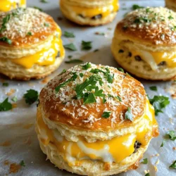 Making Garlic Parmesan Cheeseburger Bombs is fun and easy. The ingredients are simple and flavorful. Here’s what you need: - 1 lb ground beef - 1 cup shredded cheddar cheese - 1/2 cup shredded mozzarella cheese - 2 cloves garlic, minced - 2 tablespoons grated Parmesan cheese - 1 teaspoon garlic powder - 1 tablespoon Worcestershire sauce - 1/2 teaspoon salt - 1/2 teaspoon black pepper - 1 package refrigerated biscuit dough (10 biscuits) - 1 tablespoon fresh parsley, chopped (for garnish) - 1 tablespoon olive oil (for brushing) Ground beef gives a juicy base. The cheddar and mozzarella add a creamy texture. Garlic brings a punch of flavor. Parmesan adds a nice salty finish. Biscuit dough wraps everything up perfectly. Each ingredient plays a key role in making these bombs a tasty treat. You can find the full recipe in the recipe section above. 1. Preheat the oven: Set your oven to 375°F (190°C). This step is key for even cooking. 2. Mix the beef: In a bowl, combine 1 lb of ground beef, 2 cloves of minced garlic, 1 tablespoon of Worcestershire sauce, 1 teaspoon of garlic powder, and 1/2 teaspoon each of salt and black pepper. Use your hands to mix well. This ensures every bite has flavor. 3. Shape the patties: Divide the beef mixture into 10 equal parts. Shape each part into a small patty. Center a cube of cheddar and a cube of mozzarella in each patty. Fold the edges over the cheese and roll into a ball. This keeps the cheese nice and melty inside. 1. Roll out the dough: Take the refrigerated biscuit dough and roll each piece flat on a floured surface. Aim for about 5 inches in diameter. This gives you enough dough to wrap the beef. 2. Place and seal: Put a beef ball in the center of each biscuit. Gather the edges of the dough around the beef and pinch to seal completely. Make sure there are no gaps to keep the filling inside. 1. Arrange on the baking sheet: Place the sealed burger bombs on a baking sheet lined with parchment paper. This helps prevent sticking and makes cleanup easier. 2. Brush and season: Lightly brush each bomb with 1 tablespoon of olive oil. Then, sprinkle grated Parmesan cheese on top. This adds a nice crust and a burst of flavor when baked. Now you’re ready to bake! Follow the Full Recipe for the perfect finishing touches. To keep the beef juicy, choose ground beef with a higher fat content. Aim for 80/20 beef for the best results. This fat helps the meat stay moist while cooking. When shaping the patties, avoid overworking the meat. Gentle handling keeps the texture tender. For sealing the biscuits, roll out the dough evenly. Place the beef ball in the center and gather the dough edges. Pinch them tightly to seal. If the dough tears, patch it with extra dough. This prevents leaks while baking. You can prep in advance to save time. Make the beef mixture and shape the patties a day ahead. Keep them in the fridge until you're ready to bake. This allows flavors to meld and saves you time on busy nights. Frozen ingredients can also help. Use frozen biscuit dough instead of fresh. This cuts down on prep time. Just remember to thaw the dough before you start. For added flavor, try mixing in some smoked paprika or onion powder. These spices can deepen the taste and give a smoky touch. You can also add chopped herbs like thyme or oregano for a fresh twist. If you want to switch up the cheese, consider pepper jack for a spicy kick. Feta adds a tangy flavor that pairs well with the beef. Mixing different cheeses can create unique flavors in each bite. You can find the full recipe to create these delicious Garlic Parmesan Cheeseburger Bombs. Enjoy experimenting with these tips for your next cooking adventure! {{image_2}} You can spice up your Garlic Parmesan Cheeseburger Bombs! Try adding jalapeños for a kick. Just chop them finely and mix them into your beef. This gives a nice heat that pairs well with the cheese. You can also swap cheeses for fun flavors. Instead of cheddar and mozzarella, use pepper jack or gouda. Each cheese brings its own taste. Experiment with different combinations to find your favorite! If you need gluten-free options, look for gluten-free biscuit dough. Many brands now offer this choice. It works just as well for making tasty bombs. For a vegetarian version, use plant-based ground beef. You can also replace the cheese with dairy-free alternatives. These swaps let everyone enjoy the dish! When serving these bombs, think about great sides. Crispy fries or a fresh salad make perfect partners. You can also serve them with coleslaw for a crunch. Dipping sauces enhance the fun. Try ketchup, ranch dressing, or a spicy aioli. Each dip adds a new layer of taste that everyone will love. For the full recipe, check the main article. To keep leftover bombs fresh, place them in an airtight container. Store them in the fridge for up to three days. When you're ready to enjoy them again, reheat the bombs in the oven. Set the oven to 350°F (175°C) and bake for about 10 minutes. This method keeps them crispy and warm. You can also use a microwave, but this may make the biscuit dough soft. If you want to save them for later, you can freeze the bombs. First, let them cool completely. Then, wrap each bomb in plastic wrap. Place the wrapped bombs in a freezer-safe bag or container. They can stay in the freezer for up to three months. When you're ready to eat, thaw them in the fridge overnight and reheat as mentioned before. How do I make these bombs ahead of time? You can prepare these cheeseburger bombs a day ahead. Just follow the recipe steps up to the baking part. After sealing the bombs, place them in the fridge. When you are ready to eat, take them out, brush with oil, and bake them directly. This keeps them fresh and tasty. Can I use ground turkey instead of beef? Yes, you can use ground turkey. It works well in this recipe. Ground turkey is leaner, so it may need a bit more seasoning. Adjust the salt and pepper to your taste. The cheese will still make them delicious! How do I know when they are fully cooked? These bombs cook well in about 15-18 minutes. Look for a golden brown color on the outside. If you have a meat thermometer, the inside should read 160°F (71°C) for ground beef. This ensures they are safe to eat. What can I substitute for Parmesan cheese? If you don’t have Parmesan, try Pecorino Romano or Grana Padano. Both have a nice salty flavor that works well. You can also use a blend of cheddar and mozzarella for a cheesy twist. Ideas for using the same ingredients in different ways You can use the same beef mixture to make sliders. Shape the beef into small patties and grill them. You can also make a pasta bake. Mix the beef with cooked pasta, cheese, and marinara sauce for a hearty meal. Similar easy recipes for busy nights For quick meals, try stuffed bell peppers. Fill them with the beef mixture, add rice, and bake. Another option is a taco night. Use the same beef and serve with tortillas, cheese, and toppings. These ideas keep dinner fun and simple! Now you know how to make delicious beef and cheese bombs. You learned about the key ingredients, steps to prepare, and tips to ensure the best taste. Remember, you can add your own twist with flavors and dietary changes. Store them well for later enjoyment, and don't hesitate to experiment with variations. Making these bombs is fun and easy, perfect for a meal or snack. Start cooking today, and enjoy a tasty treat with friends and family!