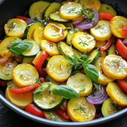 - Zucchini: I use two medium zucchinis for this dish. Look for firm, shiny skin. Slice them into half-moons for even cooking. This shape helps them cook quickly and keeps their crunch. - Yellow Squash: Choose two medium yellow squashes. They should feel heavy and firm. Like zucchini, slice them into half-moons. This keeps the cooking time the same for both squashes. - Essential Seasonings: - Olive Oil: I use one tablespoon to sauté the veggies. It adds a nice flavor and helps prevent sticking. - Thyme: I love using fresh thyme leaves. One teaspoon adds a great earthy note. - Balsamic Vinegar: One tablespoon of balsamic vinegar gives a sweet and tangy finish to the dish. Don’t skip this; it brightens the flavors. - Salt and Pepper: Season to taste; these are key for enhancing all the flavors. - Fresh Basil Leaves: Use these for garnish. They add a fresh touch and look lovely on the plate. - Additional Vegetables: You can add carrots or corn for more color and flavor. Just slice the carrots thinly so they cook at the same rate. - Proteins to Include: Want a heartier meal? Add chickpeas for protein. If you prefer meat, cooked chicken works well too. Just toss it in when you add the squash. For the complete recipe, check the [Full Recipe]. How to Slice the Squash Properly To slice the squash, start by washing it. Place the zucchini and yellow squash on a cutting board. Cut off both ends first. Then, slice the squash into half-moons. Aim for about a half-inch thick. This size cooks evenly and keeps some crunch. Preparing Vegetables for Sautéing Next, chop the red bell pepper and slice the red onion. Mince the garlic cloves. Make sure all veggies are ready before cooking. This way, you can add them in quick order. It helps keep the cooking process smooth and easy. Heating the Pan: Best Practices Heat a large skillet over medium heat. Add one tablespoon of olive oil. Let it warm up for a minute. You want the oil to shimmer but not smoke. This shows it’s ready for the veggies. Sautéing Techniques for Perfect Texture Start with the sliced onion. Cook it for 2 to 3 minutes until it looks slightly translucent. Then, add the minced garlic. Cook it for one minute until fragrant. Now, toss in the sliced zucchini and yellow squash. Sauté for 5 to 6 minutes, stirring often. The squash should be tender but still have a slight crunch. Finally, add the red bell pepper and thyme leaves. Cook for 2 to 3 more minutes. Drizzle with balsamic vinegar, then season with salt and pepper. This step brings out all the flavors. For a stunning finish, use the Full Recipe to help guide you. Achieving the Right Level of Doneness To get the best texture, cook your squash just right. Aim for a tender bite, not mushy. I suggest sautéing the zucchini and yellow squash for about 5 to 6 minutes. Stir them often to cook evenly. You want them to stay bright and vibrant, which shows they are not overcooked. How to Make it Extra Flavorful Adding layers of flavor is key. Start with a good base of olive oil. This oil not only helps in cooking but also adds depth. Use fresh garlic and thyme for a punchy taste. Balsamic vinegar gives a tangy kick at the end. This mix makes your dish shine. If you want more, try adding a splash of lemon juice or a pinch of red pepper flakes for heat. Garnishing Ideas with Fresh Herbs Presentation matters! Fresh basil leaves are your best friend here. Sprinkle them on top right before serving. You can also use parsley or chives for a pop of color. These herbs not only look good; they also add fresh flavor. Serving Suggestions: What Pairs Well This sauté pairs well with many dishes. Serve it alongside grilled chicken or fish for a complete meal. It also works great on a bed of rice or quinoa. If you're feeling creative, try it on a pizza or in a pasta dish. The options are endless! For the full recipe, check out the vibrant Summer Squash Sauté. {{image_2}} You can change up your Summer Squash Sauté by using fresh herbs. Basil and oregano are both great options. Basil gives a sweet and fragrant taste. Oregano adds a warm, earthy flavor. Try using these herbs based on what you like and what is in season. You can also explore different squash types. Zucchini and yellow squash are common, but you can use pattypan or crookneck squash too. Each type brings its own taste and texture. Mixing different squashes makes your dish even more colorful and fun. If you're looking for vegan options, consider using dairy-free cheese. It melts well and adds creaminess without dairy. Many brands offer great choices, so pick one that suits your taste. For gluten-free substitutes, you don't need to worry. This dish is already gluten-free! Just make sure any added ingredients, like sauces or grains, are also gluten-free. This way, everyone can enjoy your flavorful meal. For the Full Recipe, be sure to check the detailed steps and ratios. Enjoy experimenting with these variations and modifications! To keep your Summer Squash Sauté fresh, place it in an airtight container. Refrigerate it within two hours of cooking. This helps prevent bad bacteria. Your sauté will stay good for up to three days. If you want to keep it longer, freezing is a great option. - Best Practices for Refrigeration: - Use a clean, dry container. - Label the container with the date. - Store in the main part of the fridge, not the door. - Freezing Tips for Extended Shelf Life: - Let the sauté cool completely before freezing. - Place it in a freezer-safe bag or container. - Squeeze out as much air as possible. This helps avoid freezer burn. - It can last for up to three months in the freezer. When it’s time to enjoy your leftovers, you can either microwave or use the stovetop. Each method has its own perks. - Microwave vs. Stovetop: Which is Better? - Microwave: Quick and easy. Place the sauté in a microwave-safe dish. Cover it and heat in short bursts. Stir in between to ensure even heating. - Stovetop: Better for keeping flavor. Heat a skillet over medium-low heat. Add a splash of olive oil to help with sticking. Stir gently until warmed through. - Maintaining Flavor and Texture: - Add a little salt or fresh herbs when reheating. This boosts the taste. - Avoid high heat, which can make the veggies mushy. Keep them slightly crisp for the best texture. Can I use other vegetables for this recipe? Yes, you can! This dish is very flexible. You can add in carrots or corn. Bell peppers and onions work well too. Feel free to mix and match based on what you have. Just remember to cut them in similar sizes for even cooking. How long does Summer Squash Sauté last in the fridge? Summer Squash Sauté can last about 3 to 5 days in the fridge. Make sure to store it in an airtight container. This keeps it fresh and tasty. When ready to eat, just reheat and enjoy. What is the best way to cut squash for sautéing? The best way to cut squash is into half-moons. Start by slicing the squash lengthwise. Then, cut each half into thin slices. This helps them cook evenly. Aim for about a quarter-inch thickness. How can I prevent squash from becoming mushy? To keep squash from getting mushy, do not overcook it. Sauté just until tender, about 5-6 minutes. Stir occasionally to avoid sticking. Also, using a hot skillet helps. This way, the squash cooks quickly while keeping some crunch. This blog post covered how to make a great summer squash sauté. You learned about key ingredients like zucchini and yellow squash, along with vital seasonings. I shared step-by-step cooking tips and ideas for presentation. Variations and dietary options ensure everyone can enjoy this dish. Proper storage and reheating advice help you savor leftovers. Now, you have all the tools needed to create a delicious sauté. Get cooking and enjoy every tasty bite!