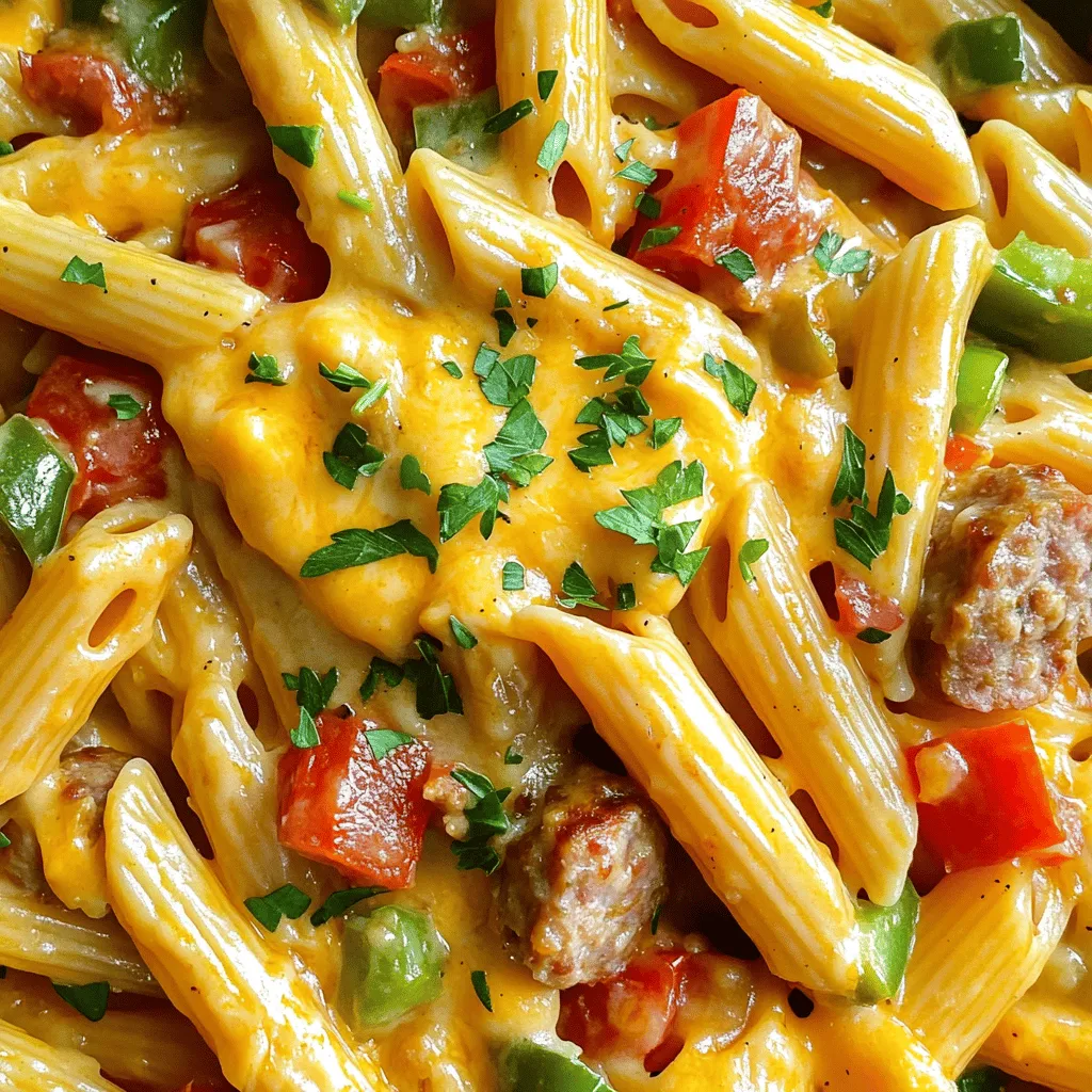 This One-Pot Cajun Sausage Pasta is a quick and tasty meal. It uses simple ingredients and cooks in about 30 minutes. The blend of spices and cream makes it rich and satisfying. You only need one pot, which means less cleanup! - 12 ounces penne or fusilli pasta - 1 tablespoon olive oil - 1 pound smoked sausage, sliced (try andouille or kielbasa) - 1 medium onion, diced - 1 red bell pepper, diced - 1 green bell pepper, diced - 3 cloves garlic, minced - 1 can (14.5 ounces) diced tomatoes (with juice) - 3 cups chicken broth - 1 tablespoon Cajun seasoning (adjust to taste) - 1 teaspoon dried oregano - ½ teaspoon cayenne pepper (optional, for extra spice) - Salt and pepper to taste - 1 cup heavy cream - 1 cup shredded cheddar cheese - Fresh parsley, chopped (for garnish) You can add more veggies to boost nutrition. Try adding spinach or zucchini. For a smoky kick, consider adding a dash of smoked paprika. You might also swap out cheddar for pepper jack cheese for more heat. These small changes can make this dish even better! First, gather all your ingredients. You will need: - 12 ounces penne or fusilli pasta - 1 tablespoon olive oil - 1 pound smoked sausage, sliced (try andouille or kielbasa) - 1 medium onion, diced - 1 red bell pepper, diced - 1 green bell pepper, diced - 3 cloves garlic, minced - 1 can (14.5 ounces) diced tomatoes (with juice) - 3 cups chicken broth - 1 tablespoon Cajun seasoning (adjust to taste) - 1 teaspoon dried oregano - ½ teaspoon cayenne pepper (optional) - Salt and pepper to taste - 1 cup heavy cream - 1 cup shredded cheddar cheese - Fresh parsley, chopped (for garnish) Next, chop the onion, bell peppers, and garlic. Slice the sausage too. This makes cooking easier. In a large pot, heat the olive oil over medium heat. Add the sliced sausage. Cook it until it turns brown, about 5 minutes. Then, add the diced onion, red bell pepper, and green bell pepper. Sauté these veggies until they soften, which takes around 4-5 minutes. Stir in the minced garlic and cook for 1 more minute. Now, pour in the diced tomatoes with their juice. Add the chicken broth, Cajun seasoning, oregano, cayenne pepper, salt, and pepper. Bring this mixture to a boil. Once it boils, stir in the uncooked pasta. Lower the heat to a simmer and cover the pot. Cook for 12-15 minutes, or until the pasta is tender. Stir occasionally to prevent sticking. After the pasta cooks, stir in the heavy cream and shredded cheddar cheese. Mix well until the cheese melts and everything is combined. Taste it and adjust the seasoning if needed. Finally, garnish with fresh parsley before serving. Check out the Full Recipe for more details and tips. Enjoy your tasty One-Pot Cajun Sausage Pasta! When you cook pasta, always use a large pot. This gives the pasta room to move. Add enough water to cover the pasta. Use about 4-6 quarts of water for every pound of pasta. Salt the water well before adding pasta. This adds flavor right from the start. Stir the pasta often while it cooks. This helps prevent sticking. Cook it until it's al dente, meaning it still has a slight bite. Drain the pasta but save a cup of the cooking water. This starchy water can help thicken your sauce if needed. To boost flavor, use high-quality ingredients. Fresh vegetables and good sausage make a big difference. Adding fresh herbs at the end, like parsley, brightens the dish. You can also add a splash of lemon juice for a fresh kick. If you like heat, consider more Cajun seasoning or some hot sauce. For a touch of creaminess, mix in more heavy cream or cheese. This will make each bite rich and satisfying. One common mistake is not salting the water. This can leave your pasta bland. Also, don’t let the water boil too hard after adding pasta. It can break the noodles apart. Avoid rinsing your pasta after cooking. Rinsing removes the starch that helps sauces stick. Lastly, don't skip tasting your dish before serving. Adjust the seasoning as you go to ensure each bite is perfect. Following these tips will help you make a delicious one-pot Cajun sausage pasta. For the full recipe, check out the complete guide above. {{image_2}} You can add more veggies to boost nutrition. Try spinach, zucchini, or mushrooms. These add color and flavor. Add them when you cook the sausage. This way, they soften and blend well. It’s a great way to sneak in healthy foods. Want a meat-free version? Swap the sausage for plant-based options. Use lentils or chickpeas for protein. You can also use a variety of beans. This keeps the dish filling and tasty. Add a touch of smoked paprika for that Cajun flavor. You won’t miss the meat! If you want a lighter dish, use half-and-half or coconut milk instead of heavy cream. This gives a unique twist and still makes the dish creamy. For cheese, try goat cheese or a dairy-free cheese option. Each choice changes the flavor nicely. You can have fun experimenting with these options! After enjoying your One-Pot Cajun Sausage Pasta, let it cool. Place leftovers in an airtight container. This helps keep the pasta fresh. Store it in the fridge. It will last for about three to four days. If you want to save some for later, consider freezing it. First, let the pasta cool completely. Then, pack it in freezer-safe bags or containers. Try to remove as much air as possible. This will prevent freezer burn. Your pasta will stay good for up to three months in the freezer. When you're ready to eat the leftovers, it's easy to reheat. You can use the microwave or the stove. For the microwave, heat in short bursts, stirring in between. If using the stove, add a splash of water or broth to help it heat evenly. Stir often until it's warm throughout. Enjoy your meal again! To spice up your One-Pot Cajun Sausage Pasta, you can add more Cajun seasoning. A sprinkle of cayenne pepper boosts the heat too. If you like heat, add diced jalapeños when you sauté the vegetables. For an even bolder flavor, toss in some hot sauce before serving. Taste as you go, so you find that perfect heat level for you. Yes, you can use other pasta shapes! While penne or fusilli work best, you can try rotini or even spaghetti. Just adjust your cooking time based on the shape you choose. Smaller pasta may cook faster, while larger shapes may take a bit longer. Always check the package for cooking time to ensure it's just right. In this recipe, pasta cooks for about 12 to 15 minutes. After adding the uncooked pasta, lower the heat and cover the pot. Stir occasionally to prevent sticking. You want the pasta to be tender but not mushy. It should absorb some liquid for that creamy texture. Check it after 12 minutes to see if it's ready! For the full recipe, be sure to check out the details I’ve provided above! This blog post covered everything you need for making One-Pot Cajun Sausage Pasta. We explored key ingredients, step-by-step cooking, and smart tips for success. Remember, you can enhance flavors and make variations to suit your taste. Proper storage will keep your leftovers fresh, and our FAQs addressed common questions. Enjoy making this dish your own. Cooking can be fun and rewarding when you know the basics and have the right tools. Embrace your creativity and have a great time in the kitchen!