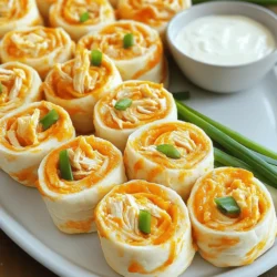 - 2 cups shredded cooked chicken - 1/2 cup cream cheese - 1/2 cup buffalo sauce - 1/2 cup shredded cheddar cheese - 1/4 cup finely chopped green onions Buffalo Chicken Pinwheels are all about great flavors. The key is using tender, shredded cooked chicken. You can make this easily by boiling or roasting chicken breasts. Cream cheese adds a rich, smooth texture. It binds all the ingredients and makes them creamy. Buffalo sauce brings the heat and tang. Adjust the amount based on your spice level. Shredded cheddar cheese adds a nice sharp flavor and extra creaminess. Green onions give a fresh, mild bite. They also add a pop of color to your pinwheels. - 4 large flour tortillas - 1/4 cup ranch dressing (for dipping) - Salt and pepper to taste Using large flour tortillas is essential. They hold the filling well and roll easily. You can choose whole wheat tortillas for a healthier option. Ranch dressing is the perfect dip for these pinwheels. It cools down the heat from the buffalo sauce. Don't forget to season with salt and pepper. This brings out all the flavors in your filling. - Alternative proteins - Dairy-free options - Different sauces You can swap out the chicken for turkey or even shredded pork. For a vegetarian version, use chickpeas or black beans. If you're looking for dairy-free options, use vegan cream cheese. You can also try different sauces like BBQ or sriracha. This gives your pinwheels a unique twist. Feel free to get creative with your ingredients! For the full recipe, check the details above. - Combining the ingredients In a mixing bowl, combine 2 cups of shredded cooked chicken, 1/2 cup of softened cream cheese, 1/2 cup of buffalo sauce, 1/2 cup of shredded cheddar cheese, and 1/4 cup of finely chopped green onions. Stir this mixture until everything blends well. Add salt and pepper to taste. - Spreading the mixture on tortillas Take a large flour tortilla and lay it flat on a clean surface. Spread a quarter of the buffalo chicken mixture on the tortilla. Leave a small border around the edges to prevent spills. - Rolling the tortillas Carefully roll the tortilla tightly from one end to the other. Make sure the filling stays inside as you roll. Repeat this with the other tortillas and filling until you finish. - Slicing the pinwheels Once all the tortillas are rolled, lay them seam-side down on a cutting board. Use a sharp knife to slice each rolled tortilla into pinwheels that are about 1 inch thick. - Arranging on a platter Place the sliced pinwheels on a serving platter. They look best when arranged in a circle or in rows. Serve them with ranch dressing for dipping. This recipe is quick and easy. You combine ingredients, spread them on tortillas, roll them, slice, and serve. Prep time is only 15 minutes, and the total time is 30 minutes. Perfect for parties or a fun snack! Check the Full Recipe for all details. To get the best pinwheels, focus on the texture. Use soft cream cheese; it helps to blend well with the chicken. Mixing until smooth is key. This keeps the filling creamy and easy to spread. Make sure to roll the tortillas tightly. A loose roll may cause the filling to spill out. Start from one end and roll carefully to keep everything inside. Want to spice things up? Add a dash of cayenne pepper or garlic powder to the mix. This boosts the flavor without overwhelming the dish. You can also try different hot sauces if you want more heat. Using fresh ingredients makes a big difference. Fresh green onions add crunch and a bright taste. Choose high-quality chicken for the best flavor. Fresh ingredients equal tasty pinwheels! Pair your pinwheels with crunchy veggies like carrots or celery sticks. They add a nice contrast and are healthy too. You can also serve them with chips for a fun crunch. For presentation, arrange the pinwheels in a circle on a large platter. Add a small bowl of ranch dressing in the center for easy dipping. This makes your dish look inviting and fun. For the complete recipe, check the Full Recipe. {{image_2}} You can change the flavor of your Buffalo Chicken Pinwheels easily. For spicy versions, add more buffalo sauce. This gives it a real kick. If you want a milder taste, use less sauce or choose a mild sauce. You can also mix in some BBQ sauce for a sweet twist. You do not have to stick to just one type of cheese. Cheddar is great, but you can use mozzarella or pepper jack for a fun change. Adding veggies can also enhance your pinwheels. Consider mixing in bell peppers, spinach, or even shredded carrots. They add color and crunch. For game day, you can make these pinwheels a crowd-pleaser. Try adding bacon bits or jalapeños for extra flavor. If you want a healthy alternative, use whole wheat tortillas and add more veggies. You can also serve them with guacamole or hummus instead of ranch dressing. To keep your Buffalo Chicken Pinwheels fresh, refrigerate them right away. Place the pinwheels in an airtight container. This will help prevent them from drying out. They will last for up to three days in the fridge. If you want to enjoy them later, make sure to check for any signs of spoilage. You can freeze these pinwheels, too. I suggest freezing them before slicing. Wrap each rolled tortilla tightly in plastic wrap. Then place them in a freezer bag. They will keep well for about two months. When you're ready to eat them, take them out and thaw them in the fridge overnight. For a quicker thaw, leave them at room temperature for about an hour. You can reheat your pinwheels in two ways: the microwave or the oven. For the microwave, place a few pinwheels on a plate and microwave for about 30 seconds. If you prefer the oven, preheat it to 350°F. Place the pinwheels on a baking sheet and heat for about 10 minutes. This will help maintain their texture. Enjoy your tasty treat! You can easily prepare Buffalo Chicken Pinwheels in advance. First, make the filling as usual. After mixing the ingredients, spread it on the tortillas. Instead of cutting them, wrap the rolled tortillas tightly in plastic wrap. Store them in the fridge for up to 24 hours. When you are ready to serve, slice them into pinwheels. This method keeps them fresh and tasty. If buffalo sauce is too spicy, consider using barbecue sauce. It gives a sweet and smoky flavor. You could also try ranch dressing or a mild hot sauce. For a unique twist, use teriyaki sauce for a sweet glaze. Each sauce changes the taste, so pick what you enjoy most. Yes, you can make Buffalo Chicken Pinwheels vegetarian. Swap the chicken for shredded carrots or cooked quinoa. For cream cheese, use a dairy-free version if needed. This keeps the creamy texture while being plant-based. You can still enjoy all the great flavors in a vegetarian way. Buffalo chicken pinwheels are fun, tasty, and easy to make. We covered the best ingredients, like chicken, cheese, and tortillas. You learned how to prepare, cut, and serve these delicious treats. I shared tips for perfecting the flavors and ensuring a great texture. Remember, feel free to switch up the ingredients to fit your taste. These pinwheels are perfect for any gathering. Whether for game day or just a snack, enjoy making them your own!