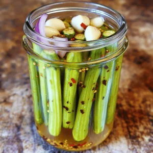 For this recipe, you will need 1 pound of fresh okra. Look for firm, green pods. They should be smooth and bright. Fresh okra makes the best pickles. It stays crunchy and tasty. If you can, buy them from a local market. Local okra will taste better. Next, gather your liquids. You will need 1 cup of apple cider vinegar and 2 cups of water. The vinegar adds tangy flavor and helps preserve the okra. Mixing it with water softens the strong taste. We also use 1 tablespoon of kosher salt. This salt helps with flavor and crunch. Finally, add 1 tablespoon of sugar. The sugar balances the vinegar's sharpness. Now, let's add some spices. You will need: - 1 tablespoon mustard seeds - 1 teaspoon dill seeds - 1 teaspoon red pepper flakes - 4 cloves of garlic, peeled and smashed - 1 small onion, sliced - 1 bay leaf These spices give the pickled okra a unique taste. Mustard seeds add a nice crunch. Dill seeds bring a fresh aroma. Red pepper flakes add some heat. Garlic and onion give depth to the flavor. The bay leaf ties everything together. You can find these spices at any store or your pantry. For the full recipe, check out the section titled Full Recipe. To start, gather your ingredients for the brine. You will need water, apple cider vinegar, kosher salt, and sugar. In a medium saucepan, mix together 2 cups of water, 1 cup of apple cider vinegar, 1 tablespoon of kosher salt, and 2 teaspoons of sugar. Heat this mixture over medium heat. Stir it gently until the salt and sugar dissolve. Once they dissolve, remove the pan from heat. Let it cool for a bit. You want the brine to be warm, not hot, when you pour it over the okra. Next, take a clean quart-sized mason jar. Start layering the okra into the jar. You should use about 1 pound of fresh okra, washed and trimmed. After placing the okra, add the smashed garlic cloves, sliced onion, mustard seeds, dill seeds, red pepper flakes, and the bay leaf. Make sure to pack it tightly but not too tightly. This helps the flavors mix well. Now, check the brine. When it has cooled to room temperature, carefully pour it over the okra in the jar. Ensure that all the okra is fully submerged in the liquid. Seal the jar tightly with its lid. Allow it to cool at room temperature for about 30 minutes. After that, place the jar in the fridge. Your pickled okra will start to taste great in 24 to 48 hours, but you can enjoy it even after just a few hours. Don't worry, just follow the full recipe for the best results! To keep your pickled okra crunchy, use fresh okra that is firm and bright. Look for pods that are no longer than 4 inches. Wash and trim them before using. The key is to avoid overcooking them during the pickling process. When you add them to the jar, make sure they are packed tightly but not smashed. This helps them stay crisp as they soak in the brine. You can easily boost the flavor of your pickled okra. Add spices like cumin, coriander, or even a touch of turmeric. Try using different vinegars, like rice or white wine, for a unique taste. If you want a spicy kick, toss in some sliced jalapeños or more red pepper flakes. Experimenting with herbs like thyme or rosemary can also add depth to the flavor. For pickling, I recommend using glass mason jars. They are easy to clean and seal well. A quart-sized jar is perfect for this recipe. Make sure the jar is clean and dry before you start. You can also use a wide-mouth jar, which makes layering the ingredients easier. Just remember to leave some space at the top to allow for expansion. For the complete process, check the Full Recipe for Crunchy Pickled Okra! {{image_2}} To make your okra spicy, add sliced jalapeños. You can also increase the red pepper flakes. This boost of heat makes each bite exciting. I recommend adding one or two whole peppers per jar. You’ll enjoy the kick and flavor they bring. Adjust the spice level to suit your taste. If you love garlic, this variation is for you. Simply increase the garlic cloves in the recipe. Try adding six or eight cloves for a richer taste. Smashed garlic releases more flavor into the brine. Let it sit longer for a stronger garlic punch. This option is perfect for garlic lovers. Adding fresh herbs can elevate your pickled okra. Dill, thyme, or even rosemary work well. Just toss in a few sprigs when layering the ingredients. The herbs will infuse the okra with delightful aromas. This variation adds a fresh twist to the classic recipe. Experiment with different herbs to find your favorite combination. For the base recipe, refer to the Full Recipe. To store pickled okra, keep it in the fridge. Use a clean jar with a tight lid. Make sure the okra is fully submerged in the brine. This keeps it fresh and tasty. Pickled okra lasts about 1 month in the fridge. After that, it may lose crunchiness and flavor. Always check for any signs of spoilage before eating. If you see mold or off smells, throw it away. You can reuse the brine! It’s great for pickling other veggies like carrots or green beans. Just strain the brine and pour it over your new veggies in a clean jar. The flavors will blend well, giving you a tasty treat. For more ideas, check out the Full Recipe for Crunchy Pickled Okra! The best okra for pickling is fresh and young. Look for okra that is firm and bright green. Smaller pods, about 2-4 inches long, work best. They stay crunchy and absorb flavors well. If you find larger okra, it may be tough or not as tasty. Yes, you can make pickled okra spicy! To add heat, use red pepper flakes in the brine. You can also add sliced jalapeños or habaneros. Adjust the amount to your taste. If you love spice, don't hold back! Pickled okra can stay crunchy for weeks when stored properly. The vinegar brine helps maintain that crisp texture. Keep the jar sealed and in the fridge. The longer it sits, the more flavor it gains, but it will still be crunchy. Enjoy your pickled okra within a month for the best taste. Check out the Full Recipe for more tips! Pickling okra is simple and fun. You need fresh okra, vinegar, and spices. Follow clear steps to prepare the brine and layer your ingredients. Remember to refrigerate for the best crunch. Use tips for flavor and the right jar. Try different variations like spicy or garlic-infused. Store your pickled okra properly to keep it fresh. With these easy steps, you'll enjoy tasty pickled okra in no time. Happy pickling!