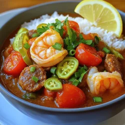 To make a great Louisiana gumbo with sausage and shrimp, gather the following ingredients: - 1/2 cup vegetable oil - 1/2 cup all-purpose flour - 1 large onion, diced - 1 green bell pepper, diced - 2 celery stalks, diced - 4 cloves garlic, minced - 1 pound andouille sausage, sliced - 1 pound shrimp, peeled and deveined - 6 cups chicken broth - 2 cups okra, sliced (fresh or frozen) - 1 can (14.5 oz) diced tomatoes, undrained - 2 tablespoons Cajun seasoning - 2 bay leaves - Salt and pepper to taste - 4 green onions, chopped (for garnish) - 1/4 cup fresh parsley, chopped (for garnish) - Cooked rice, for serving These ingredients create a rich and hearty dish full of flavor. The roux, made from flour and oil, forms the base. The holy trinity of onion, bell pepper, and celery adds depth. Andouille sausage brings spice, while shrimp adds a sweet touch. Okra thickens the gumbo and gives it a unique texture. Diced tomatoes add acidity to balance the dish. This gumbo is simple yet packed with taste. For the full recipe, check the details in the section above. To start, I heat the vegetable oil in a large pot over medium heat. Once the oil shimmers, I gradually whisk in the flour. This creates a mixture called roux. I stir constantly for about 15 to 20 minutes. I want to achieve a rich brown color. This step is crucial, as it adds depth to my gumbo. When my roux reaches the right color, I add the holy trinity of Cajun cooking: diced onion, green bell pepper, and celery. I sauté these vegetables for 5 to 7 minutes. They should soften and become fragrant. Next, I stir in minced garlic and sliced andouille sausage. I let this cook for another 2 to 3 minutes, allowing the flavors to meld. Now, I pour in the chicken broth, stirring well to mix everything. I want to avoid lumps in my gumbo. Then, I add sliced okra, undrained diced tomatoes, Cajun seasoning, bay leaves, and salt and pepper to taste. I bring the mixture to a boil before reducing the heat to low. I let it simmer for 30 to 45 minutes. This slow cooking really enhances the flavors. About 5 to 7 minutes before serving, I add the peeled and deveined shrimp. I cook them until they turn opaque. Finally, I discard the bay leaves and adjust the seasoning if needed. My gumbo is now ready to serve over a bowl of cooked rice. I like to garnish each bowl with chopped green onions and fresh parsley for a pop of color. For the full recipe, check the earlier section! To make a great roux, you need patience and constant stirring. Start by heating the oil in a heavy pot. Slowly whisk in the flour. Keep stirring so it doesn't burn. The color is key. Aim for a rich, dark brown, like chocolate. This can take 15 to 20 minutes. A perfect roux adds deep flavor to your gumbo. Seasoning is vital for a tasty gumbo. I suggest adding more Cajun seasoning for a spicier kick. Taste as you go. You can also add a splash of hot sauce for extra heat. For deeper flavor, consider adding smoked paprika or Worcestershire sauce. These little tweaks can make a big difference. Presentation matters! Serve your gumbo in deep bowls. Place a scoop of rice in the center. Top it with chopped green onions and fresh parsley for color. A slice of lemon on the side adds a nice touch. This not only looks good but also enhances the taste with a bit of brightness. For the full recipe, check out the link! {{image_2}} You can switch up the proteins in gumbo for a new taste. Instead of andouille sausage, try chorizo or kielbasa. Both add a nice kick. For shrimp, consider using chicken or crab. They bring their own flavors to the pot. If you want a meatless gumbo, simply use more vegetables. Try mushrooms or chickpeas for extra texture and protein. Okra and tomatoes are classic, but you can mix it up. Zucchini and bell peppers work well too. In the fall, use butternut squash or sweet potatoes for sweetness. In spring, snap peas or asparagus add a fresh crunch. Always choose what is in season for the best flavors. Spicy or mild, you control the heat. Start with less Cajun seasoning if you want it mild. You can always add more later. For extra spice, use hot sauces like Tabasco or a pinch of cayenne pepper. Just remember, a little goes a long way. Taste as you go to find your perfect level of heat. To keep your gumbo fresh, use airtight containers. Glass or plastic containers work well. Make sure to let the gumbo cool before sealing it. This helps prevent moisture build-up. You can refrigerate gumbo for up to three days. If you want to keep it longer, freeze it. Just pour the cooled gumbo into freezer-safe bags or containers. Remove as much air as possible to avoid freezer burn. When reheating gumbo, use a pot on the stove. Heat it over low to medium heat. Stir often to avoid sticking. You can also microwave it in a bowl. Cover the bowl with a paper towel to prevent splatters. To maintain flavor and texture, add a splash of chicken broth while reheating. This will help keep it moist and tasty. Gumbo lasts about three days in the fridge. After that, it may spoil. Look for signs like off smells or changes in color. If you see any of these signs, throw it away. If frozen, gumbo can last up to three months. Always label your containers with the date. This way, you’ll know when to use it. The best sausage for gumbo is andouille. This smoked sausage adds a rich, spicy flavor. It has a coarse texture and is often found in Cajun dishes. You can also use other types, like kielbasa or smoked sausage. If you want less spice, choose a milder sausage. Yes, you can make gumbo ahead of time. In fact, it tastes better the next day as flavors meld. Cool the gumbo and store it in an airtight container. Place it in the fridge for up to three days. You can also freeze it for up to three months. Just thaw it in the fridge before reheating. Gumbo pairs well with several side dishes. Cornbread is a classic choice, adding sweetness. Rice is another staple, soaking up the savory broth. You might also enjoy a simple salad or some crusty bread on the side. These options balance the rich flavors of the gumbo. There are a few ways to thicken gumbo without more roux. You can add pureed okra or a small amount of cornmeal. Another method is to mash some of the beans or vegetables in the pot. These options provide thickness while enhancing the flavors. In this article, we explored how to make a delicious gumbo from scratch. We covered essential ingredients like the roux, proteins, and vegetables. The step-by-step guide ensures you cook each element perfectly. We also discussed tips for enhancing flavors and serving. Don't forget the variations to make gumbo your own. Making gumbo is both fun and rewarding. With practice, you'll perfect your recipe. Enjoy your cooking journey!