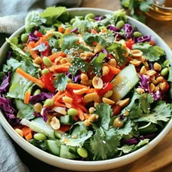 To make a tasty Peanut Crunch Salad, you'll need a variety of fresh and vibrant ingredients. Here’s a complete list: - 2 cups mixed greens (arugula, spinach, and romaine) - 1 cup red cabbage, thinly sliced - 1 cup carrots, shredded - 1/2 cup cucumber, julienned - 1/2 cup red bell pepper, sliced - 1/2 cup edamame, shelled - 1/4 cup fresh cilantro, chopped - 1/4 cup scallions, chopped - 1/2 cup roasted peanuts, roughly chopped - 3 tablespoons sesame oil - 2 tablespoons soy sauce - 1 tablespoon honey - 1 tablespoon lime juice - Salt and pepper to taste You can customize your salad with these add-ins: - Additional vegetables - Protein options (chicken, tofu) - Other nut varieties (cashews, almonds) Using these fresh ingredients gives the salad a great crunch and flavor. Fresh greens offer nutrients, while peanuts add protein and texture. Feel free to add your favorite veggies or proteins for a personal touch. You can find the full recipe to guide you through the steps to make this delicious dish. - First, take a large salad bowl. - Combine the mixed greens, red cabbage, shredded carrots, cucumber, red bell pepper, edamame, cilantro, and scallions. Ensure all the fresh ingredients mix well. - Next, grab a small mixing bowl. - Whisk together the sesame oil, soy sauce, honey, lime juice, salt, and pepper. This will create a tasty dressing. - Pour this dressing over the salad mixture. - Toss gently until every ingredient is coated. This step is key for flavor. - Just before serving, sprinkle the roasted peanuts on top. This adds a nice crunch. - For a beautiful presentation, use a large platter. Arrange the salad in a mound. Add a few whole peanuts on top for a striking look. - You can also add a lime wedge on the side for extra color and zest. - Enjoy this vibrant dish right away. The flavors are best when fresh. For the full recipe, check the section above. Choosing the right greens and vegetables is key to a great salad. I like to mix arugula, spinach, and romaine for a crunchy base. Each green adds its own taste and texture. Look for vibrant, crisp leaves when shopping. Avoid any greens that look wilted or brown. For veggies, fresh and colorful choices like red cabbage, carrots, and bell peppers make your salad pop. Washing and drying salad ingredients well keeps them fresh. Rinse greens and vegetables under cold water. Use a salad spinner to dry them quickly. If you don’t have one, pat them with a clean kitchen towel. This step prevents sogginess and helps the dressing stick better. Adding spices or herbs can boost your salad's taste. Fresh cilantro and scallions add a bright flavor. You can also try mint or basil for a unique twist. A pinch of chili flakes gives it a nice kick if you like some heat. Adjusting dressing ingredients for personal taste is easy. If you love sweetness, add more honey. If you prefer tanginess, increase lime juice. Experimenting with these ingredients allows you to create a dressing that suits your taste buds perfectly. You can even try different oils, like olive or avocado, to change the flavor. To get the full experience, check out the Full Recipe for Peanut Crunch Salad! {{image_2}} You can change the dressing to fit your taste. If you want to skip sesame oil, try olive oil or avocado oil. Both add a rich flavor. Instead of soy sauce, use tamari for a gluten-free option. You can also make a creamy dressing using Greek yogurt or tahini. These choices give the salad a unique twist. Do you need gluten-free options? Use gluten-free soy sauce or coconut aminos. Both are great for flavor without gluten. For a vegan version, swap honey with maple syrup. This keeps it sweet and plant-based. You can also add more veggies like bell peppers or snap peas. These changes keep the salad fresh and exciting. For the full recipe, check out the details above! To keep your Peanut Crunch Salad fresh, store it without the dressing. This helps prevent sogginess. Use an airtight container to seal in freshness. Place the salad in the fridge right away. It stays good for 2 to 3 days when stored this way. If you add dressing, the salad is best eaten the same day. Can you freeze Peanut Crunch Salad? I do not recommend freezing this salad. Freezing can change the texture of the greens and vegetables. If you want to freeze it, consider freezing the individual components. You can freeze shredded carrots, edamame, and chopped bell peppers separately. Just keep them in airtight bags. They store well for 2 to 3 months in the freezer. For best results, thaw them in the fridge before adding to your salad. How long does Peanut Crunch Salad last? Peanut Crunch Salad stays fresh in the fridge for about three days. Keep the dressing separate until serving. This helps keep the greens crisp and the salad tasty. Can I meal prep Peanut Crunch Salad? Yes, you can meal prep this salad! Make the salad base and store it in an airtight container. Add the peanuts and dressing just before eating. This makes it easy to enjoy a healthy meal all week. Is Peanut Crunch Salad gluten-free? Yes, Peanut Crunch Salad is gluten-free if you use gluten-free soy sauce. Check the label to make sure it meets your needs. Caloric value per serving Each serving of Peanut Crunch Salad has around 200 calories. This makes it a light yet filling option for lunch or dinner. Health benefits of ingredients used - Mixed greens: Packed with vitamins and minerals, they boost your immune system. - Red cabbage: Rich in antioxidants, it supports heart health. - Carrots: High in beta-carotene, good for your eyes. - Edamame: A great source of protein and fiber. - Peanuts: They provide healthy fats and keep you full longer. This salad is not only tasty but also good for your health. Enjoy the fresh flavors and benefits! You can find the Full Recipe for Peanut Crunch Salad above. Peanut Crunch Salad combines fresh greens, colorful veggies, and crunchy peanuts for a tasty meal. You can mix it up with different dressings and proteins. Use the tips for freshness and flavor to make it your own. Remember to store leftovers properly to keep them crisp. Whether you enjoy it right away or prep for later, this salad brings joy to any table. Enjoying a vibrant, healthy dish is easy and fun!