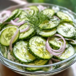 - 2 large cucumbers, thinly sliced - 1 cup Greek yogurt - 2 tablespoons apple cider vinegar - 1 tablespoon honey - 1 clove garlic, minced - 1 tablespoon fresh dill, chopped - Salt and pepper to taste - 1/2 teaspoon red pepper flakes (optional) - 1/4 cup red onion, thinly sliced To make this creamy marinated cucumber salad, gather these fresh ingredients. Start with the cucumbers. They add crunch and a refreshing taste. Greek yogurt gives the salad its creamy texture. Apple cider vinegar adds a tangy kick, while honey brings in sweetness. Minced garlic enhances the flavor profile. Fresh dill offers a lovely herb note. Salt and pepper balance everything out. If you like spice, add red pepper flakes for an extra zing. Lastly, red onion provides a nice bite and color. You can swap out some ingredients if needed. If you want a dairy-free option, use coconut yogurt or almond yogurt. For the vinegar, lemon juice works well if you want a different flavor. You can also use white wine vinegar. If you prefer a different sweetener, maple syrup or agave can replace honey. These swaps keep the salad tasty while meeting your needs. For the full recipe, refer to the section above. Salting and draining cucumbers Start by washing your cucumbers. Slice them thinly and place them in a large colander. Sprinkle a pinch of salt over the cucumbers. Let them sit for 15 to 20 minutes. This step helps draw out moisture and keeps the salad crisp. Making the creamy dressing While the cucumbers drain, it’s time to whip up the dressing. In a medium bowl, mix together 1 cup of Greek yogurt, 2 tablespoons of apple cider vinegar, and 1 tablespoon of honey. Add 1 clove of minced garlic and 1 tablespoon of chopped fresh dill. Season with salt and pepper. If you like some heat, toss in 1/2 teaspoon of red pepper flakes. Whisk everything until it’s smooth and creamy. Combining cucumbers and onions After the cucumbers have drained, rinse them under cold water to remove extra salt. Pat them dry with a clean kitchen towel. In a large mixing bowl, add the sliced cucumbers and 1/4 cup of thinly sliced red onion. Tossing with dressing Pour the creamy dressing over the cucumbers and onions. Gently toss everything together. Make sure each slice of cucumber is coated with the creamy goodness. Importance of chilling time Cover the salad and place it in the refrigerator for at least 30 minutes. Chilling lets the flavors blend beautifully. It also makes the salad refreshingly cool when served. Presentation tips for serving When you are ready to serve, use a glass bowl. This lets the vibrant green color shine through. For a nice touch, garnish with extra dill on top. It adds a fresh aroma and makes the dish look inviting. Enjoy your creamy marinated cucumber salad! For the complete recipe, refer to the Full Recipe section. For the best texture in your creamy marinated cucumber salad, you must salt the cucumbers well. Salting draws out extra water, preventing your salad from becoming soggy. Place the thinly sliced cucumbers in a colander, sprinkle with salt, and let them sit for 15-20 minutes. Rinse them afterward to remove excess salt and pat them dry with a towel. Next, ensure your dressing is smooth. Use Greek yogurt as the base for a creamy texture. Whisk together yogurt, apple cider vinegar, honey, minced garlic, and fresh dill until there are no lumps. This smooth dressing will coat the cucumbers nicely. To boost the flavor of your salad, consider adding herbs and spices. Fresh parsley or chives can add a nice touch. For more depth, try a splash of lemon juice or a hint of mustard. Want a spicy kick? Add red pepper flakes or even sliced jalapeños. Garnish your salad with extra dill or even thin slices of radish. This adds color and makes for a beautiful presentation. This creamy marinated cucumber salad pairs well with grilled meats, like chicken or fish. It's a refreshing side dish for a summer barbecue. You can also serve it with pita bread and hummus for a light lunch. For a fun twist, consider serving it in individual cups. This makes it easy for guests to enjoy and adds a touch of elegance. For the full recipe, check out the detailed instructions in the earlier section. {{image_2}} You can easily customize your creamy marinated cucumber salad. Here are some fun ideas! - Adding feta cheese: Crumble feta cheese into the salad. It adds a salty flavor. The creamy cheese pairs well with the crunchy cucumbers. - Including olives: Toss in some Kalamata olives. They bring a briny taste that elevates the dish. You can slice them or leave them whole for a pop of flavor. - Emphasizing avocado as a base: Use mashed avocado instead of yogurt. This makes the salad rich and creamy. It also adds healthy fats. - Adjusting seasoning accordingly: You may need to add more lemon juice. This helps balance the avocado's creaminess. Taste as you mix to get it just right. - Adding jalapeños or hot sauce: For a spicy kick, mix in diced jalapeños. This adds heat and flavor to every bite. You can also drizzle in your favorite hot sauce. - Experimenting with different pepper types: Try using serrano or habanero peppers instead. Each pepper gives a unique flavor. Adjust the amount based on your heat preference. These variations let you explore new tastes and keep the salad fresh. For the full recipe, don't forget to check out the instructions! To keep your creamy marinated cucumber salad fresh, store it in an airtight container. Glass containers work great as they don't stain or retain odors. Avoid plastic containers if possible, as they can trap moisture. To prevent mushy cucumbers, always drain them well after salting. This salad lasts about three to five days in the fridge. Always check for signs of spoilage before eating. If the cucumber becomes slimy or the dressing separates, it’s time to toss it out. Look for any off smells, too. Freezing cucumbers isn’t the best idea. They become mushy once thawed. However, you can freeze the dressing. To do this, pour it into an ice cube tray and freeze. When ready to use, thaw the dressing in the fridge overnight. Then, mix it with fresh cucumbers for the best taste. For the full recipe, check out the Creamy Marinated Cucumber Salad. You can store creamy marinated cucumber salad in the fridge for about three days. Keep it in an airtight container to maintain freshness. Look out for signs of spoilage, like a sour smell or slimy texture on the cucumbers. If you see any of these signs, it’s best to throw it away. Yes, you can use other types of cucumbers. English cucumbers are longer, thinner, and have fewer seeds. They are great for salads. Persian cucumbers are smaller and sweeter, adding a nice crunch. Regular garden cucumbers are also fine, but they have more seeds and a thicker skin. Choose what you like best! Yes, this salad is gluten-free. The main ingredients, like cucumbers and Greek yogurt, do not contain gluten. However, always check labels on any added items, like vinegar or spices, to ensure they are gluten-free. If you are sensitive to gluten, it’s best to verify every ingredient. You can find the full recipe for creamy marinated cucumber salad in the earlier sections. This blog post covered how to make a creamy marinated cucumber salad. We looked at ingredients, steps, tips, variations, and storage info. Remember, you can easily swap ingredients or kick up the spice. With every bite, you enjoy a refreshing dish perfect for any meal. Explore different flavors and make it your own. Enjoy the crisp taste and healthy benefits of this salad. Your kitchen can create this delicious dish with confidence!