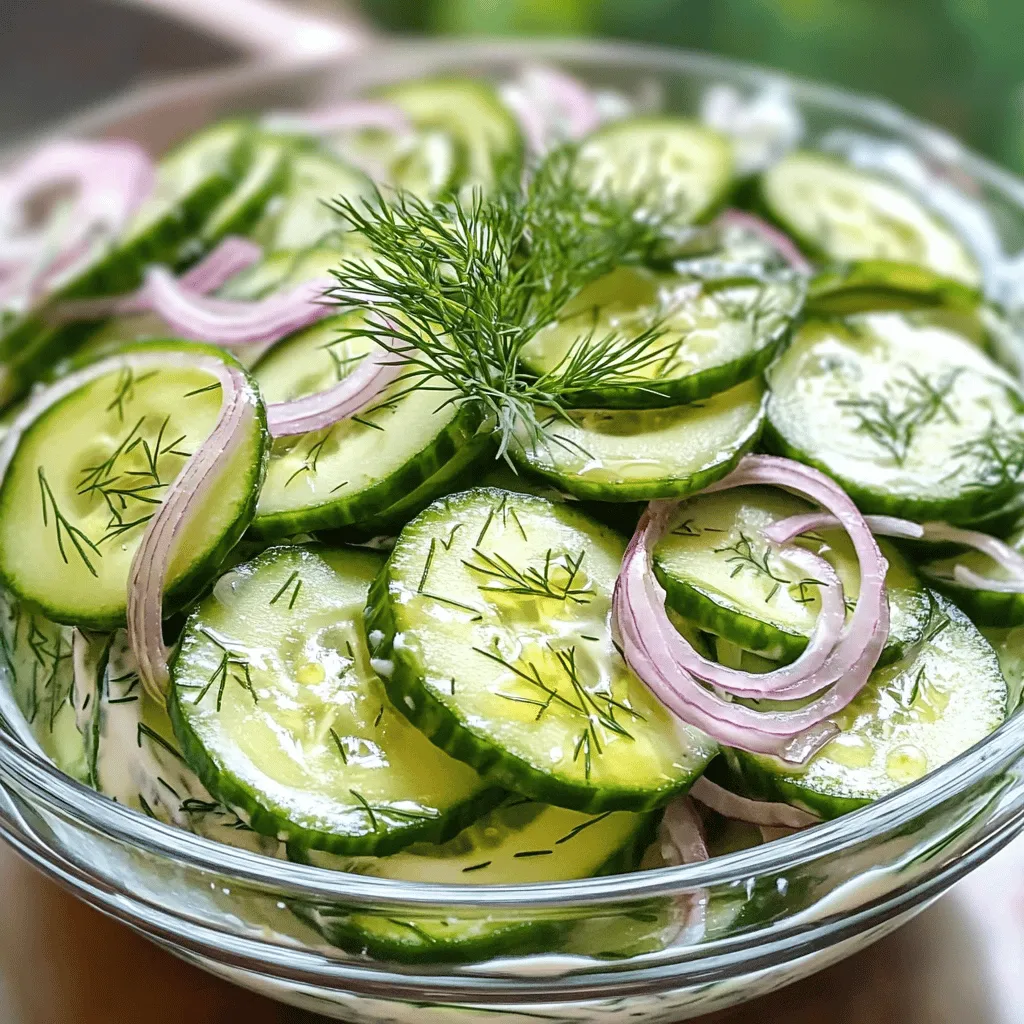 - 2 large cucumbers, thinly sliced - 1 cup Greek yogurt - 2 tablespoons apple cider vinegar - 1 tablespoon honey - 1 clove garlic, minced - 1 tablespoon fresh dill, chopped - Salt and pepper to taste - ½ teaspoon red pepper flakes (optional) - ¼ cup red onion, thinly sliced To make this creamy marinated cucumber salad, gather these fresh ingredients. Start with the cucumbers. They add crunch and a refreshing taste. Greek yogurt gives the salad its creamy texture. Apple cider vinegar adds a tangy kick, while honey brings in sweetness. Minced garlic enhances the flavor profile. Fresh dill offers a lovely herb note. Salt and pepper balance everything out. If you like spice, add red pepper flakes for an extra zing. Lastly, red onion provides a nice bite and color. You can swap out some ingredients if needed. If you want a dairy-free option, use coconut yogurt or almond yogurt. For the vinegar, lemon juice works well if you want a different flavor. You can also use white wine vinegar. If you prefer a different sweetener, maple syrup or agave can replace honey. These swaps keep the salad tasty while meeting your needs. For the full recipe, refer to the section above. Salting and draining cucumbers Start by washing your cucumbers. Slice them thinly and place them in a large colander. Sprinkle a pinch of salt over the cucumbers. Let them sit for 15 to 20 minutes. This step helps draw out moisture and keeps the salad crisp. Making the creamy dressing While the cucumbers drain, it’s time to whip up the dressing. In a medium bowl, mix together 1 cup of Greek yogurt, 2 tablespoons of apple cider vinegar, and 1 tablespoon of honey. Add 1 clove of minced garlic and 1 tablespoon of chopped fresh dill. Season with salt and pepper. If you like some heat, toss in ½ teaspoon of red pepper flakes. Whisk everything until it’s smooth and creamy. Combining cucumbers and onions After the cucumbers have drained, rinse them under cold water to remove extra salt. Pat them dry with a clean kitchen towel. In a large mixing bowl, add the sliced cucumbers and ¼ cup of thinly sliced red onion. Tossing with dressing Pour the creamy dressing over the cucumbers and onions. Gently toss everything together. Make sure each slice of cucumber is coated with the creamy goodness. Importance of chilling time Cover the salad and place it in the refrigerator for at least 30 minutes. Chilling lets the flavors blend beautifully. It also makes the salad refreshingly cool when served. Presentation tips for serving When you are ready to serve, use a glass bowl. This lets the vibrant green color shine through. For a nice touch, garnish with extra dill on top. It adds a fresh aroma and makes the dish look inviting. Enjoy your creamy marinated cucumber salad! For the complete recipe, refer to the Full Recipe section. For the best texture in your creamy marinated cucumber salad, you must salt the cucumbers well. Salting draws out extra water, preventing your salad from becoming soggy. Place the thinly sliced cucumbers in a colander, sprinkle with salt, and let them sit for 15-20 minutes. Rinse them afterward to remove excess salt and pat them dry with a towel. Next, ensure your dressing is smooth. Use Greek yogurt as the base for a creamy texture. Whisk together yogurt, apple cider vinegar, honey, minced garlic, and fresh dill until there are no lumps. This smooth dressing will coat the cucumbers nicely. To boost the flavor of your salad, consider adding herbs and spices. Fresh parsley or chives can add a nice touch. For more depth, try a splash of lemon juice or a hint of mustard. Want a spicy kick? Add red pepper flakes or even sliced jalapeños. Garnish your salad with extra dill or even thin slices of radish. This adds color and makes for a beautiful presentation. This creamy marinated cucumber salad pairs well with grilled meats, like chicken or fish. It's a refreshing side dish for a summer barbecue. You can also serve it with pita bread and hummus for a light lunch. For a fun twist, consider serving it in individual cups. This makes it easy for guests to enjoy and adds a touch of elegance. For the full recipe, check out the detailed instructions in the earlier section. {{image_2}} You can easily customize your creamy marinated cucumber salad. Here are some fun ideas! - Adding feta cheese: Crumble feta cheese into the salad. It adds a salty flavor. The creamy cheese pairs well with the crunchy cucumbers. - Including olives: Toss in some Kalamata olives. They bring a briny taste that elevates the dish. You can slice them or leave them whole for a pop of flavor. - Emphasizing avocado as a base: Use mashed avocado instead of yogurt. This makes the salad rich and creamy. It also adds healthy fats. - Adjusting seasoning accordingly: You may need to add more lemon juice. This helps balance the avocado's creaminess. Taste as you mix to get it just right. - Adding jalapeños or hot sauce: For a spicy kick, mix in diced jalapeños. This adds heat and flavor to every bite. You can also drizzle in your favorite hot sauce. - Experimenting with different pepper types: Try using serrano or habanero peppers instead. Each pepper gives a unique flavor. Adjust the amount based on your heat preference. These variations let you explore new tastes and keep the salad fresh. For the full recipe, don't forget to check out the instructions! To keep your creamy marinated cucumber salad fresh, store it in an airtight container. Glass containers work great as they don't stain or retain odors. Avoid plastic containers if possible, as they can trap moisture. To prevent mushy cucumbers, always drain them well after salting. This salad lasts about three to five days in the fridge. Always check for signs of spoilage before eating. If the cucumber becomes slimy or the dressing separates, it’s time to toss it out. Look for any off smells, too. Freezing cucumbers isn’t the best idea. They become mushy once thawed. However, you can freeze the dressing. To do this, pour it into an ice cube tray and freeze. When ready to use, thaw the dressing in the fridge overnight. Then, mix it with fresh cucumbers for the best taste. For the full recipe, check out the Creamy Marinated Cucumber Salad. You can store creamy marinated cucumber salad in the fridge for about three days. Keep it in an airtight container to maintain freshness. Look out for signs of spoilage, like a sour smell or slimy texture on the cucumbers. If you see any of these signs, it’s best to throw it away. Yes, you can use other types of cucumbers. English cucumbers are longer, thinner, and have fewer seeds. They are great for salads. Persian cucumbers are smaller and sweeter, adding a nice crunch. Regular garden cucumbers are also fine, but they have more seeds and a thicker skin. Choose what you like best! Yes, this salad is gluten-free. The main ingredients, like cucumbers and Greek yogurt, do not contain gluten. However, always check labels on any added items, like vinegar or spices, to ensure they are gluten-free. If you are sensitive to gluten, it’s best to verify every ingredient. You can find the full recipe for creamy marinated cucumber salad in the earlier sections. This blog post covered how to make a creamy marinated cucumber salad. We looked at ingredients, steps, tips, variations, and storage info. Remember, you can easily swap ingredients or kick up the spice. With every bite, you enjoy a refreshing dish perfect for any meal. Explore different flavors and make it your own. Enjoy the crisp taste and healthy benefits of this salad. Your kitchen can create this delicious dish with confidence!