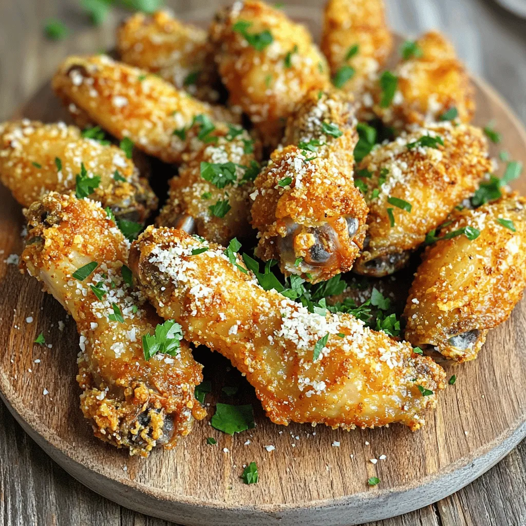 For this recipe, you need 2 pounds of chicken wings. I like to use a mix of drummettes and flats. They cook evenly and are great for dipping. The right seasonings make all the difference. Here’s what you will need: - 2 tablespoons olive oil - 1 teaspoon garlic powder - 1 teaspoon onion powder - 1 teaspoon smoked paprika - 1 teaspoon salt - ½ teaspoon black pepper - ½ teaspoon crushed red pepper flakes (optional for heat) These seasonings give the wings a tasty and bold flavor. You can adjust the heat by adding more or less red pepper flakes. Garnishes make your dish pop. Use these for a fresh touch: - ½ cup grated Parmesan cheese - Fresh parsley, chopped (for garnish) The Parmesan adds a rich, savory layer. The parsley gives a nice color and brightness. You can also serve the wings with ranch or blue cheese for dipping. This adds even more flavor to each bite. For the full recipe, check the details above. Start by washing your chicken wings under cold water. Then, pat them dry with paper towels. This step is key. Removing moisture helps the wings get crispy. Lay them on a clean plate. Make sure they are not touching. This will help them cook evenly. In a large mixing bowl, add your chicken wings. Drizzle in the olive oil. Then, sprinkle the garlic powder, onion powder, smoked paprika, salt, black pepper, and crushed red pepper flakes. Use your hands to mix well. Make sure every wing is coated evenly. The oil and spices will give the wings great flavor. Preheat your air fryer to 400°F (200°C). This should take about five minutes. Once hot, place the wings in a single layer in the basket. If your air fryer is small, do this in batches. Cook the wings for 25 to 30 minutes. Shake the basket halfway through to let them crisp up all around. When done, check the internal temperature. It should reach 165°F (74°C). Carefully take the wings out and toss them with grated Parmesan cheese in a bowl. They will be hot, so use tongs. Finally, serve them on a platter with fresh parsley on top. Enjoy your crispy and flavorful wings! For the full recipe, check out the detailed instructions. To get crispy chicken wings, you need to dry them well. Use paper towels to pat them dry. This step is key. Moisture will make wings soggy. After drying, coat the wings lightly with olive oil. This helps them crisp up in the air fryer. Try to place the wings in a single layer in the basket. Crowding the basket traps steam. This can lead to less crispy wings. If you have many wings, cook them in batches. Shaking the basket halfway through helps the wings cook evenly. For perfect wings, set your air fryer to 400°F (200°C). This temperature works great to achieve a nice crunch. Cook the wings for 25 to 30 minutes. Check for doneness by using a meat thermometer. The inside should reach 165°F (74°C). Don’t forget to preheat your air fryer for about 5 minutes. This allows the wings to start cooking right away. It also helps them get that golden color faster. One mistake is not drying the wings enough. This can ruin crispiness. Another mistake is using too much oil. It can make the wings greasy instead of crispy. Also, avoid overcrowding the basket. Wings need space to cook and crisp up. Make sure to shake the basket halfway through cooking. This helps all sides get crispy. Lastly, don’t skip the cheese! Tossing the wings in grated Parmesan adds flavor and crunch. For detailed instructions, check the Full Recipe. {{image_2}} Buffalo wings are a classic! To make these, add hot sauce to the mix. After cooking, toss your crispy wings in a mix of melted butter and hot sauce. This gives the wings that spicy kick. You can use your favorite hot sauce, like Frank's RedHot or a homemade blend. Serve with celery sticks and blue cheese. For a sweet twist, try honey garlic wings. Mix honey, soy sauce, and minced garlic in a bowl. After cooking your wings, toss them in this mixture for a sticky, sweet glaze. This adds a lovely shine and flavor. Top with sesame seeds and green onions for an extra touch. It’s a great way to balance sweet and savory. To make spicy garlic Parmesan wings, follow the original recipe. After cooking, toss the wings in a mix of garlic, Parmesan, and crushed red pepper. This adds heat and a cheesy flavor. You can adjust the heat by adding more or less crushed red pepper. The crunch from the cheese makes these wings extra special. Enjoy these tasty variations! Each one brings a new flavor to your air fryer chicken wings. For the full recipe, check out the crispy garlic Parmesan air fryer chicken wings. Once you finish your meal, let the wings cool down. Place them in an airtight container. This keeps them fresh for up to three days. For best results, store them in the fridge. If you want to keep them longer, freezing is a great option. To reheat your chicken wings, use the air fryer again. Set it to 350°F (175°C). Air fry for about 5 to 10 minutes. This keeps the wings crispy and tasty. If you don't have an air fryer, you can use the oven. Preheat it to 350°F (175°C). Bake the wings for about 15 minutes. Make sure they are heated all the way through. If you want to freeze the wings, wrap them tightly in foil or freezer bags. This helps prevent freezer burn. Label the bags with the date. Frozen wings can last up to three months. When you’re ready to eat them, thaw them in the fridge overnight. Reheat them in the air fryer as mentioned above for the best taste. For a delicious treat, check the Full Recipe for more tips! You should cook chicken wings in an air fryer for 25 to 30 minutes. This timing gives you crispy wings. Be sure to check them halfway through and shake the basket. This helps them cook evenly. Chicken wings should reach an internal temperature of 165°F (74°C). This temperature ensures they are safe to eat. Use a meat thermometer to check the temperature. It’s the best way to avoid undercooking. Yes, you can use frozen chicken wings. Just add a few extra minutes to the cooking time. Make sure they are not stuck together. It’s best to separate them before cooking. This helps them cook evenly and get crispy. For the best results, follow the full recipe. In this post, we explored how to make tasty air fryer chicken wings. We covered ingredients like chicken, seasonings, and garnishes. Then, we went through each step, from prep to air frying. I shared tips for crispy wings and common mistakes to avoid. We also looked at fun flavor variations and how to store leftovers. With these ideas and steps, you can create delicious wings at home. Try different flavors and enjoy!
