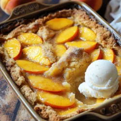 - 6 fresh peaches, peeled and sliced - 1 cup granulated sugar, divided (1/2 cup for peaches, 1/2 cup for batter) - 1 teaspoon cinnamon - 1 teaspoon vanilla extract - 1/2 cup unsalted butter, melted - 1 cup all-purpose flour - 1 tablespoon baking powder - 1/2 teaspoon salt - 1 cup milk - 1 tablespoon lemon juice - Optional: Vanilla ice cream for serving Fresh peaches are the star of this dish. Their juicy sweetness brings life to your cobbler. You can choose ripe, fragrant peaches for the best flavor. If you can't find fresh peaches, you can use canned peaches. Drain them well to avoid too much juice. For a healthier twist, you can replace granulated sugar with honey or maple syrup. Adjust the amount to taste since these alternatives are sweeter. - Measuring cups and spoons - Mixing bowls and whisk - Baking dish These tools help you measure and mix with ease. A good baking dish ensures even cooking. With the right tools, your peach cobbler will turn out perfect every time. For the full recipe, check out the details above. To make peach cobbler, start by peeling and slicing the peaches. Use fresh, ripe peaches for the best flavor. A ripe peach feels slightly soft to the touch and smells sweet. To peel, you can blanch the peaches in boiling water for 30 seconds. Then, place them in ice water. The skin will slip off easily. Slice the peaches into thin wedges. This helps them cook evenly. Next, mix the dry and wet ingredients for the batter. In a bowl, combine flour, sugar, baking powder, and salt. Whisk these together until they blend well. In another bowl, mix melted butter and milk. Pour the wet mix into the dry mix. Stir gently until just combined. Remember, do not overmix! Lumpy batter is okay. Overmixing can make the cobbler tough. Now, it's time to assemble the cobbler. Pour the batter into a greased baking dish. Spread it evenly. Spoon the sliced peaches over the batter, including their juices. Do not stir; let the peaches rest on top. Drizzle lemon juice over everything to boost the flavor. Bake in a preheated oven at 375°F for 35 to 40 minutes. You want the cobbler to be golden and bubbly. Let it cool slightly before serving. For a treat, add a scoop of vanilla ice cream on top. For the complete recipe, refer to the Full Recipe. To enhance the flavor of your peach cobbler, try adding spices. A pinch of nutmeg or allspice can create a warm taste. You can also mix in a bit of ginger for a fresh kick. Each spice adds layers of flavor, making your dessert memorable. Achieving a golden crust is key. Use melted butter in your batter. This not only adds flavor but also helps create that crispy top. Bake until the edges bubble and the color turns golden brown. The aroma will fill your kitchen and make your mouth water. Pair your warm peach cobbler with ice cream or whipped cream. The coolness balances the warm, sweet cobbler perfectly. You can also sprinkle some toasted nuts on top for added crunch. For a complete meal, serve it with fresh lemonade or sweet tea. These drinks complement the sweetness of the cobbler. If you want to add a twist, try serving it with a splash of sparkling water. One common mistake is overmixing the batter. This can lead to a tough cobbler. Mix just until the dry ingredients are combined. Remember, a few lumps are fine! Another mistake is underbaking the cobbler. It should be golden brown and bubbly. If you take it out too soon, the batter may not cook through. Always check the center with a toothpick; it should come out clean. Enjoy your peach cobbler with these tips for the best results! For the full recipe, check out the details above. {{image_2}} For a gluten-free peach cobbler, you can easily swap out regular flour. Use almond flour or coconut flour instead. These flours add a nice texture. You should also check if your baking powder is gluten-free. This makes it safe for those with gluten concerns. You might want to adjust the liquid. Almond flour absorbs more moisture than regular flour. Start with a little less milk. You can add more if the batter seems too thick. Peach cobbler is tasty on its own. But you can mix it up with other fruits. Try adding berries like blueberries or raspberries. They add a nice tartness. You can also use apples for a crunchier texture. Mixing fruits can make the cobbler even more colorful. You could also add some chopped strawberries. Just remember to adjust the sugar based on how sweet the fruits are. To make your peach cobbler unique, you can add nuts. Chopped pecans or walnuts give a nice crunch. They also add a rich flavor. You can also experiment with extracts. A hint of almond extract can add depth. You might even try a touch of bourbon for a warm flavor. Just a little goes a long way! For the full recipe, check the previous section. Enjoy making these variations! To keep your peach cobbler fresh, store it in an airtight container. A glass dish with a lid works well. If you don't have one, cover the dish tightly with plastic wrap. Make sure it cools to room temperature first. This way, it won't trap steam and get soggy. Leftover peach cobbler can last for about three to four days in the fridge. When reheating, I suggest using the oven or microwave. If you use the oven, preheat it to 350°F (175°C). Place the cobbler in an oven-safe dish and cover it with foil. This helps keep the moisture in. Heat for about 15-20 minutes or until warm. For the microwave, heat in short bursts of 30 seconds. Check it often to avoid drying it out. If you want to keep it longer, freezing is a great option. Allow the cobbler to cool completely. Cut it into serving pieces and wrap each piece in plastic wrap. Then, place the wrapped pieces in a freezer-safe bag. Label the bag with the date. The cobbler can last for up to three months in the freezer. When you're ready to enjoy it, let it thaw overnight in the fridge. Then reheat as mentioned before. Peach cobbler can last for about 3 to 4 days when stored properly. To keep it fresh, cover the dish with plastic wrap or aluminum foil. You can also place it in an airtight container. Make sure to store it in the fridge to slow down spoilage. Reheat it in the oven or microwave before serving. This helps restore its warm and tasty texture. Yes, you can use frozen peaches for your cobbler. Just remember to thaw them first. Drain any excess liquid after thawing, as this helps prevent a soggy cobbler. You may need to adjust the sugar slightly since frozen peaches can be sweeter. Using frozen peaches is a great way to enjoy peach cobbler any time of year. A runny peach cobbler often comes from excess moisture. This can be caused by using too many juicy peaches or not draining them well. To fix this, you can add a bit of cornstarch to the peach mixture. This will help thicken the juices. Another tip is to bake the cobbler a little longer to let it set up. Absolutely! This recipe is perfect for novice bakers. The steps are simple and easy to follow. Just remember not to overmix the batter. It’s okay if it’s a little lumpy. Keep an eye on the baking time to avoid underbaking. With these tips, you'll create a lovely peach cobbler. For a complete guide, check out the Full Recipe. This blog post covered everything you need to make a delicious peach cobbler. We discussed the key ingredients, essential tools, and step-by-step instructions. I shared tips to perfect your cobbler and offered variations to suit different diets. Storing and reheating methods ensure you enjoy every bite. Remember, baking is about experimenting and having fun. With practice, you'll find joy in creating the perfect peach cobbler. Now it's your turn to try it out!