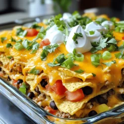 For a tasty Loaded Nacho Casserole, you need the right base. Here are the must-haves: - 1 lb ground beef or turkey - 1 packet taco seasoning - 1 can (15 oz) black beans, drained and rinsed - 1 can (10 oz) diced tomatoes with green chilies These ingredients give your casserole its rich flavor. The ground meat provides protein and substance. Taco seasoning adds a kick, while black beans offer fiber. Diced tomatoes bring moisture and zest. Cheese makes everything better! For this dish, use: - 2 cups shredded cheddar cheese - 1 cup shredded Monterey Jack cheese - 3 cups tortilla chips, crushed - 1 cup sour cream - ½ cup green onions, chopped The cheese melts into gooey perfection. Cheddar adds sharpness, while Monterey Jack smooths it out. Tortilla chips give a crunchy layer, and sour cream cools the spice. Green onions add a fresh crunch. Want to take your casserole up a notch? Consider adding: - 1 jalapeño, sliced (optional for heat) - 1 cup corn (fresh or frozen) - Fresh cilantro for garnish (optional) Jalapeños add heat and depth. Corn brings sweetness and texture. Fresh cilantro gives a burst of freshness. You can mix and match these extras based on your taste. For the full experience, follow the [Full Recipe]. It guides you through the process step by step! 1. First, preheat your oven to 350°F (175°C). This helps your casserole cook evenly. 2. Next, in a skillet over medium heat, brown 1 lb of ground beef or turkey. Stir it well until it is fully cooked. Drain any extra fat. 3. Add 1 packet of taco seasoning and ¼ cup of water. Stir and let it simmer for about 5 minutes. This thickens the sauce and adds flavor. 4. Now, in a large bowl, combine the cooked meat, 1 can of black beans (drained and rinsed), 1 can of diced tomatoes with green chilies, and 1 cup of corn. If you want some heat, add 1 jalapeño, sliced. Mix it all well and season with salt and pepper. 1. In a baking dish, spread half of 3 cups of crushed tortilla chips evenly on the bottom. This creates a nice base. 2. Next, layer half of the meat and bean mixture over the chips. Then, sprinkle half of 2 cups of shredded cheddar cheese and half of 1 cup of shredded Monterey Jack cheese on top. 3. Repeat these layers with the remaining chips, meat mixture, and cheeses. The more layers, the better the flavor! 1. Cover your baking dish with aluminum foil. This keeps the moisture in while it cooks. Place it in the preheated oven and bake for 20 minutes. 2. After 20 minutes, remove the foil. Bake uncovered for an additional 10-15 minutes. You want the cheese to bubble and turn slightly golden. This gives it a great look and taste. Enjoy your delicious Loaded Nacho Casserole! For the full recipe, check out the details above. To keep your chips crisp, layer them wisely. Place them at the bottom of the dish. The warm toppings should not sit long on the chips. This helps avoid soggy chips. You can also bake the casserole for a shorter time. It allows chips to stay crunchy. For the perfect cheese melt, use a mix of cheeses. Cheddar and Monterey Jack work best together. Spread cheese evenly on each layer. This ensures that every bite is cheesy. Bake until the cheese bubbles. It should look golden brown. Want to spice up the meat mixture? Add chili powder or smoked paprika. These spices give extra depth. You can also mix in some chopped bell peppers or onions. They add crunch and flavor too. Using different cheeses can change the taste. Try pepper jack for a kick. You can also use queso fresco for a fresh twist. Don’t forget toppings like sliced olives or diced tomatoes. They add color and flavor. Pair your loaded nacho casserole with guacamole or salsa. Both add freshness and creaminess. You can also serve it with a side salad. This gives a nice balance to the meal. This dish is great for game days or family movie nights. It’s fun and easy to share. You can also serve it at potlucks. Everyone loves a hearty, cheesy dish. Try the Full Recipe to make your own! {{image_2}} To make a vegetarian version of this dish, swap ground meat for lentils or quinoa. These options provide protein while keeping the dish hearty. Lentils cook fast, while quinoa adds a nice texture. You can also add more vegetables. Consider bell peppers, zucchini, or mushrooms. They enhance flavor and add nutrition. If you like heat, try a spicy version. Add more jalapeños or a splash of hot sauce. This gives the casserole a kick. You can also use pepper jack cheese instead of cheddar. It melts well and adds extra spice. Make sure to taste as you go, so it suits your heat level. For a low-carb meal, replace tortilla chips with cauliflower. Simply steam or roast the cauliflower and chop it into bite-sized pieces. This keeps the texture fun while lowering carbs. You can also choose alternative cheese options, like mozzarella or cream cheese. Both melt nicely and keep the dish creamy without the extra carbs. Feel free to explore these variations. Each one adds a unique twist to the original Loaded Nacho Casserole, making it a hit for every family meal. For the complete recipe, check out the Full Recipe. To keep your Loaded Nacho Casserole fresh, store leftovers in the fridge. Use airtight containers to prevent air and moisture from ruining the taste. Make sure to let the casserole cool before sealing it. This way, you save all the great flavors for later. When it's time to eat again, reheating is easy. The best way is in the oven. Preheat it to 350°F (175°C). Place the casserole in an oven-safe dish and cover it with foil. Heat for about 20 minutes. If you want the cheese to melt nicely, remove the foil for the last 5 minutes. This keeps the texture and flavor just right. If you want to save your Loaded Nacho Casserole for a longer time, freezing works well. Cut it into portions before freezing. Wrap each piece in plastic wrap, then place it in a freezer bag. When you are ready to eat, thaw it in the fridge overnight. Reheat it in the oven using the same steps as before. Enjoy your dish even after a long time! Loaded Nacho Casserole can last for about 3 to 4 days in the fridge. To keep it fresh, store it in an airtight container. Make sure to let it cool before placing it in the fridge. This helps prevent condensation and sogginess. Always check for any signs of spoilage before eating leftovers. If it smells off or looks strange, it's best to toss it out. Yes, you can prepare Loaded Nacho Casserole ahead of time. You can assemble it and store it in the fridge for up to a day before baking. Just cover it tightly with foil or plastic wrap. When you're ready to bake, add a few extra minutes to the cooking time, since it will be cold. This makes it a great option for busy days or family gatherings. If you're looking for alternatives to ground beef, you have a few great options. Ground turkey is a lean choice that works well. For a vegetarian option, try cooked lentils or quinoa. You can also use crumbled tofu or tempeh for a meatless meal. Each substitute adds its own flavor, so feel free to experiment! Yes, Loaded Nacho Casserole is great for freezing. To freeze, let it cool completely and then wrap it tightly in plastic wrap and foil. This helps prevent freezer burn. It can stay in the freezer for about 2 to 3 months. When you're ready to eat, thaw it in the fridge overnight. Then, bake it until it's hot and bubbly again. Loaded nacho casserole is a fun dish packed with flavor. We covered essential ingredients, preparation steps, and baking tips for the perfect casserole. You can switch it up with variations like vegetarian or spicy options. Storing leftovers is easy if you follow the right methods. This dish is versatile and fits many occasions. I hope these tips inspire you in the kitchen. Enjoy crafting your loaded nacho casserole!