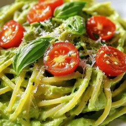 For creamy avocado pasta, gather these items: - 2 ripe avocados, pitted and scooped - 2 cups cooked pasta (your choice, such as spaghetti or fusilli) - 2 cloves garlic, minced - 1/4 cup fresh basil leaves - 1 tablespoon lemon juice - 1/4 cup olive oil - Salt and pepper to taste - 1/4 teaspoon red pepper flakes (optional) - Cherry tomatoes, halved (for garnish) - Grated Parmesan cheese (optional for serving) Choosing the right avocado is key. Here’s how to pick them: - Look for avocados that feel slightly soft but not mushy. - The skin should be dark green or black for most types. - You can gently press the skin. If it gives a little, it's ripe. - If the avocado is hard, it needs more time to ripen. - Store unripe avocados at room temperature. Once ripe, keep them in the fridge. You can use various pasta types for this dish. Here are some great options: - Spaghetti: Long and classic, perfect for avocado sauce. - Fusilli: Twisted shape holds the creamy sauce well. - Penne: Short tubes that catch bits of avocado. - Farfalle: Bow-tie pasta adds fun and texture. - Gluten-free pasta: Great for those with dietary needs. By choosing the right ingredients, you enhance the flavor and texture of your creamy avocado pasta. Try the Full Recipe to get started. Start by gathering your ingredients. You need two ripe avocados, garlic, fresh basil, lemon juice, and olive oil. Cut the avocados in half, remove the pit, and scoop the green flesh into a blender. Add two cloves of minced garlic and a 1/4 cup of fresh basil leaves. Squeeze in a tablespoon of lemon juice for brightness. Finally, pour in 1/4 cup of olive oil. Blend everything until it is smooth and creamy. If the sauce feels too thick, add a little water or some pasta water. This tip helps get the right texture. Once blended, season the sauce with salt and pepper. If you like some heat, add in a pinch of red pepper flakes. Blend again to mix everything well. Now, let’s move on to the pasta. You can use any type you enjoy, like spaghetti or fusilli. Make sure your pasta is cooked and drained. In a large mixing bowl, combine the warm pasta with the avocado sauce. Toss everything together gently. Ensure every piece of pasta gets coated with that creamy sauce. This part is crucial for flavor. To serve, plate the pasta right away. Garnish it with halved cherry tomatoes for a pop of color. If you like cheese, sprinkle some grated Parmesan on top. This adds a nice touch and extra flavor. You can enjoy this creamy avocado pasta warm or at room temperature. For the full recipe, check out the detailed instructions above. To get the best creamy texture for your avocado pasta, use ripe avocados. The riper they are, the smoother your sauce will be. When blending, add olive oil slowly. This helps mix in air and adds creaminess. If the sauce feels too thick, add a bit of water or pasta water. This makes it lighter and easier to coat the pasta. A splash of lemon juice also adds a nice tang and helps keep that bright green color. If you have leftovers, store them in an airtight container. Keep the pasta and sauce separate. This keeps the pasta from getting soggy. You can also add a little lemon juice to the sauce before storing. This helps to keep its fresh taste. When you’re ready to eat, just reheat the pasta. If the sauce thickened, you can add more water or olive oil to loosen it up. You can swap ingredients if needed. If you don’t have fresh basil, use spinach or parsley. They both give a fresh taste. For a garlic-free option, skip the garlic or use garlic powder. If you need a gluten-free meal, choose gluten-free pasta. You can also make it vegan by omitting Parmesan cheese. The creamy avocado sauce already adds great flavor, so you won’t miss it. For a spicy kick, try adding jalapeños or diced bell peppers. For the full recipe, check the Creamy Avocado Pasta section. {{image_2}} You can boost your creamy avocado pasta with fun add-ins. Here are some ideas: - Cooked chicken: This adds protein and makes it filling. - Fresh spinach: Toss in spinach for color and nutrients. - Nuts: Chopped walnuts or pine nuts give a nice crunch. - Olives: They add a salty kick and a unique taste. - Feta cheese: Crumbled feta brings a tangy flavor that pairs well. Feel free to mix and match these add-ins. Each one gives the dish a fresh twist. The beauty of creamy avocado pasta is its versatility. You can choose many types of pasta: - Spaghetti: A classic choice that holds the sauce well. - Fusilli: Its spirals trap the creamy sauce nicely. - Penne: The tube shape makes each bite tasty. - Zoodles: If you like, use spiralized zucchini for a healthier option. You can switch up the pasta based on your taste or what you have at home. If you are vegan or need gluten-free options, don’t worry! This dish is easy to adapt: - Vegan: Skip the Parmesan cheese or use a vegan cheese. - Gluten-free pasta: Many brands make pasta from rice or chickpeas. - Cauliflower pasta: This option is low-carb and very unique. These simple swaps ensure everyone can enjoy creamy avocado pasta. Check out the Full Recipe for more details on how to make it just right! This creamy avocado pasta is not just tasty; it's also good for you. Each serving has about 350 calories. This number can change based on the type of pasta you choose. Whole wheat pasta might have more fiber, while gluten-free options could have fewer carbs. The creamy avocado sauce adds healthy fats but keeps the calories in check. Avocados are rich in nutrients. They provide heart-healthy fats and fiber. One avocado gives you potassium, vitamin E, and B vitamins. Eating avocados can help lower bad cholesterol levels. They also keep your skin healthy and glowing. The healthy fats in avocados help your body absorb vitamins from other foods. This means pairing them with salads or veggies can boost your health even more. Creamy avocado pasta stands out when you compare it to traditional sauces. Most sauces, like Alfredo, are high in calories and fat. They often use cream and cheese, which can add up quickly. In contrast, avocado sauce is creamy but lighter. It gives you a rich taste without the heavy feeling. Plus, it's plant-based, making it a great choice for everyone. You still get full flavor while enjoying a healthier meal. For the full recipe, check out the detailed instructions to make this delicious dish. Yes, you can make the avocado sauce early. Just blend the ingredients as the recipe shows. Store it in a bowl and cover it well. You can also add a bit of lemon juice to help keep it fresh. This way, you can save time when you cook the pasta. To stop the avocado from changing color, use lemon juice. The acid in lemon juice slows down browning. If you store the sauce, keep it in an airtight container. Press plastic wrap directly onto the surface to limit air exposure. This helps keep the bright green color longer. Freezing creamy avocado pasta is not the best option. The texture may change when you thaw it. If you want to freeze it, store the sauce separately from the pasta. When ready to eat, defrost the sauce in the fridge overnight, then mix with fresh pasta. For the full recipe, check the details above. This blog post covered how to make a delicious creamy avocado pasta. We discussed the right ingredients and tips for picking ripe avocados. I showed you step-by-step instructions, from preparing the sauce to serving it right. We also explored various add-ins and options to suit different diets. In conclusion, this dish is tasty, healthy, and easy to make. You can try new flavors and enjoy leftovers too. Experiment and find the perfect avocado pasta for you. Enjoy your cooking!