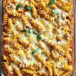To make a tasty Parmesan Chicken Pasta Bake, you'll need: - 2 cups rotini or penne pasta - 2 cups cooked chicken, shredded - 1 cup marinara sauce - 1 cup ricotta cheese - 1 ½ cups mozzarella cheese, shredded - ¾ cup Parmesan cheese, grated - 1 teaspoon garlic powder - 1 teaspoon Italian seasoning - Salt and pepper to taste - Fresh basil for garnish (optional) These ingredients work together to create a creamy, cheesy dish that your family will love. The pasta serves as a great base, while the chicken adds protein and flavor. You can make this dish your own by adding: - Spinach or kale for extra veggies - Bell peppers or mushrooms for more flavor - Different cheeses like gouda or cheddar - A splash of heavy cream for creamier sauce Feel free to swap out or add any of these ingredients. They can enhance the taste and nutrition of your meal. Each serving of the Parmesan Chicken Pasta Bake has about: - Calories: 450 - Protein: 30g - Carbohydrates: 40g - Fat: 20g This dish packs a punch of nutrients while still being comforting and satisfying. Enjoy it as a hearty family meal that balances taste and health nicely. For the complete cooking details, check out the Full Recipe. To start, gather all your ingredients. You need: - 2 cups rotini or penne pasta - 2 cups cooked chicken, shredded - 1 cup marinara sauce - 1 cup ricotta cheese - 1 ½ cups mozzarella cheese, shredded - ¾ cup Parmesan cheese, grated - 1 teaspoon garlic powder - 1 teaspoon Italian seasoning - Salt and pepper to taste - Fresh basil for garnish (optional) First, preheat your oven to 375°F (190°C). This step helps cook your dish evenly. Next, boil water in a pot. Add the pasta and cook it until it is al dente. This usually takes around 8-10 minutes. Drain the pasta and set it aside. In a large bowl, combine the shredded chicken, marinara sauce, ricotta cheese, garlic powder, Italian seasoning, and half of the mozzarella cheese. Mix everything well. This mix gives a rich flavor to your dish. Then, add the cooked pasta. Stir until the pasta is coated in that tasty mixture. Don’t forget to season with salt and pepper to taste. Next, transfer the pasta mix into a greased 9x13 inch baking dish. Make sure it spreads evenly. Finally, sprinkle the remaining mozzarella and Parmesan cheese on top. This will create a lovely, cheesy crust. Now, it’s time to bake. Place the dish in the oven and bake for 25-30 minutes. Keep an eye on it. You want the cheese to become bubbly and golden brown. To check if it’s done, look for that golden color on the cheese. If it looks perfect, take it out. After baking, let it sit for 5 minutes before serving. This helps everything set up nicely. When serving, try to plate it in a way that shows off the melted cheese. A sprinkle of fresh basil can add a nice touch and color. You can pair this dish with a crisp green salad or some garlic bread. These sides balance the meal and add freshness. Enjoy your tasty family dinner! To make this dish shine, avoid some common mistakes. First, do not overcook the pasta. Cook it just until al dente. This keeps it firm during baking. Second, be careful with the spices. Too much garlic or Italian seasoning can overpower the dish. Taste as you mix! You can customize flavors easily. Want it spicy? Add crushed red pepper flakes to the sauce. For a fresh twist, mix in some lemon zest. You can also swap marinara sauce for a creamy alfredo. This gives a new flavor profile. Preparing ingredients ahead saves time. Cook and shred the chicken a day before. You can also cook the pasta and store it in the fridge. Just toss it with a bit of oil to prevent sticking. For freezing, assemble the dish in a freezer-safe container. Cover it tightly before freezing. You can bake it directly from frozen. Just increase the baking time to about 40-45 minutes. You can switch up proteins easily. Use turkey or beef instead of chicken. For a lighter option, try shrimp. If you prefer cheese, use feta or goat cheese instead of ricotta. For vegetarian options, add more veggies like spinach or bell peppers. You can use lentils for protein. This way, you keep all the flavors without meat. {{image_2}} To keep leftovers fresh, let the dish cool first. Place it in an airtight container. Glass or plastic containers work great. If you have a lot, use smaller containers. This helps with portion control and quick access. To reheat without losing texture, use an oven. Preheat it to 350°F (175°C). Place the pasta bake in a safe dish and cover it with foil. Bake for about 20 minutes. This keeps the cheese nice and melty. You can also use a microwave, but the oven is best for crispiness. In the fridge, this dish lasts about 3 to 4 days. If you freeze it, it can last up to 3 months. Just make sure to wrap it well to avoid freezer burn. When you're ready, thaw it in the fridge overnight before reheating. What can I substitute for chicken in Parmesan Chicken Pasta Bake? You can use turkey, tofu, or chickpeas. These options provide great flavor. They also add protein to your dish. How do I make this recipe gluten-free? Use gluten-free pasta in the recipe. Many types are available in stores. Also, ensure your sauces and cheeses are gluten-free. Can I prepare this dish ahead of time? Yes! You can mix the ingredients and store them in the fridge. Bake it when you're ready to eat. Can I use different types of pasta for this recipe? Absolutely! You can try farfalle, fusilli, or even whole wheat pasta. Just cook it al dente for the best texture. How do I know when the dish is done baking? Look for bubbly cheese and a golden top. A knife should slide in easily. This means your dish is ready. What is the best way to shred chicken? Using two forks works well. You can also use a stand mixer on low speed. This saves time and gives you perfect shreds. How to prevent the cheese from burning while baking? Cover the dish with foil for the first 15 minutes. This keeps the cheese from burning. Remove the foil later for a golden finish. This dish takes about 15 minutes to prep and 30 minutes to bake. You can serve six people with this tasty meal. It is perfect for family dinners or a cozy night in. To get the full details, you can check out the Full Recipe. I encourage you to try making Parmesan Chicken Pasta Bake. It is simple and fun to cook! You will love how cheesy and satisfying it tastes. Enjoy your cooking adventure! In this blog, we covered the tasty Parmesan Chicken Pasta Bake. We discussed essential and optional ingredients, along with their measurements. I shared nutritional info and detailed step-by-step instructions for preparation and cooking. You learned useful tips for perfecting the dish and meal prep suggestions to make it easier. Finally, I provided storage and reheating details. Now, it's time to make this flavorful meal for yourself. Enjoy cooking and sharing this dish with your loved ones!