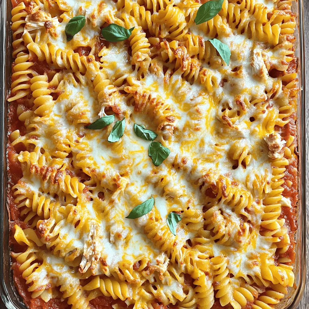 To make a tasty Parmesan Chicken Pasta Bake, you'll need: - 2 cups rotini or penne pasta - 2 cups cooked chicken, shredded - 1 cup marinara sauce - 1 cup ricotta cheese - 1 ½ cups mozzarella cheese, shredded - ¾ cup Parmesan cheese, grated - 1 teaspoon garlic powder - 1 teaspoon Italian seasoning - Salt and pepper to taste - Fresh basil for garnish (optional) These ingredients work together to create a creamy, cheesy dish that your family will love. The pasta serves as a great base, while the chicken adds protein and flavor. You can make this dish your own by adding: - Spinach or kale for extra veggies - Bell peppers or mushrooms for more flavor - Different cheeses like gouda or cheddar - A splash of heavy cream for creamier sauce Feel free to swap out or add any of these ingredients. They can enhance the taste and nutrition of your meal. Each serving of the Parmesan Chicken Pasta Bake has about: - Calories: 450 - Protein: 30g - Carbohydrates: 40g - Fat: 20g This dish packs a punch of nutrients while still being comforting and satisfying. Enjoy it as a hearty family meal that balances taste and health nicely. For the complete cooking details, check out the Full Recipe. To start, gather all your ingredients. You need: - 2 cups rotini or penne pasta - 2 cups cooked chicken, shredded - 1 cup marinara sauce - 1 cup ricotta cheese - 1 ½ cups mozzarella cheese, shredded - ¾ cup Parmesan cheese, grated - 1 teaspoon garlic powder - 1 teaspoon Italian seasoning - Salt and pepper to taste - Fresh basil for garnish (optional) First, preheat your oven to 375°F (190°C). This step helps cook your dish evenly. Next, boil water in a pot. Add the pasta and cook it until it is al dente. This usually takes around 8-10 minutes. Drain the pasta and set it aside. In a large bowl, combine the shredded chicken, marinara sauce, ricotta cheese, garlic powder, Italian seasoning, and half of the mozzarella cheese. Mix everything well. This mix gives a rich flavor to your dish. Then, add the cooked pasta. Stir until the pasta is coated in that tasty mixture. Don’t forget to season with salt and pepper to taste. Next, transfer the pasta mix into a greased 9x13 inch baking dish. Make sure it spreads evenly. Finally, sprinkle the remaining mozzarella and Parmesan cheese on top. This will create a lovely, cheesy crust. Now, it’s time to bake. Place the dish in the oven and bake for 25-30 minutes. Keep an eye on it. You want the cheese to become bubbly and golden brown. To check if it’s done, look for that golden color on the cheese. If it looks perfect, take it out. After baking, let it sit for 5 minutes before serving. This helps everything set up nicely. When serving, try to plate it in a way that shows off the melted cheese. A sprinkle of fresh basil can add a nice touch and color. You can pair this dish with a crisp green salad or some garlic bread. These sides balance the meal and add freshness. Enjoy your tasty family dinner! To make this dish shine, avoid some common mistakes. First, do not overcook the pasta. Cook it just until al dente. This keeps it firm during baking. Second, be careful with the spices. Too much garlic or Italian seasoning can overpower the dish. Taste as you mix! You can customize flavors easily. Want it spicy? Add crushed red pepper flakes to the sauce. For a fresh twist, mix in some lemon zest. You can also swap marinara sauce for a creamy alfredo. This gives a new flavor profile. Preparing ingredients ahead saves time. Cook and shred the chicken a day before. You can also cook the pasta and store it in the fridge. Just toss it with a bit of oil to prevent sticking. For freezing, assemble the dish in a freezer-safe container. Cover it tightly before freezing. You can bake it directly from frozen. Just increase the baking time to about 40-45 minutes. You can switch up proteins easily. Use turkey or beef instead of chicken. For a lighter option, try shrimp. If you prefer cheese, use feta or goat cheese instead of ricotta. For vegetarian options, add more veggies like spinach or bell peppers. You can use lentils for protein. This way, you keep all the flavors without meat. {{image_2}} To keep leftovers fresh, let the dish cool first. Place it in an airtight container. Glass or plastic containers work great. If you have a lot, use smaller containers. This helps with portion control and quick access. To reheat without losing texture, use an oven. Preheat it to 350°F (175°C). Place the pasta bake in a safe dish and cover it with foil. Bake for about 20 minutes. This keeps the cheese nice and melty. You can also use a microwave, but the oven is best for crispiness. In the fridge, this dish lasts about 3 to 4 days. If you freeze it, it can last up to 3 months. Just make sure to wrap it well to avoid freezer burn. When you're ready, thaw it in the fridge overnight before reheating. What can I substitute for chicken in Parmesan Chicken Pasta Bake? You can use turkey, tofu, or chickpeas. These options provide great flavor. They also add protein to your dish. How do I make this recipe gluten-free? Use gluten-free pasta in the recipe. Many types are available in stores. Also, ensure your sauces and cheeses are gluten-free. Can I prepare this dish ahead of time? Yes! You can mix the ingredients and store them in the fridge. Bake it when you're ready to eat. Can I use different types of pasta for this recipe? Absolutely! You can try farfalle, fusilli, or even whole wheat pasta. Just cook it al dente for the best texture. How do I know when the dish is done baking? Look for bubbly cheese and a golden top. A knife should slide in easily. This means your dish is ready. What is the best way to shred chicken? Using two forks works well. You can also use a stand mixer on low speed. This saves time and gives you perfect shreds. How to prevent the cheese from burning while baking? Cover the dish with foil for the first 15 minutes. This keeps the cheese from burning. Remove the foil later for a golden finish. This dish takes about 15 minutes to prep and 30 minutes to bake. You can serve six people with this tasty meal. It is perfect for family dinners or a cozy night in. To get the full details, you can check out the Full Recipe. I encourage you to try making Parmesan Chicken Pasta Bake. It is simple and fun to cook! You will love how cheesy and satisfying it tastes. Enjoy your cooking adventure! In this blog, we covered the tasty Parmesan Chicken Pasta Bake. We discussed essential and optional ingredients, along with their measurements. I shared nutritional info and detailed step-by-step instructions for preparation and cooking. You learned useful tips for perfecting the dish and meal prep suggestions to make it easier. Finally, I provided storage and reheating details. Now, it's time to make this flavorful meal for yourself. Enjoy cooking and sharing this dish with your loved ones!