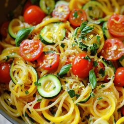 - 2 medium summer squashes - 8 oz whole wheat spaghetti - 4 cloves garlic - 1 tablespoon olive oil - 1 teaspoon red pepper flakes - 1 medium zucchini - 1 cup cherry tomatoes - 1/4 cup fresh basil leaves - Salt and pepper to taste - Zest and juice of 1 lemon - Grated Parmesan cheese (optional) The ingredients for this savory summer squash pasta are fresh and simple. Summer squashes give a delightful taste and texture. I love using whole wheat spaghetti for a healthy twist. Garlic adds depth and flavor, while red pepper flakes offer a nice kick. Zucchini and cherry tomatoes add color and nutrition. Fresh basil elevates the dish with its aromatic scent. The lemon zest and juice brighten the flavors. You can top it with Parmesan cheese if you like. - Large pot for boiling pasta - Skillet for sautéing - Spiralizer (for summer squash noodles) To make this dish, you need a few cooking tools. A large pot helps boil the pasta perfectly. A skillet is essential for sautéing the garlic and vegetables. A spiralizer is great for turning summer squash into fun noodles. - Calories per serving - Macronutrient breakdown This dish is light yet filling. Each serving is packed with vitamins and minerals. You get good fiber from the whole wheat spaghetti and summer squashes. Plus, the cherry tomatoes offer antioxidants. The nutritional values can vary based on the ingredients you choose. You can check the full recipe for specific details. Eating this pasta is a tasty way to enjoy summer's bounty! First, you need to boil some salted water. Use a large pot to make sure there’s enough space. Once the water boils, add in 8 ounces of whole wheat spaghetti. Cook it according to the package instructions until it's al dente. This means the pasta should be firm yet cooked. When done, reserve one cup of the pasta water. Drain the spaghetti and set it aside. While the pasta cooks, heat 1 tablespoon of olive oil in a large skillet over medium heat. Once the oil is hot, add in 4 minced cloves of garlic. Sauté this for about 1 to 2 minutes. You want the garlic to smell good but not burn. Next, sprinkle in 1 teaspoon of red pepper flakes. This will add a nice kick to your dish. Now, it's time to bring the dish together. Stir in one medium zucchini, sliced thinly, and 1 cup of halved cherry tomatoes. Cook this mixture for about 3 to 4 minutes. You want the tomatoes to soften and release their juices. After that, add the spiralized summer squash noodles to the skillet. Toss everything together. Pour in some reserved pasta water, a little at a time, until you get the sauce consistency you like. Finally, mix in the zest and juice of one lemon, along with 1/4 cup of fresh chopped basil. Season with salt and pepper to taste. Cook for another 2 to 3 minutes until everything is warm and combined. You can find the Full Recipe to enjoy this delightful dish. To get the best garlic flavor, heat your olive oil over medium heat. Add the minced garlic and red pepper flakes. Sauté for one to two minutes. Watch closely to avoid burning the garlic. A burnt garlic taste can ruin your dish. Adjust red pepper flakes based on your taste. If you like heat, add more. If you prefer mild, use less. Use reserved pasta water to adjust the sauce's thickness. This water has starch, which helps bind the sauce to the pasta. Start by adding a little and mix well. You can always add more if needed. For the vegetables, cook zucchini for just three to four minutes. This keeps them tender yet crisp. The tomatoes should soften and release their juices during this time. Plating your pasta can make it more inviting. Serve it in a large bowl to show off the colors. Add extra cherry tomatoes on top for a fresh look. A sprinkle of lemon zest adds brightness. For a finishing touch, drizzle a little olive oil. Fresh basil leaves on top make a lovely garnish. Grated Parmesan cheese also adds flavor and a nice touch to the look. {{image_2}} You can switch up the type of pasta you use. If you prefer gluten-free, try rice or corn pasta. They work well and taste great. You can also use zoodles, which are zucchini noodles. They add a fresh crunch and lower carbs. Summer brings a bounty of fresh veggies. You can add bell peppers, eggplant, or fresh corn. These veggies enhance flavor and nutrition. For added taste, swap herbs and spices. Try thyme or oregano for a different twist. If you want a vegan dish, just leave out the cheese. You can use nutritional yeast instead. It adds a cheesy flavor without dairy. This way, everyone can enjoy the dish. Store your leftovers in airtight containers. Glass containers work great. They keep food fresh and safe. Let the pasta cool to room temperature first. This step helps prevent condensation, which can cause sogginess. To reheat, use a skillet over low heat. Add a splash of water or olive oil. This method keeps the pasta moist and tasty. Stir gently until warmed through, about 5-7 minutes. You can also use a microwave. Heat in short bursts of 30 seconds, stirring in between. Make sure to check the temperature. Consume within 3-4 days for best quality. To freeze, place cooled leftovers in freezer bags. Remove as much air as possible. Label the bags with the date. This step helps you keep track of your meals. They can last up to 3 months in the freezer. When ready to eat, thaw overnight in the fridge. Reheat as mentioned above for the best results. Yes, you can use regular pasta. Whole wheat pasta has more fiber. It also has a nuttier taste. Regular pasta cooks a bit softer. If you prefer that texture, go for it. Just keep in mind that it may have fewer nutrients. You can serve a fresh salad on the side. A mixed greens salad pairs well. Roasted vegetables also make a great side. Try garlic bread for a comforting touch. Grilled chicken can add protein if needed. These pairings balance the meal nicely. To lower calories, cut back on oil. Use a spray instead of a tablespoon. Skip the cheese or use less of it. You can also add more veggies. This keeps the dish filling without adding many calories. Lastly, choose a smaller serving size to enjoy it guilt-free. You can find the Full Recipe Summer Squash Pasta Delight for complete details. This will guide you through each step to make this tasty dish. This blog post covered a simple summer squash pasta dish. You learned about the key ingredients and cooking essentials needed. The preparation steps included cooking the pasta and making a garlic sauce. Tips highlighted how to improve flavor and texture. Variations presented ways to customize the dish for your taste. Finally, we discussed storing leftovers and reheating methods. Enjoy creating quick, healthy meals that suit your culinary style!