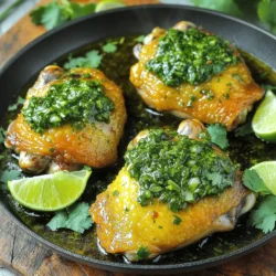 - 4 chicken thighs, skin-on or skinless - 1 cup fresh parsley, chopped - 1/2 cup fresh cilantro, chopped - 4 cloves garlic, minced - 1/4 cup olive oil - 2 tablespoons red wine vinegar (or apple cider vinegar for a twist) Chimichurri chicken thighs are all about fresh ingredients. Chicken thighs bring rich flavor and juiciness. I prefer skin-on thighs for extra crispiness. Fresh parsley and cilantro add brightness to the dish. Garlic gives a robust taste that pairs well with the herbs. Olive oil helps bind the sauce and adds richness. Vinegar brings a tangy kick that balances the flavors. - 1 teaspoon red pepper flakes - 1 teaspoon smoked paprika - Salt and pepper to taste - Juice of 1 lime Spices are key to making this dish stand out. Red pepper flakes add a gentle heat, while smoked paprika adds a deep, smoky flavor. Salt and pepper are essential for seasoning the chicken. Lime juice enhances freshness and ties all the flavors together. - Olive oil for skillet - Optional garnish (lime wedges, fresh herbs) Using olive oil in the skillet helps the chicken cook evenly. I always keep some extra olive oil on hand for drizzling later. Garnishes like lime wedges and fresh herbs make the dish look as good as it tastes. They can elevate the meal and add vibrant color to your plate. For the full recipe, check the [Full Recipe]. First, gather your ingredients for the chimichurri sauce. In a bowl, whisk together: - 1 cup fresh parsley, chopped - 1/2 cup fresh cilantro, chopped - 4 cloves garlic, minced - 1/4 cup olive oil - 2 tablespoons red wine vinegar - 1 teaspoon red pepper flakes - 1 teaspoon smoked paprika - Juice of 1 lime - Salt and pepper to taste Mix until it looks nice and green. Set aside a portion for serving later. This sauce brings a bright flavor to the chicken. Now, let’s cook the chicken. Pat the thighs dry with paper towels. This helps them get crispy. Season both sides with salt and pepper. Heat a little olive oil in a large skillet over medium heat. Add the chicken thighs skin-side down. Cook for about 6-7 minutes until the skin is golden brown and crispy. Next, flip the chicken thighs. Pour half of the chimichurri sauce over them. Cover the skillet with a lid and cook for 10-12 minutes. The chicken should reach an internal temperature of 165°F (75°C). Once done, remove the skillet from heat. Let the chicken rest for 5 minutes. This keeps it juicy. Drizzle the reserved chimichurri sauce on top before serving. Enjoy your tasty chimichurri chicken thighs! For the full recipe, check [Full Recipe]. To ensure your chicken thighs are juicy, check the internal temperature. Use a meat thermometer. The safe temperature is 165°F (75°C). This keeps the chicken moist and safe to eat. After cooking, let the chicken rest for five minutes. Resting helps keep the juices inside. Chimichurri sauce needs a good balance of flavors. The acid from vinegar brightens the sauce. You can use red wine vinegar or apple cider vinegar. Add spices like red pepper flakes for a kick. Store chimichurri in the fridge for up to a week. Just keep it in a sealed jar to keep it fresh. Serve the chicken on a nice wooden board or a colorful plate. This adds a rustic touch. Garnish with lime wedges and fresh herbs. A sprinkle of parsley or cilantro makes it look great. The bright colors will make your dish pop and impress your guests. {{image_2}} You can change the flavor by using apple cider vinegar instead of red wine vinegar. This gives a sweet and tangy taste. You can also add herbs like oregano or spices like cumin for a new flavor. Mixing these can make each bite exciting. Grilling chicken thighs gives them a smoky flavor. This method creates great grill marks and a tasty crust. Alternatively, you can pan-sear them on the stove. This method keeps them juicy and tender. If you want a healthier choice, try oven-baking the thighs. This will keep the chicken moist while cutting extra fat. Serve chimichurri chicken thighs with sides that balance their bold flavor. A fresh salad with mixed greens and tomatoes works well. You can also try quinoa or rice for a hearty option. These sides round out the meal and make it more filling. For more ideas, check out the Full Recipe for perfect pairings. After cooking, let your chimichurri chicken thighs cool down. Place them in an airtight container. This keeps the chicken juicy and flavorful. Store it in the fridge for up to four days. If you want to enjoy them later, make sure to keep the sauce separate. You can freeze chimichurri chicken thighs for longer storage. First, let them cool completely. Wrap each thigh tightly in plastic wrap, then place them in a freezer bag. This helps to avoid freezer burn. They will stay good for about three months. When you want to eat them, thaw the chicken overnight in the fridge. Reheat in the oven or on the stove until hot. Don’t toss that leftover chimichurri sauce! It adds great flavor to many dishes. You can use it on grilled vegetables, in pasta, or even on sandwiches. Store the sauce in a sealed container in the fridge for up to one week. If you want to keep it longer, freeze it in ice cube trays. Then you can pop out a cube whenever you need some flavor. Cooking chimichurri chicken thighs takes about 30 minutes. This includes prep and cooking time. The size of the thighs can change cooking time. Thicker thighs may need a few extra minutes. Always check the internal temperature. It should reach 165°F (75°C) for safe eating. Yes, you can make chimichurri sauce ahead of time. It keeps well in the fridge for up to a week. Store it in an airtight container to keep it fresh. The flavors will deepen as it sits. Just give it a good stir before using it. If you want a different protein, chicken breasts work well. They cook faster but can be drier. You can also use pork chops or even firm tofu for a meatless option. Each choice will change the flavor and texture slightly. Adjust cooking times based on what you choose. Chimichurri chicken thighs are simple yet delicious. We explored the main ingredients, key flavors, and cooking techniques. You learned how to prepare the chimichurri sauce and ensure perfectly cooked chicken. We also covered variations, storage tips, and answers to common questions. Overall, this dish is flexible and easy to make. Whether grilling or pan-searing, you can customize the flavors to your liking. Enjoy your cooking adventure and share this tasty dish with others!