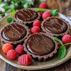 To make your mini chocolate tarts, you need these key ingredients: - For the tart crust: - 1 ½ cups all-purpose flour - ½ cup unsweetened cocoa powder - ½ cup powdered sugar - ½ cup unsalted butter, cold and diced - 1 large egg yolk - 3 tablespoons ice water - For the chocolate ganache: - 1 cup dark chocolate chips - 1 cup heavy cream - 1 tablespoon vanilla extract - Pinch of salt - Optional garnishes: - Fresh raspberries (these add a sweet and tart flavor) - Mint leaves (they bring a fresh touch) Each ingredient plays a vital role in achieving rich flavor and texture. The cocoa powder in the crust gives it a deep chocolate taste. The heavy cream and chocolate chips create a smooth, luscious ganache that fills each tart. Raspberries and mint not only enhance the look but also elevate the taste. For a more detailed guide, check out the Full Recipe. This will help you gather everything you need for your baking adventure! To start, combine the dry ingredients. I use a food processor for this. Add 1 ½ cups of all-purpose flour, ½ cup of unsweetened cocoa powder, and ½ cup of powdered sugar. Pulse these until mixed. Next, add ½ cup of cold, diced unsalted butter. Pulse again until the mixture looks like coarse crumbs. Now, add 1 large egg yolk and 3 tablespoons of ice water. Pulse until the dough comes together. If it feels too dry, add a bit more water, one teaspoon at a time. Once you have your dough, form it into a disk. Wrap it in plastic and chill it in the fridge for at least 30 minutes. This step helps the butter firm up, making a crisp crust. After chilling, preheat your oven to 350°F (175°C). On a floured surface, roll out the dough to about 1/8 inch thick. Use a cutter to make circles that fit in your mini tart pan. Press the dough circles into the molds. Trim off any excess dough and prick the bottoms with a fork. This prevents bubbling while baking. Bake the tart shells for 10 to 12 minutes. They should feel firm to the touch. Allow the shells to cool completely before filling. For the ganache, heat 1 cup of heavy cream in a saucepan over medium heat. You want it just to simmer but not boil. Once it’s hot, remove it from the heat and add 1 cup of dark chocolate chips along with 1 tablespoon of vanilla extract and a pinch of salt. Let this sit for about a minute. Now, stir the mixture until it's smooth and fully combined. The ganache should be glossy and thick. This rich chocolate filling is what makes the tarts so special. Once your tart shells are cool, pour the ganache into them, filling each about ¾ full. Chill the tarts in the refrigerator for at least one hour, or until the chocolate is set. After that, you can garnish them as you like. For the full recipe, check out the detailed instructions above. Enjoy your mini chocolate tarts! To make mini chocolate tarts, you need some key tools. Here’s what you should have: - Food processor - Mini tart pans or molds - Rolling pin - Mixing bowls - Baking sheets - Parchment paper These tools help you create perfect tarts. A common mistake is overworking the dough. This makes the crust tough. Always handle it gently. Another mistake is not chilling the dough. Chilling helps keep the crust flaky. You can easily change up the taste of your ganache. Try adding these flavors: - A splash of espresso for a coffee kick - Orange zest for a zesty twist - A bit of sea salt to enhance the chocolate flavor For those with dietary needs, consider using these crust options: - Almond flour for a gluten-free crust - Coconut oil instead of butter for a dairy-free choice These simple changes keep the mini chocolate tarts fun and exciting. If you want the full recipe, it includes all the steps to make these delicious treats. {{image_2}} You can easily change the taste of your mini chocolate tarts. Adding flavors like orange zest or a splash of coffee can enhance the chocolate. Orange zest gives a bright, fresh touch. Coffee adds depth and richness. For toppings, think outside the box. Chopped nuts add a nice crunch. A sprinkle of sea salt balances the sweetness and enhances the chocolate flavor. You can also try fresh fruits, like berries or banana slices, for a fruity twist. These little changes make each tart unique and fun. If you need a gluten-free option, there are great crust alternatives. You can use almond flour or gluten-free flour blends. These options keep your tarts tasty without gluten. For a vegan twist, make your chocolate ganache with coconut cream and dairy-free chocolate. This way, everyone can enjoy a delicious treat. These adaptations let you share mini chocolate tarts with all your friends and family. For more details, check out the Full Recipe. To keep your mini chocolate tarts fresh, use these best practices: - Refrigerating: Place the tarts in an airtight container. This keeps them moist and tasty. They stay fresh for up to 3 days in the fridge. - Freezing: If you want to save some for later, freeze the tarts. Wrap each one in plastic wrap tightly. Then, place them in a freezer-safe bag. This method preserves their flavor and texture for up to 2 months. After freezing, note that the tarts may lose some texture. To maintain quality, freeze them without the garnish. Add fresh raspberries and mint leaves just before serving. To revive your tarts after freezing, follow these steps: 1. Thawing: Take the tarts out of the freezer. Let them sit in the fridge overnight or at room temperature for a couple of hours. 2. Reheating: Warm them up in the oven. Preheat your oven to 350°F (175°C). Place the tarts on a baking sheet. Heat for about 10 minutes. This helps restore their original taste and texture. For serving, consider drizzling extra ganache on top. You can also pair them with a scoop of vanilla ice cream. This adds a nice contrast and elevates the dessert experience. Whether you enjoy them fresh or after storage, mini chocolate tarts are always a delightful treat! For the full recipe, check out the details above. How to prevent the crust from becoming soggy? To keep your crust crisp, avoid adding too much liquid. Use cold butter and chill the dough. When baking, prick the bottom of the crust with a fork. This helps steam escape. You can also blind bake the shells. This means baking them empty for a bit before adding the ganache. Can I use milk chocolate instead of dark chocolate? Yes, you can use milk chocolate. It will make the ganache sweeter and creamier. If you want a richer flavor, try mixing both chocolates. This way, you enjoy the best of both worlds. Best accompaniments for mini chocolate tarts Pairing these tarts with fresh berries is delightful. Raspberries or strawberries add a nice tartness. You can also serve them with whipped cream for extra richness. A sprinkle of sea salt can enhance the chocolate flavor too. Suggestions for beverages that pair well Coffee is a classic choice. The bitterness balances the sweetness of the tarts. You can also enjoy them with a glass of dessert wine. A rich red wine complements the chocolate well. Recommended stores for purchasing high-quality tarts Look for local gourmet shops or specialty bakeries. These places often sell fresh mini tarts. Whole Foods and Trader Joe's are good options too. They usually have a nice selection of desserts. Local bakers or bakeries that specialize in mini desserts Check out your area’s local bakeries. Many bakeries offer mini desserts that are delicious. You can find unique flavors and styles that are hard to resist. Ask around for recommendations or look online for reviews. You now have all the steps to make delicious mini chocolate tarts. We covered ingredients, from the crust to the ganache, and even some tasty garnishes. I shared baking tips and tricks to help avoid common mistakes. Remember to try different flavors and adapt for dietary needs. Proper storage will keep your tarts fresh longer. Now, get creative and enjoy sharing these treats with friends and family! Your next dessert is sure to impress.