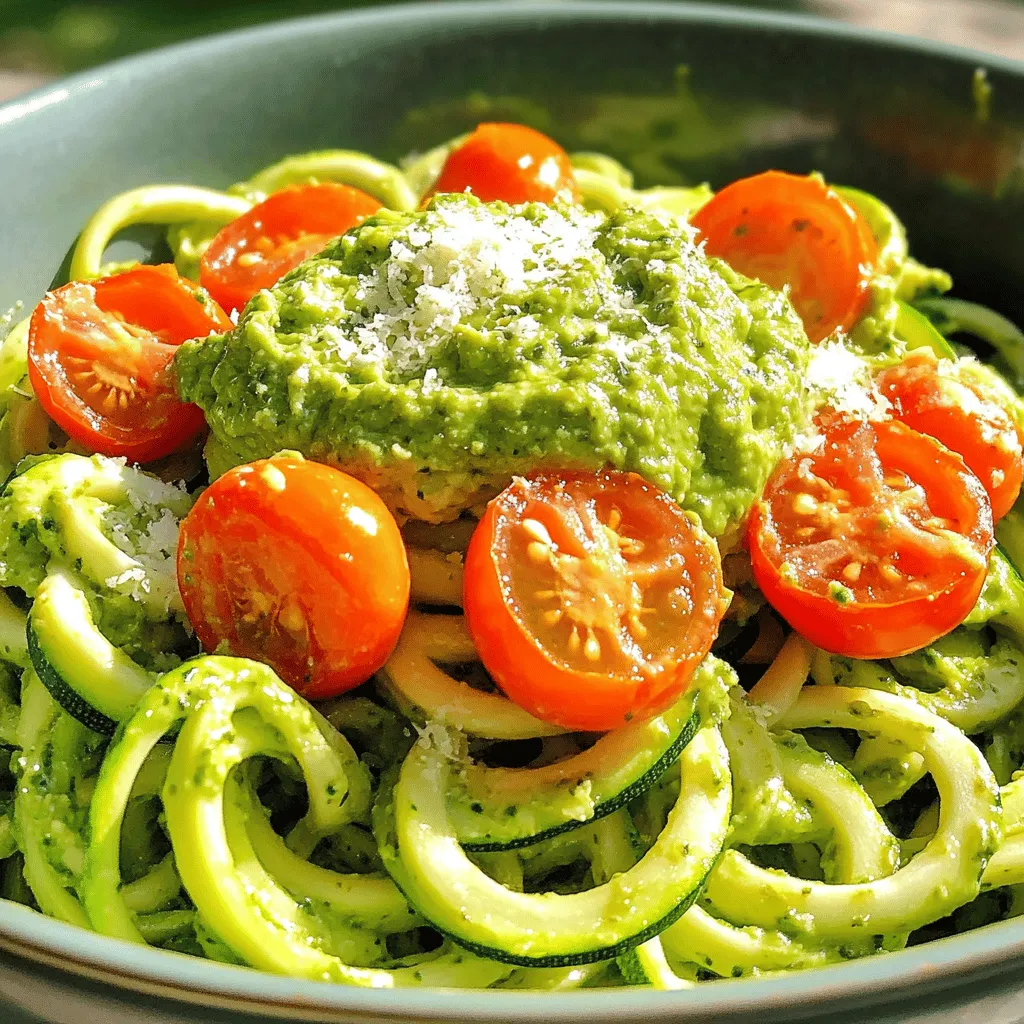 - 4 medium zucchinis - 1 ripe avocado - 1 cup fresh basil leaves - ¼ cup pine nuts (or walnuts) - 2 tablespoons lemon juice - 2 tablespoons olive oil - 1 garlic clove, minced - Salt and pepper to taste - Cherry tomatoes (for garnish) - Grated Parmesan cheese (optional) To make zucchini noodles with pesto, you need fresh and simple ingredients. Zucchini acts as a great pasta substitute. The ripe avocado gives the pesto its creamy texture. Fresh basil adds a burst of flavor. You can choose between pine nuts or walnuts for a nutty taste. The lemon juice brightens the dish. Olive oil helps blend everything smoothly. Garlic adds depth, while salt and pepper enhance the flavors. For garnish, cherry tomatoes add a pop of color. If you like cheese, Parmesan is a tasty option. - Calories per serving: About 250 calories - Macronutrients breakdown: Approximately 20g carbs, 15g fats, 6g protein - Dietary considerations: This dish is gluten-free and can be vegan if you skip the cheese. Zucchini noodles with pesto are not just tasty; they are also healthy. They provide vitamins and minerals, making them a great choice for many diets. Each serving has low calories and fits into a balanced meal plan. You can easily adjust the recipe to suit your needs. For instance, omit the cheese for a vegan option. Enjoy this dish guilt-free! If you're looking for the full recipe, check out the Full Recipe section. To make zucchini noodles, you have a few choices. You can use a spiralizer for fun, curly noodles. If you don’t have one, a vegetable peeler works too. Just peel the zucchini into long strips. This gives you a nice, flat noodle shape. Once you have your noodles, it’s time to blanch them. Start by boiling a large pot of water. Add a small pinch of salt for flavor. When the water boils, add the zucchini noodles. Blanch for just 1-2 minutes. You want them tender, not mushy. After that, drain the noodles and set them aside. Now, let’s whip up that creamy pesto. Gather your ingredients: the ripe avocado, fresh basil leaves, pine nuts, lemon juice, olive oil, minced garlic, salt, and pepper. In a food processor, combine all these ingredients. Blend until the mixture is smooth and creamy. It should look bright green and tasty! Take a moment to taste it. If you want more flavor, adjust the salt or add more lemon juice. You can also toss in extra nuts if you like a richer flavor. With the pesto ready, it’s time to mix everything together! In a large bowl, add the zucchini noodles. Pour the avocado pesto over the noodles. Use tongs or a fork to toss and coat the noodles well. Make sure every noodle gets a nice layer of pesto. For serving, place the coated noodles on a plate. Top with halved cherry tomatoes for a pop of color. If you want to add a touch of richness, sprinkle some grated Parmesan cheese on top. Enjoy your fresh and flavorful dish! For the full recipe, refer to the details above. To keep your zucchini noodles from getting soggy, follow these tips: - Blanch Quickly: Cook the zoodles in boiling water for just 1-2 minutes. This keeps them firm. - Drain Well: After boiling, drain the noodles thoroughly to remove excess water. - Use Salt Sparingly: Salt can draw out moisture. Use it wisely to keep zoodles crisp. If you need to store zoodles temporarily, place them in a paper towel-lined container. This absorbs moisture and keeps them fresh for a day or two. Pesto is versatile. If you want to switch things up, try these: - Nut Substitutions: Use walnuts instead of pine nuts for a different taste. You can also try sunflower seeds if allergies are a concern. - Extra Herbs or Spices: Add a hint of oregano or some red pepper flakes for an extra kick. These little changes can make a big difference. Presentation makes your dish shine. Here are a few ideas: - Garnish Wisely: Top your zoodles with halved cherry tomatoes for color and freshness. A sprinkle of grated Parmesan adds a nice touch, too. - Creative Arrangements: Spiral your zoodles in a nest shape on the plate. This makes the dish look fun and inviting. Using these tips will elevate your zucchini noodles with pesto. For the full recipe, check the earlier section. Enjoy your cooking! {{image_2}} You can change the sauce for your zucchini noodles. A classic choice is traditional pesto. This sauce uses basil, garlic, and Parmesan cheese. It adds a rich taste that pairs well with zoodles. If you want a twist, try sun-dried tomato pesto. This version has a tangy flavor and bright color. It gives the dish a unique and tasty spin. Adding protein makes your meal heartier. You can add cooked chicken or shrimp right into the noodles. This will boost the protein level and make it more filling. For a dairy-free option, try vegan cheese. It melts well and adds creaminess without the dairy. This choice is great for those with dietary restrictions. Seasonal vegetables can enhance your dish. In summer, add fresh bell peppers or cherry tomatoes. In fall, consider roasted butternut squash. These additions bring new flavors and colors. Different herbs can also make a big impact. Use fresh cilantro or parsley instead of basil. Experimenting with herbs keeps your dish fun and exciting. To keep your zucchini noodles fresh, store them in the fridge. Place the noodles in an airtight container. This helps reduce moisture, which can make them soggy. You can also use a paper towel inside the container. It will absorb extra water. I recommend glass containers with tight lids. They are durable and keep food fresh. If you use plastic, make sure it is BPA-free. Label your container with the date. This way, you won't forget when you made the dish. You can freeze zucchini noodles for later use. First, blanch them in boiling water for a minute. This step helps preserve their color and texture. After blanching, cool them quickly in ice water. Then, drain and pack them tightly in freezer bags. To defrost, place the bag in the fridge overnight. For quick defrosting, use the microwave on the defrost setting. Once thawed, drain any excess water. Reheat the noodles in a pan over low heat to warm them up. Refrigerated zucchini noodles last about three days. If you notice any discoloration or a slimy texture, it's time to toss them. Watch for bad smells or mold. If any of these signs appear, do not eat the noodles. Always prioritize food safety for a healthy meal. To make zucchini noodles with pesto, you start by spiralizing the zucchinis into noodles. If you lack a spiralizer, a vegetable peeler will work too. Next, bring a pot of water to boil and add a pinch of salt. Blanch the zucchini noodles for 1-2 minutes until just tender, then drain them. For the pesto, blend avocado, basil, pine nuts, lemon juice, olive oil, garlic, salt, and pepper until smooth. Toss the noodles with the pesto until well-coated. Serve fresh, garnished with cherry tomatoes and Parmesan cheese. For the full recipe, check out our detailed guide. Yes, you can use store-bought pesto. It saves time and is convenient. However, store-bought options may lack the fresh taste of homemade. They can also contain preservatives and added salt. Making your own pesto lets you control the flavors and ingredients. You can adjust it to suit your taste. Zucchini noodles are quite healthy. They are low in calories and high in vitamins. One serving has fewer carbs than regular pasta. Zucchini provides fiber, which helps digestion. Plus, it’s rich in antioxidants. In contrast, regular pasta is higher in calories and carbs. Zucchini noodles are a great choice for gluten-free or low-carb diets. They offer a light and fresh alternative to traditional pasta dishes. We explored making delicious zucchini noodles with homemade pesto. You learned about key ingredients, like fresh basil and ripe avocado. We also covered step-by-step instructions, tips for perfecting your zoodles, and creative variations. Remember, this dish is not just tasty; it’s healthy too. You can easily customize it to fit your needs. Enjoy experimenting and making this meal your own!