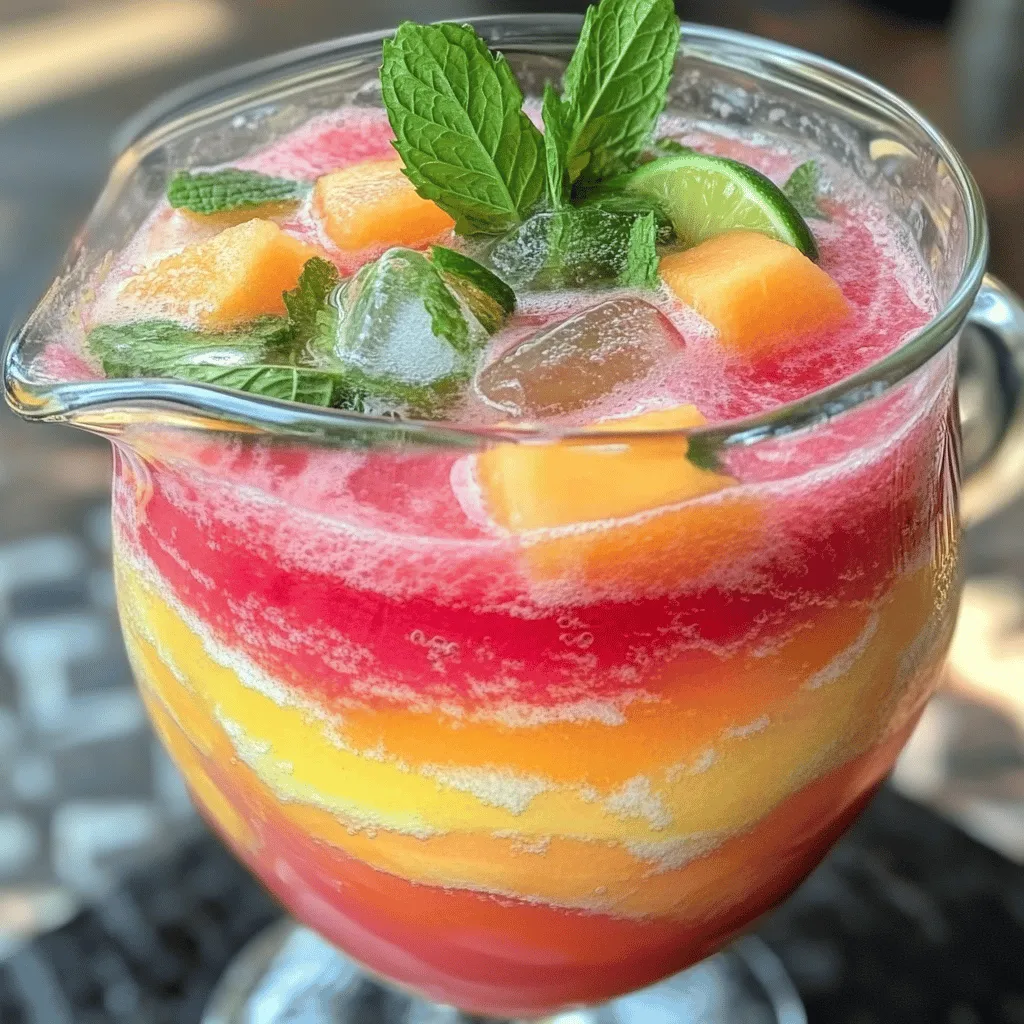 - 4 cups of ripe watermelon, cubed and seeded - 2 cups of cantaloupe, cubed - 1 cup fresh mint leaves, loosely packed Watermelon and cantaloupe are the stars of this drink. They bring sweetness and juiciness. Watermelon is refreshing, especially in summer. Cantaloupe adds a nice touch of flavor. Fresh mint leaves give the drink a cool, bright taste. They make every sip feel special. - 2-4 tablespoons agave syrup or honey (to taste) Sweeteners help balance the flavors. Agave syrup is great because it dissolves easily. Honey also adds a rich depth. You can adjust the amount based on your taste. Start with less, then add more if needed. - 3 tablespoons lime juice (about 1-2 limes) - A pinch of salt - 4 cups cold water Lime juice adds a zesty kick. It brightens up the taste of the fruits. A pinch of salt enhances all the flavors. Cold water helps blend it all together. This combination makes the drink light and refreshing. For the full recipe, check out the details above. - Step 1: Blend fruits and mint Start by cutting your watermelon and cantaloupe into cubes. Place them in a blender. Add the fresh mint leaves and lime juice. Also, add a pinch of salt. Blend these ingredients for 1-2 minutes until smooth. You want a vibrant and fragrant mix! - Step 2: Strain the mixture (optional) If you like a smoother drink, pour the blended mixture through a fine mesh sieve. This step removes pulp and makes the drink lighter. If you prefer a thicker texture, skip this step. Your choice! - Step 3: Add cold water Pour 4 cups of cold water into the pitcher with your blended mixture. Stir well to combine. This step makes your agua fresca refreshing and light. - Step 4: Sweeten to taste Now, it's time to add sweetness! Use agave syrup or honey, starting with 2 tablespoons. Mix well and taste. Adjust the sweetness as you prefer. You can always add more! - Step 5: Chill before serving For the best taste, chill your agua fresca in the fridge for at least 1 hour. This makes it super refreshing on a hot day. If you're short on time, serve it over ice. - Step 6: Garnish with mint and lime Pour the chilled agua fresca into glasses. Garnish each one with extra mint leaves and a slice of lime. This adds a lovely touch and makes your drink look beautiful. Enjoy your Minted Melon Agua Fresca! Choosing the right melons is key. Look for ripe, sweet watermelon and cantaloupe. A ripe watermelon feels heavy and has a uniform shape. The skin should be dull, not shiny. For cantaloupe, a sweet aroma and a slight give when pressed show ripeness. Adjusting sweetness levels helps create the perfect balance. Start with a small amount of agave syrup or honey. Blend, taste, and add more if needed. Some melons are sweeter than others, so taste as you go. Adding other herbs can elevate your agua fresca. Try basil or lemon balm for a twist. These herbs pair well with mint and add a new layer of flavor. Chop them finely and blend them in. Experimenting with citrus can brighten the drink. Lime juice adds a tartness that complements the sweetness of the melons. You can also try orange or lemon juice for different flavors. Over-blending can make your agua fresca too watery. Blend just until combined for the best texture. A smooth blend is great, but you want some body. Skipping the chilling step can affect taste. Chilling allows flavors to meld and improves the drink's refreshment. Aim to chill for at least one hour before serving. This step is crucial for the best experience. For the full recipe, check the details above! {{image_2}} You can switch up the fruits in your agua fresca. Try using other melons. Honeydew melon adds a sweet touch. You can also mix in cantaloupe with watermelon. This blend gives a unique flavor. Berries bring a fun twist, too. Strawberries or blueberries can work well. Just blend them with the other fruits. This will give you a berry-infused drink. The color also looks great in your glass. Herbs can add a fresh taste to your agua fresca. Basil is one great choice. It pairs nicely with melon and mint. Just add a few leaves to your blender. You will love the herby aroma. You can try different mint varieties, too. Peppermint or chocolate mint can spice things up. Each type of mint has its own flavor. This lets you create your own signature drink. Sweeteners can change your drink’s taste. Flavored syrups, like vanilla or coconut, can add fun notes. Just mix them in after blending the fruit. Adjust the amount to fit your taste. If you prefer natural options, try using agave nectar or honey. These sweeteners can add depth. They also work well with the fruity flavors. You can even skip sweeteners altogether if you like. Just let the fruit shine through. For the complete recipe, check out the Full Recipe section. After making your agua fresca, store any leftovers in the fridge. Use a tight lid on your container to keep it fresh. A glass pitcher or jar works best for this. It helps keep flavors strong and prevents spills. Minted melon agua fresca lasts about 3 days in the fridge. After that, it may lose its taste and freshness. Always check for any changes in smell or color before drinking. You can freeze agua fresca for later use. Pour it into ice cube trays or freezer-safe bags. When you're ready to enjoy it again, just thaw it in the fridge overnight. This keeps the flavors bright and refreshing! To make Minted Melon Agua Fresca, gather your ingredients. You need ripe watermelon, cantaloupe, fresh mint, lime juice, cold water, and sweetener. Start by blending the watermelon, cantaloupe, mint, lime juice, and a pinch of salt. Blend until smooth. You can choose to strain it for a smoother drink, or leave it as is for more texture. Next, stir in the cold water and sweeten to taste. Chill it for at least an hour before serving. For a fun touch, garnish with mint leaves and a lime slice. You can find the full recipe above. Yes, you can use frozen fruit! Frozen watermelon and cantaloupe make a nice alternative. They can add a frosty texture to your drink. Just remember to let the fruit thaw slightly. This will make blending easier. If you use frozen fruit, you might want to skip the ice when serving. This keeps your drink from becoming too watery. Yes, this drink is quite healthy! Watermelon is hydrating and low in calories. It contains vitamins A and C, which are great for your skin. Mint adds a refreshing flavor and helps with digestion. It also has antioxidants. Together, they create a drink that feels good and tastes great. Enjoying this agua fresca is a tasty way to stay hydrated during hot days. Absolutely! You can make Minted Melon Agua Fresca without sugar. Simply skip the agave syrup or honey. The natural sweetness from the watermelon and cantaloupe is often enough. If you want a little more sweetness, you can add a splash of lime juice. This adds flavor without extra sugar. You can also try stevia or monk fruit as natural sweeteners. This blog post covered how to make a refreshing Minted Melon Agua Fresca. We discussed the main ingredients, including watermelon and cantaloupe. I shared easy, step-by-step instructions for blending and chilling your drink. I also listed tips to perfect your agua fresca, variations to try, and storage tips for leftovers. In the end, this drink is simple, tasty, and healthy. You can switch ingredients and adjust sweetness to fit your taste. Experiment with flavors and enjoy your creation!