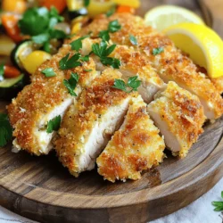 To make Crispy Parmesan Crusted Chicken, gather these simple ingredients: - 4 boneless, skinless chicken breasts - 1 cup grated Parmesan cheese - 1 cup breadcrumbs (preferably panko for extra crunch) - 2 eggs - 1 teaspoon garlic powder - 1 teaspoon onion powder - 1 teaspoon dried Italian herbs - Salt and pepper to taste - ½ cup all-purpose flour - Cooking spray or olive oil for greasing These ingredients create a crispy crust and juicy chicken. The Parmesan cheese adds a rich flavor. The panko breadcrumbs give it that extra crunch. If you want to use fresh herbs, feel free to substitute them. This dish is easy to make and perfect for a weeknight meal. You can find the full recipe in the article. Preparation Steps - Preheat your oven to 400°F (200°C). - Line a baking sheet with parchment paper and lightly grease it. - Set up a dredging station. Use three shallow bowls: - In the first bowl, mix flour with salt and pepper. - In the second bowl, whisk the eggs until smooth. - In the last bowl, mix the grated Parmesan, breadcrumbs, garlic powder, onion powder, and dried herbs. Coating the Chicken - Take each chicken breast and pat it dry. - First, dip the chicken into the flour, shaking off excess. - Next, dip it into the egg, covering it well. - Finally, press the chicken into the Parmesan-breadcrumb mix. Ensure both sides are well coated. - Place the coated chicken on the prepared baking sheet. - Repeat this process for all chicken breasts. Baking the Chicken - Once all pieces are coated, lightly spray the tops with cooking spray. - Bake in the preheated oven for 25-30 minutes. - Look for a golden brown color and an internal temperature of 165°F (75°C). - For extra crispiness, turn on the broiler for 2-3 minutes at the end. - Watch carefully to avoid burning. - After cooking, let the chicken rest for 5 minutes before slicing. For a detailed recipe, check out the Full Recipe. To get a crispy crust, you need the right temperature and timing. Preheat your oven to 400°F (200°C). Bake the chicken for about 25 to 30 minutes. Use a meat thermometer to check the internal temperature. It should reach 165°F (75°C) for safety. Panko breadcrumbs are key for that extra crunch. They are larger and flakier than regular breadcrumbs. This texture helps create a light and crispy crust. If you can, use panko for the best results. You can pan-fry the chicken for a different taste. Heat oil in a skillet over medium heat. Cook the chicken for about 5 to 7 minutes on each side. This method gives you a golden crust quickly. An air fryer is a healthy option too. It uses hot air to cook the chicken, making it crispy with less oil. Set the air fryer to 375°F (190°C). Cook for about 15 to 20 minutes, flipping halfway through. Adding spices or herbs to the coating can boost the flavor. Consider using smoked paprika for a smoky taste. You can also try adding cayenne pepper for a kick. Fresh herbs like parsley or thyme can add brightness. Mix them into the breadcrumb coating for a flavor-packed meal. For the full recipe, check out the [Full Recipe]. {{image_2}} You can change the flavor of your chicken by using different dried herbs. Try adding thyme for a fresh taste, or rosemary for a warm flavor. Basil gives a nice Italian touch. Oregano works well too! Mix and match to find your favorite blend. The key is to keep it balanced. Too many herbs may overpower the dish. Using various cheeses can really change the dish. Romano cheese offers a sharper taste than Parmesan. Cheddar can add a rich, creamy flavor. If you like it spicy, try pepper jack for a kick. You can also blend cheeses for a unique flavor profile. Just remember, adjust the amount for a perfect melt. If you need a gluten-free option, it's easy to switch things up. Use gluten-free breadcrumbs instead of regular ones. Almond flour is a great substitute for all-purpose flour. You can also use crushed gluten-free crackers. This way, everyone can enjoy Crispy Parmesan Crusted Chicken without worry. Just make sure to check all labels for hidden gluten. For the full recipe, check out the Crispy Parmesan Crusted Chicken. To store leftovers, let the chicken cool first. Wrap each piece in plastic wrap or place it in an airtight container. This keeps the chicken moist and tasty. Store it in the fridge for up to three days. If you want to enjoy it later, make sure it’s sealed well. For freezing, follow these steps: - Allow the chicken to cool completely. - Wrap each piece tightly in plastic wrap, then foil. - Place all wrapped pieces in a freezer bag or container. This method helps keep the chicken fresh for up to three months. To reheat and keep the chicken crispy, use the oven. Preheat your oven to 375°F (190°C). Place the chicken on a baking sheet. Heat for about 15-20 minutes or until warm. You can also use an air fryer. Set it to 350°F (175°C) for about 10 minutes. This helps keep the crust crunchy! For more tips and the complete recipe, check the Full Recipe. To know if the chicken is done, check the internal temperature. You want it to reach 165°F (75°C). This ensures all the juices stay locked in, making the chicken moist and safe to eat. Yes, you can prep this dish ahead. Coat the chicken breasts and place them in the fridge. This can make dinner time easier. Just bake them when you are ready! Great sides for this dish include: - Steamed broccoli - Roasted carrots - Garlic mashed potatoes - A fresh garden salad These sides balance the flavors and make your meal more complete. Absolutely! You can use non-dairy cheese options. Look for dairy-free Parmesan or nutritional yeast. These can give you a similar taste and texture without dairy. This blog post covered how to make Crispy Parmesan Crusted Chicken. We explored the ingredients, which are easy to find and prepare. I shared crucial steps for coating and baking the chicken, plus tips for a perfect crunchy crust. You can also try variations and methods for storage or reheating. In the end, this dish is simple, tasty, and versatile. Whether you want a quick dinner or meal prep, it will impress your family. Enjoy making it your own!